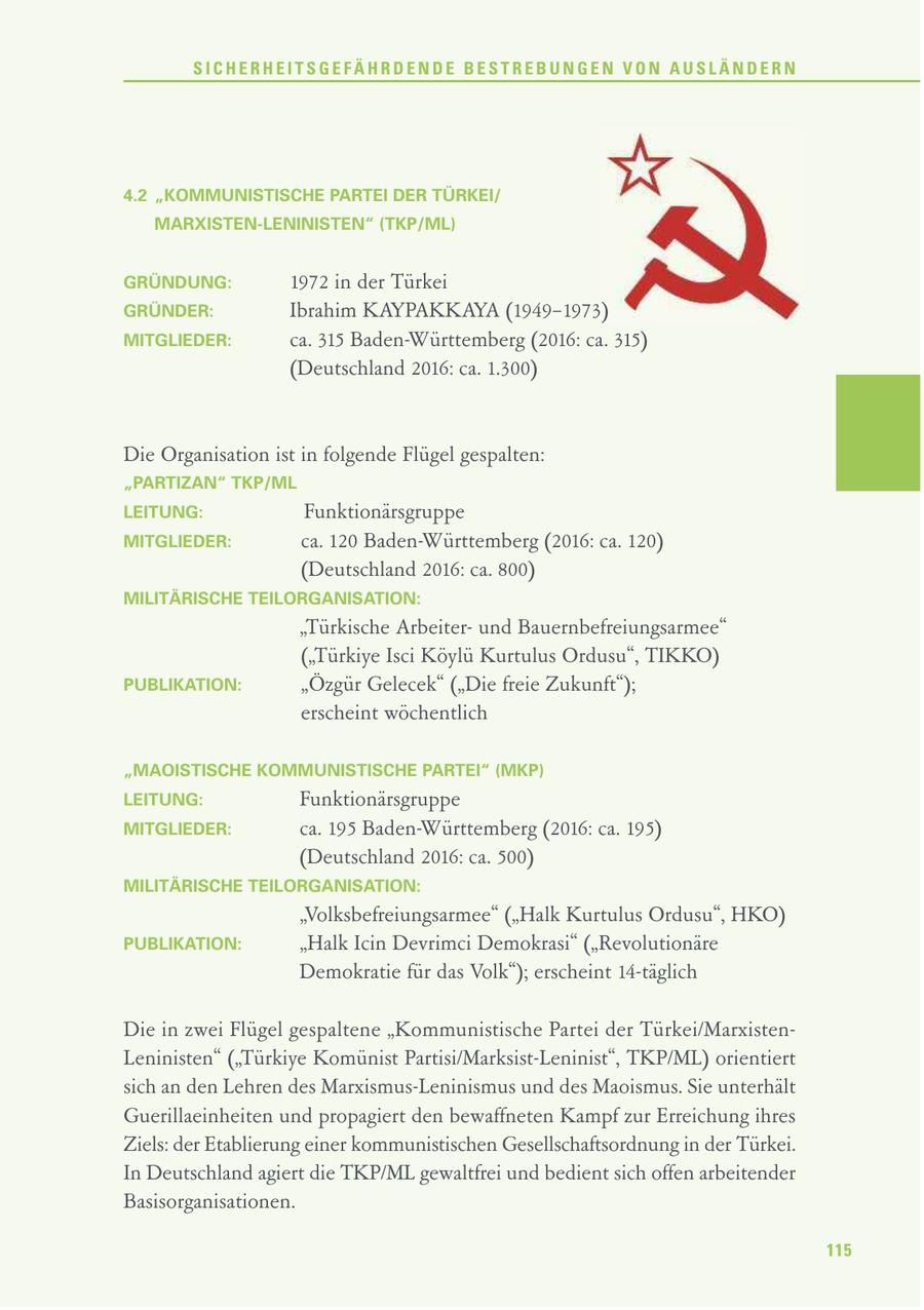 SICHERHEITSGEFÄHRDENDE BESTREBUNGEN VON AUSLÄNDERN 4.2 "KOMMUNISTISCHE PARTEI DER TÜRKEI/ MARXISTEN-LENINISTEN" (TKP/ML) GRÜNDUNG: 1972 in der Türkei GRÜNDER: Ibrahim KAYPAKKAYA (1949-1973) MITGLIEDER: ca. 315 Baden-Württemberg (2016: ca. 315) (Deutschland 2016: ca. 1.300) Die Organisation ist in folgende Flügel gespalten: "PARTIZAN" TKP/ML LEITUNG: Funktionärsgruppe MITGLIEDER: ca. 120 Baden-Württemberg (2016: ca. 120) (Deutschland 2016: ca. 800) MILITÄRISCHE TEILORGANISATION: "Türkische Arbeiterund Bauernbefreiungsarmee" ("Türkiye Isci Köylü Kurtulus Ordusu", TIKKO) PUBLIKATION: "Özgür Gelecek" ("Die freie Zukunft"); erscheint wöchentlich "MAOISTISCHE KOMMUNISTISCHE PARTEI" (MKP) LEITUNG: Funktionärsgruppe MITGLIEDER: ca. 195 Baden-Württemberg (2016: ca. 195) (Deutschland 2016: ca. 500) MILITÄRISCHE TEILORGANISATION: "Volksbefreiungsarmee" ("Halk Kurtulus Ordusu", HKO) PUBLIKATION: "Halk Icin Devrimci Demokrasi" ("Revolutionäre Demokratie für das Volk"); erscheint 14-täglich Die in zwei Flügel gespaltene "Kommunistische Partei der Türkei/MarxistenLeninisten" ("Türkiye Komünist Partisi/Marksist-Leninist", TKP/ML) orientiert sich an den Lehren des Marxismus-Leninismus und des Maoismus. Sie unterhält Guerillaeinheiten und propagiert den bewaffneten Kampf zur Erreichung ihres Ziels: der Etablierung einer kommunistischen Gesellschaftsordnung in der Türkei. In Deutschland agiert die TKP/ML gewaltfrei und bedient sich offen arbeitender Basisorganisationen. 115