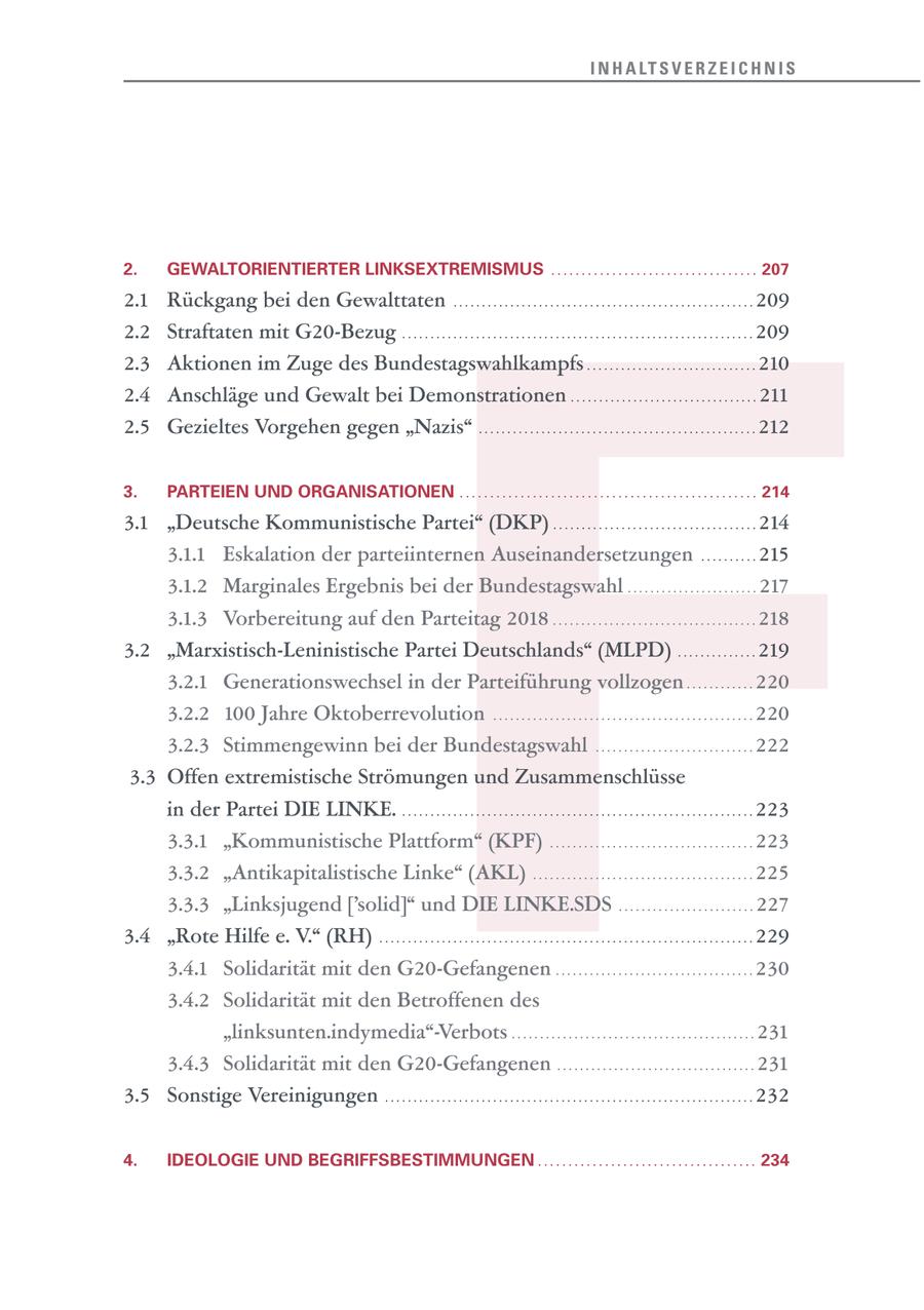 I N H A LT S V E R Z E I C H N I S F 2. GEWALTORIENTIERTER LINKSEXTREMISMUS .................................. 207 2.1 Rückgang bei den Gewalttaten . . . . . . . . . . . . . . . . . . . . . . . . . . . . . . . . . . . . . . . . . . . . . . . . . . . . . 209 2.2 Straftaten mit G20-Bezug . . . . . . . . . . . . . . . . . . . . . . . . . . . . . . . . . . . . . . . . . . . . . . . . . . . . . . . . . . . . . . 209 2.3 Aktionen im Zuge des Bundestagswahlkampfs . . . . . . . . . . . . . . . . . . . . . . . . . . . . . . 210 2.4 Anschläge und Gewalt bei Demonstrationen . . . . . . . . . . . . . . . . . . . . . . . . . . . . . . . . . 211 2.5 Gezieltes Vorgehen gegen "Nazis" . . . . . . . . . . . . . . . . . . . . . . . . . . . . . . . . . . . . . . . . . . . . . . . . . 212 3. PARTEIEN UND ORGANISATIONEN ................................................. 214 3.1 "Deutsche Kommunistische Partei" (DKP) . . . . . . . . . . . . . . . . . . . . . . . . . . . . . . . . . . . . 214 3.1.1 Eskalation der parteiinternen Auseinandersetzungen . . . . . . . . . . 215 3.1.2 Marginales Ergebnis bei der Bundestagswahl . . . . . . . . . . . . . . . . . . . . . . . 217 3.1.3 Vorbereitung auf den Parteitag 2018 . . . . . . . . . . . . . . . . . . . . . . . . . . . . . . . . . . . . 218 3.2 "Marxistisch-Leninistische Partei Deutschlands" (MLPD) . . . . . . . . . . . . . . 219 3.2.1 Generationswechsel in der Parteiführung vollzogen . . . . . . . . . . . . 220 3.2.2 100 Jahre Oktoberrevolution . . . . . . . . . . . . . . . . . . . . . . . . . . . . . . . . . . . . . . . . . . . . . . 220 3.2.3 Stimmengewinn bei der Bundestagswahl . . . . . . . . . . . . . . . . . . . . . . . . . . . . 222 3.3 Offen extremistische Strömungen und Zusammenschlüsse in der Partei DIE LINKE. . . . . . . . . . . . . . . . . . . . . . . . . . . . . . . . . . . . . . . . . . . . . . . . . . . . . . . . . . . . . . . 223 3.3.1 "Kommunistische Plattform" (KPF) . . . . . . . . . . . . . . . . . . . . . . . . . . . . . . . . . . . . 223 3.3.2 "Antikapitalistische Linke" (AKL) . . . . . . . . . . . . . . . . . . . . . . . . . . . . . . . . . . . . . . . 225 3.3.3 "Linksjugend ['solid]" und DIE LINKE.SDS . . . . . . . . . . . . . . . . . . . . . . . . 227 3.4 "Rote Hilfe e. V." (RH) . . . . . . . . . . . . . . . . . . . . . . . . . . . . . . . . . . . . . . . . . . . . . . . . . . . . . . . . . . . . . . . . . . 229 3.4.1 Solidarität mit den G20-Gefangenen . . . . . . . . . . . . . . . . . . . . . . . . . . . . . . . . . . . 230 3.4.2 Solidarität mit den Betroffenen des "linksunten.indymedia"-Verbots . . . . . . . . . . . . . . . . . . . . . . . . . . . . . . . . . . . . . . . . . . . 231 3.4.3 Solidarität mit den G20-Gefangenen . . . . . . . . . . . . . . . . . . . . . . . . . . . . . . . . . . . 231 3.5 Sonstige Vereinigungen . . . . . . . . . . . . . . . . . . . . . . . . . . . . . . . . . . . . . . . . . . . . . . . . . . . . . . . . . . . . . . . . . 232 4. IDEOLOGIE UND BEGRIFFSBESTIMMUNGEN . . . . . . . . . . . . . . . . . . . . . . . . . . . . . . . . . . . . 234