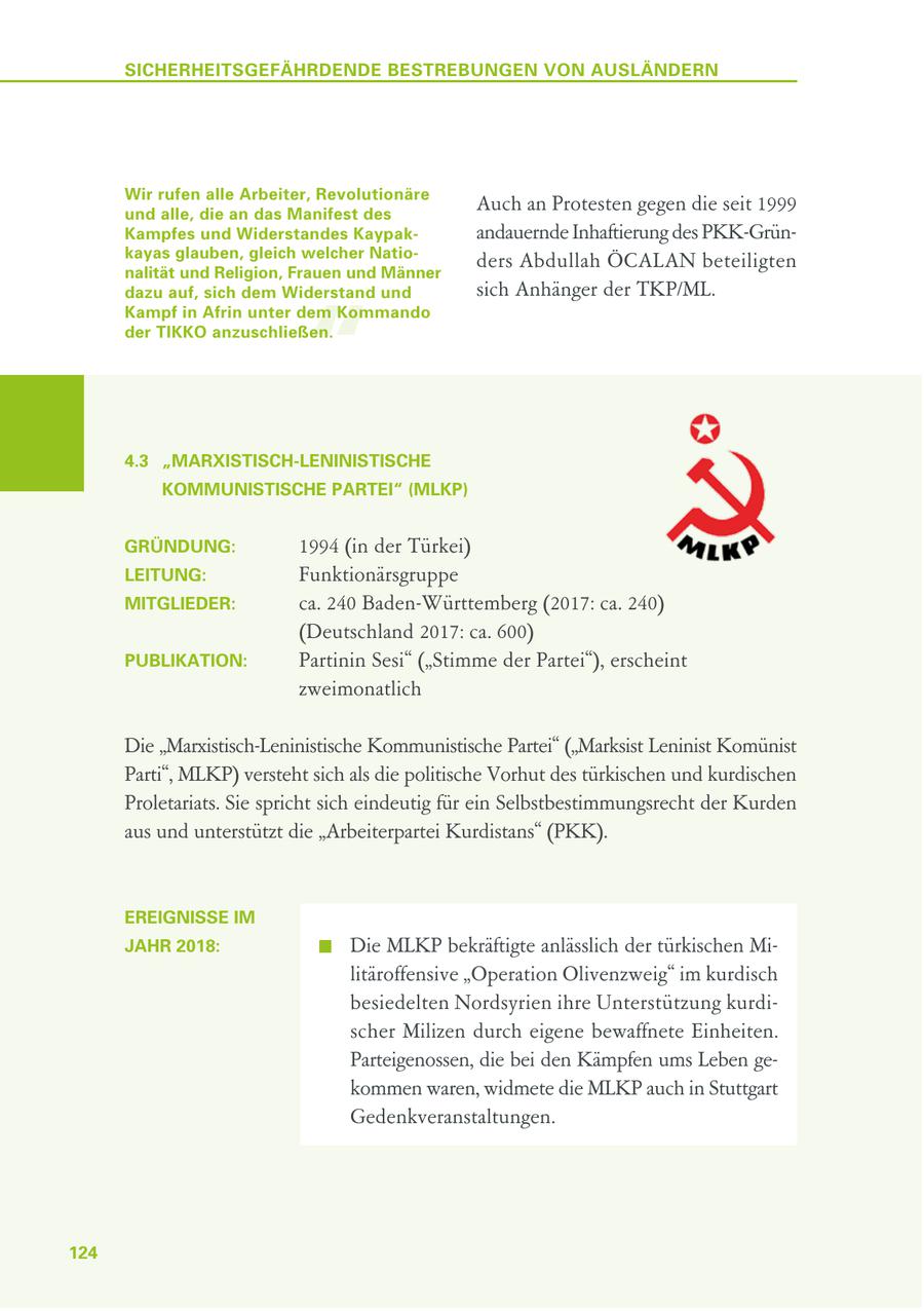 SICHERHEITSGEFÄHRDENDE BESTREBUNGEN VON AUSLÄNDERN Wir rufen alle Arbeiter, Revolutionäre und alle, die an das Manifest des Auch an Protesten gegen die seit 1999 Kampfes und Widerstandes Kaypakandauernde Inhaftierung des PKK-Grünkayas glauben, gleich welcher Natioders Abdullah ÖCALAN beteiligten nalität und Religion, Frauen und Männer dazu auf, sich dem Widerstand und sich Anhänger der TKP/ML. " Kampf in Afrin unter dem Kommando der TIKKO anzuschließen. 4.3 "MARXISTISCH-LENINISTISCHE KOMMUNISTISCHE PARTEI" (MLKP) GRÜNDUNG: 1994 (in der Türkei) LEITUNG: Funktionärsgruppe MITGLIEDER: ca. 240 Baden-Württemberg (2017: ca. 240) (Deutschland 2017: ca. 600) PUBLIKATION: Partinin Sesi" ("Stimme der Partei"), erscheint zweimonatlich Die "Marxistisch-Leninistische Kommunistische Partei" ("Marksist Leninist Komünist Parti", MLKP) versteht sich als die politische Vorhut des türkischen und kurdischen Proletariats. Sie spricht sich eindeutig für ein Selbstbestimmungsrecht der Kurden aus und unterstützt die "Arbeiterpartei Kurdistans" (PKK). EREIGNISSE IM JAHR 2018: Die MLKP bekräftigte anlässlich der türkischen Militäroffensive "Operation Olivenzweig" im kurdisch besiedelten Nordsyrien ihre Unterstützung kurdischer Milizen durch eigene bewaffnete Einheiten. Parteigenossen, die bei den Kämpfen ums Leben gekommen waren, widmete die MLKP auch in Stuttgart Gedenkveranstaltungen. 124