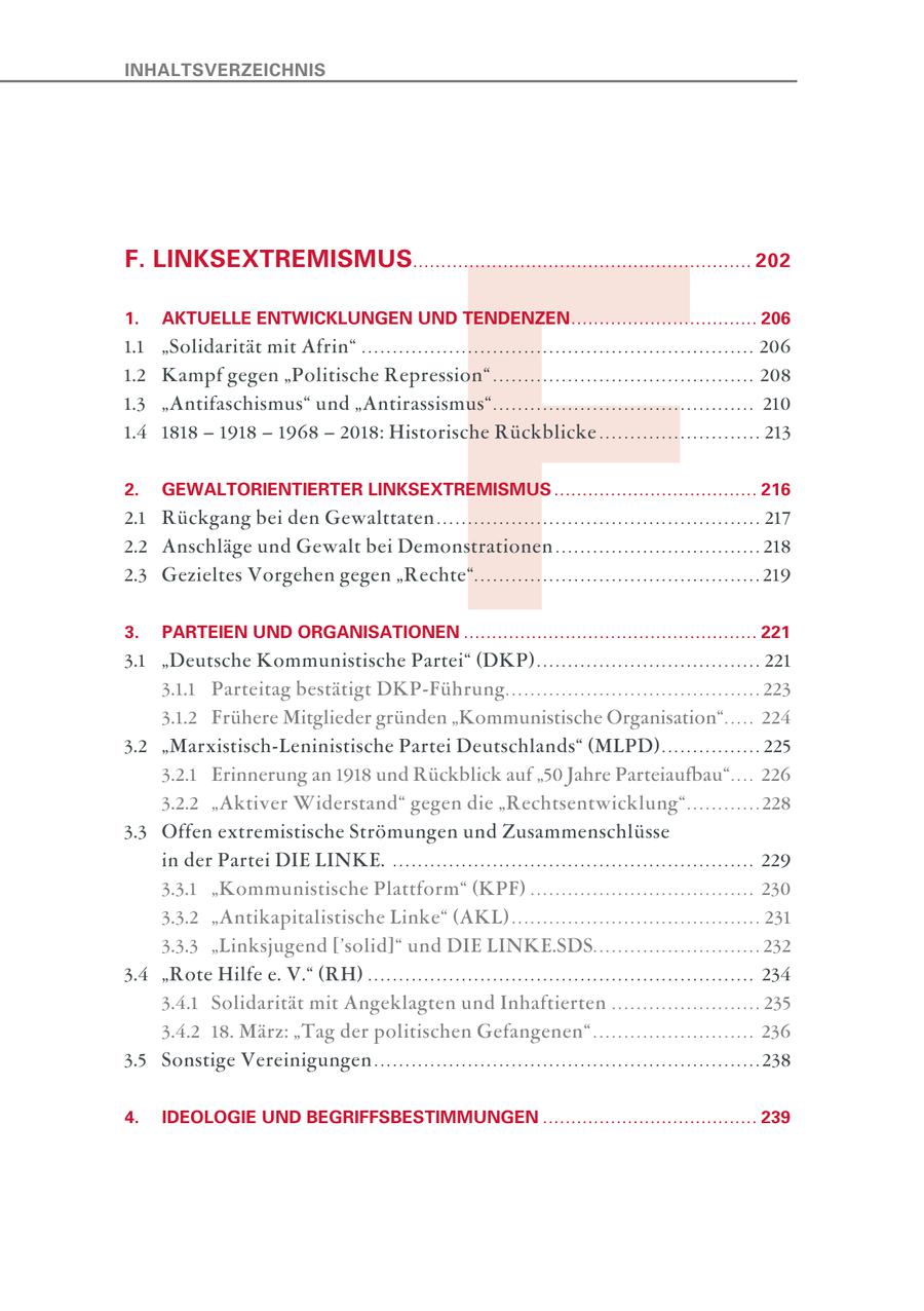 INHALTSVERZEICHNIS F F. LINKSEXTREMISMUS............................................................ 202 1. AKTUELLE ENTWICKLUNGEN UND TENDENZEN ................................. 206 1.1 "Solidarität mit Afrin" . . . . . . . . . . . . . . . . . . . . . . . . . . . . . . . . . . . . . . . . . . . . . . . . . . . . . . . . . . . . . . . 206 1.2 Kampf gegen "Politische Repression" . . . . . . . . . . . . . . . . . . . . . . . . . . . . . . . . . . . . . . . . . . 208 1.3 "Antifaschismus" und "Antirassismus" . . . . . . . . . . . . . . . . . . . . . . . . . . . . . . . . . . . . . . . . . . 210 1.4 1818 - 1918 - 1968 - 2018: Historische Rückblicke . . . . . . . . . . . . . . . . . . . . . . . . . . 213 2. GEWALTORIENTIERTER LINKSEXTREMISMUS .................................... 216 2.1 Rückgang bei den Gewalttaten . . . . . . . . . . . . . . . . . . . . . . . . . . . . . . . . . . . . . . . . . . . . . . . . . . . . 217 2.2 Anschläge und Gewalt bei Demonstrationen . . . . . . . . . . . . . . . . . . . . . . . . . . . . . . . . . 218 2.3 Gezieltes Vorgehen gegen "Rechte" . . . . . . . . . . . . . . . . . . . . . . . . . . . . . . . . . . . . . . . . . . . . . . 219 3. PARTEIEN UND ORGANISATIONEN .................................................... 221 3.1 "Deutsche Kommunistische Partei" (DKP) . . . . . . . . . . . . . . . . . . . . . . . . . . . . . . . . . . . . 221 3.1.1 Parteitag bestätigt DKP-Führung . . . . . . . . . . . . . . . . . . . . . . . . . . . . . . . . . . . . . . . . . 223 3.1.2 Frühere Mitglieder gründen "Kommunistische Organisation" . . . . . 224 3.2 "Marxistisch-Leninistische Partei Deutschlands" (MLPD) . . . . . . . . . . . . . . . . 225 3.2.1 Erinnerung an 1918 und Rückblick auf "50 Jahre Parteiaufbau" . . . . 226 3.2.2 "Aktiver Widerstand" gegen die "Rechtsentwicklung" . . . . . . . . . . . . 228 3.3 Offen extremistische Strömungen und Zusammenschlüsse in der Partei DIE LINKE. . . . . . . . . . . . . . . . . . . . . . . . . . . . . . . . . . . . . . . . . . . . . . . . . . . . . . . . . . . 229 3.3.1 "Kommunistische Plattform" (KPF) . . . . . . . . . . . . . . . . . . . . . . . . . . . . . . . . . . . . 230 3.3.2 "Antikapitalistische Linke" (AKL) . . . . . . . . . . . . . . . . . . . . . . . . . . . . . . . . . . . . . . . . 231 3.3.3 "Linksjugend ['solid]" und DIE LINKE.SDS . . . . . . . . . . . . . . . . . . . . . . . . . . . 232 3.4 "Rote Hilfe e. V." (RH) . . . . . . . . . . . . . . . . . . . . . . . . . . . . . . . . . . . . . . . . . . . . . . . . . . . . . . . . . . . . . . 234 3.4.1 Solidarität mit Angeklagten und Inhaftierten . . . . . . . . . . . . . . . . . . . . . . . . 235 3.4.2 18. März: "Tag der politischen Gefangenen" . . . . . . . . . . . . . . . . . . . . . . . . . . 236 3.5 Sonstige Vereinigungen . . . . . . . . . . . . . . . . . . . . . . . . . . . . . . . . . . . . . . . . . . . . . . . . . . . . . . . . . . . . . . 238 4. IDEOLOGIE UND BEGRIFFSBESTIMMUNGEN ...................................... 239