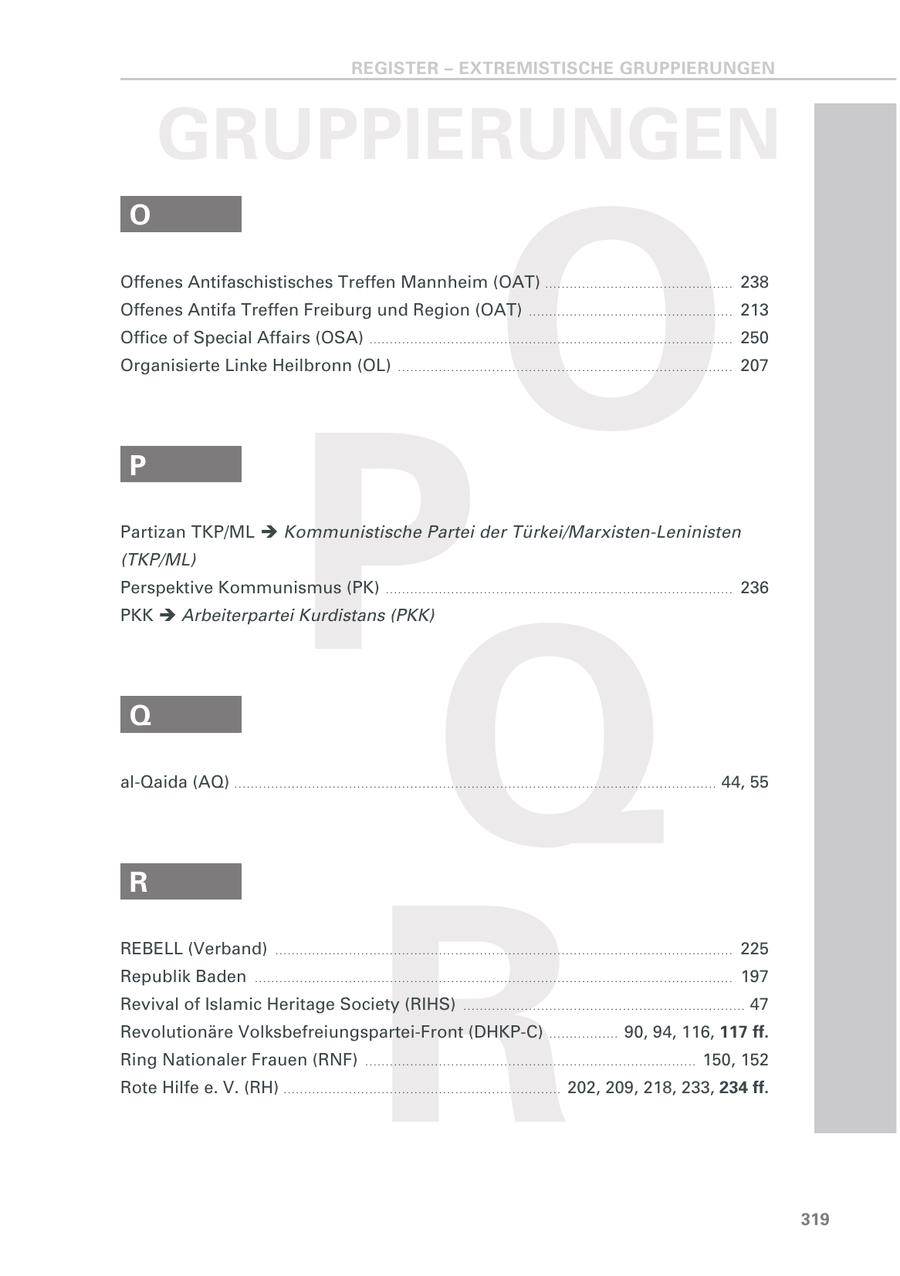 REGISTER - EXTREMISTISCHE GRUPPIERUNGEN GRUPPIERUNGEN O O Offenes Antifaschistisches Treffen Mannheim (OAT) . . . . . . . . . . . . . . . . . . . . . . . . . . . . . . . . . . . . . . . . . . . . . . 238 Offenes Antifa Treffen Freiburg und Region (OAT) .................................................. 213 Office of Special Affairs (OSA) ......................................................................................... 250 Organisierte Linke Heilbronn (OL) .................................................................................. 207 P P Partizan TKP/ML Kommunistische Partei der Türkei/Marxisten-Leninisten (TKP/ML) Q Perspektive Kommunismus (PK) ..................................................................................... 236 PKK Arbeiterpartei Kurdistans (PKK) Q al-Qaida (AQ) ...................................................................................................................... 44, 55 R R REBELL (Verband) ................................................................................................................ 225 Republik Baden ..................................................................................................................... 197 Revival of Islamic Heritage Society (RIHS) ..................................................................... 47 Revolutionäre Volksbefreiungspartei-Front (DHKP-C) ................. 90, 94, 116, 117 ff. Ring Nationaler Frauen (RNF) ................................................................................. 150, 152 Rote Hilfe e. V. (RH) . . . . . . . . . . . . . . . . . . . . . . . . . . . . . . . . . . . . . . . . . . . . . . . . . . . . . . . . . . . . . . . . . . . . 202, 209, 218, 233, 234 ff. 319