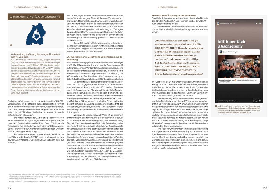 VERFASSUNGSSCHUTZBERICHT 2024 RECHTSEXTREMISMUS Die JA BW zeigte hohen Aktionismus und organisierte zahlExtremistische Äußerungen und Positionen "Junge Alternative" (JA, Verdachtsfall27) reiche Veranstaltungen. Diese reichen von VortragsveranEin ethnisch-homogenes Volksverständnis und das Narrativ staltungen, Stammtischen und Kampfsportveranstaltungen des "Großen Austauschs" sind - ähnlich wie bei der AfD BW - über Kundgebungen bis hin zu Wahlkampfhilfe für die AfD. auch prägend für die JA BW. Im Jahr 2024 unterstützten Vertreter der JA BW die WahlIn ihrem Flyer "Werde Teil der Generation Deutschland" kämpfe zu den Landtagswahlen in Brandenburg und Thüringen. kommt die fremdenfeindliche Gesinnung deutlich zum VorDas Landesamt für Verfassungsschutz Thüringen stuft den schein: dortigen AfD-Landesverband als gesichert extremistische Bestrebung28 ein. In Brandenburg gilt der AfD-Landesverband als Verdachtsfall. "Wir bekennen uns zur historisch geDie JA BW und ihre Untergliederungen präsentieren 19 wachsenen deutschen Nation als LAND sich reichweitenstark auf sozialen Plattformen, insbesondere auf Instagram, Telegram und Facebook. Auf YouTube betreibt DER DEUTSCHEN, die auch weiterhin eine sie das Podcast-Format "Neckarwerft". Zukunft als Mehrheit im eigenen Land Vorbemerkung: Auflösung der "Jungen Alternative" haben. Multikulturalität zerstört gezum 31. März 2025 JA-Bundesverband: Gerichtliche Entscheidung zur BeAm 1. Februar 2025 beschloss die "Junge Alternative" obachtung wachsene Strukturen, von freiwilliger (JA) auf ihrem Bundeskongress in Apolda/Thüringen Das Oberverwaltungsgericht Nordrhein-Westfalen bestätigte Solidarität bis friedlichem Zusammenihre Auflösung zum 31. März 2025. Der baden-würtam 13. Mai 2024 in zweiter Instanz, dass die Einstufung der JA leben - daher ist ein MEHRHEITLICH tembergische Landesverband der JA (JA BW) vollzog auf Bundesebene als Verdachtsfall und die damit verbundene seine Auflösung am 27. März 2025 auf seinem Landesöffentliche Berichterstattung durch das BfV rechtmäßig sind. KULTURELL HOMOGENES VOLK kongress in Sinsheim. Den Selbstauflösungen war die Eine Revision wurde nicht zugelassen (Az. 5 A 1217/22). Die [Hervorhebungen im Original] unabdingbar." Entscheidung des AfD-Bundesparteitags am 12. Januar AfD legte dagegen Beschwerde ein. Hierüber wird im nächsten 2025 in Riesa/Sachsen vorausgegangen, die JugendSchritt das Bundesverwaltungsgericht in Leipzig entscheiden. organisation neu zu strukturieren und künftig enger an Mit dem Urteil wies das Gericht die Berufung der KlägerIm Flyer betont die JA ihre Unterstützung zur "millionenfachen die Mutterpartei zu binden. Nach Angaben der JA BW innen AfD und JA gegen das erstinstanzliche Urteil des VerRemigration" und warnt vor einer vermeintlichen "Überfrembeginne nun eine zweijährige Auflösungsphase. Die waltungsgerichts Köln vom 8. März 2022 zurück. Es stützte dung" Deutschlands. Die JA vertritt somit ein Konzept, das Neugründung einer Jugendorganisation sei für das damit die Bewertung des BfV, wonach tatsächliche Anhaltsdie Staatsbürgerschaft an ethnisch-kulturelle Bedingungen Jahr 2026 geplant. punkte vorliegen, die einen Verstoß gegen die Garantie der knüpft. Ziel sei, den Fortbestand der "ethnisch Deutschen" Unantastbarkeit der Menschenwürde von bestimmten Perdurch den Ausschluss "Fremder" zu sichern. sonengruppen und die Diskriminierungsverbote (Art. 1 Abs. 1 Die Forderung nach "millionenfacher Remigration" Die baden-württembergische "Junge Alternative" (JA BW, und Art. 3 Abs. 3 Grundgesetz) begründen. Zudem stellte das wurde im Berichtsjahr von der JA BW immer wieder aufgeVerdachtsfall) ist die offizielle Jugendorganisation der AfD Gericht fest, dass die JA ein politisches Konzept vertritt, das griffen. So verbreitete die JA BW am 21. Oktober 2024 in einer 20 JA BW-Mitglieder bekannten sich bei ihrem LandesBW. In allen deutschen Ländern existieren JA-Landesverbände. Geflüchtete, Zuwanderer, deutsche Staatsbürger mit MigraInstagram-Story ein Foto von ihrem Landeskongress, der zwei kongress am 19. Oktober 2024 zur "millionenfachen Die JA BW untergliedert sich nach Angaben auf ihrer Webtionshintergrund und Personen islamischen Glaubens rechtTage zuvor stattgefunden hatte. Die Story war mit der Frage Remigration", was die Bedeutung dieser Forderung seite in derzeit 27 Kreisverbände. Ihre Landesgeschäftsstelle lich abwertet. "Millionenfach abschieben?" versehen. Darunter befand sich für die Organisation selbst unterstreicht. befindet sich in Göppingen. Mittlerweile bearbeitet das BfV die JA als gesichert ein Foto von mehreren Kongressteilnehmern um einen Tisch, Die Mitgliederzahl der JA BW stieg über die letzten extremistische Bestrebung. Mit Beschluss vom 5. Februar die ihr Votum zu der Frage mit Karten abgaben. Auf den Karten Jahre. Für das Berichtsjahr liegt das Personenpotenzial bei 2024 bestätigte das Verwaltungsgericht Köln diese Einstufung war "JA!" zu lesen, was gleichzeitig als Abkürzung für "Junge geschätzt 200 Mitgliedern (2023: ca. 170). 2020 hatte die (Az. 13 L 1124/23, nicht rechtskräftig). In der Begründung stellte Alternative" zu verstehen ist. Das Logo der JA BW war ebenOrganisation ihre Mitgliederzahl noch mit etwa 130 angegeben. das Gericht fest, dass sich die tatsächlichen Anhaltspunkte falls auf den Karten abgedruckt. Seither gründete die JA mehrere neue Ortsgruppen und verfür verfassungsfeindliche Bestrebungen seit dem Urteil des Die Rede von "millionenfach" impliziert die Rückführung stärkte die Mitgliederwerbung. Gerichts vom 8. März 2022 zur Gewissheit verdichtet haben. von Migranten, die über die Ausweisung von ausreisepflichBei der turnusmäßigen Vorstandswahl am 19. OktoDer völkisch-abstammungsmäßige Volksbegriff werde weitertigen Personen hinausgeht. Ein solches Vorgehen ist mit gelber 2024 wurde Sander PERON zum Landesvorsitzenden hin verbreitet. Es bestehe nach wie vor das politische Ziel, das tendem Recht und der durch das Grundgesetz geschützten gewählt. Sein Vorgänger Severin KÖHLER trat nicht mehr zur deutsche Volk in seinem "ethnischen Bestand" zu erhalten und Menschenwürde unvereinbar. Die Selbstdarstellung der JA Wahl an. "ethnisch Fremde" auszuschließen. Des Weiteren ging das BW in der entsprechenden Instagram-Story mit den AbstimGericht auf die massive ausländerund islamfeindliche Agitamungskarten versinnbildlicht jedoch, dass dies eine Kerntion der JA ein, die Migranten pauschal verdächtigt und herabposition der Organisation ist. 20 würdigt. Zusätzlich zu diesen Verstößen gegen die Menschenwürde agitiere die JA auch auf Bundes-, Landesund Kreisebene gegen das Demokratieprinzip - beispielsweise durch Vergleiche mit dem NSund DDR-Regime. 27 Vgl. die Definition "Verdachtsfall" im Kapitel "Verfassungsschutz in Baden-Württemberg", Seite 30. Bei einem Verdachtsfall liegen bereits hinreichend gewichtige tatsächliche Anhaltspunkte für eine Bestrebung nach SS 3 Abs. 2 LVSG vor; in Abgrenzung zur gesichert extremistischen Bestrebung haben sich diese jedoch noch nicht zur Gewissheit verdichtet. 28 Vgl. die Definition "gesichert extremistische Bestrebung" im Kapitel "Verfassungsschutz in Baden-Württemberg", S. 30. 62 63