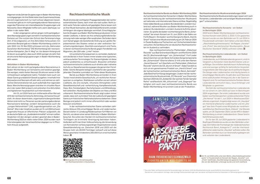 VERFASSUNGSSCHUTZBERICHT 2024 RECHTSEXTREMISMUS Rechtsextremistische Bands aus Baden-Württemberg 2024 Rechtsextremistische Musikveranstaltungen 2024 Allgemein ist die Zahl der Gruppierungen in Baden-Württemberg Rechtsextremistische Musik Auf rechtsextremistischen Konzerten in Baden-Württemberg Rechtsextremistische Musikveranstaltungen lassen sich nach zurückgegangen. An ihre Stelle treten lose Zusammenschlüsse, wird die Vernetzung der rechtsextremistischen Musikszene Konzerten, Liederabenden und sonstigen Musikveranstaltundie sich organisatorisch nur noch schwer abgrenzen lassen. Musik ist eines der wichtigsten Propagandamedien der rechtsauf nationaler und internationaler Ebene sichtbar. Regelmäßig gen33 unterscheiden: Inzwischen gibt es im nicht parteigebundenen Neonazismus extremistischen Szene, nach innen wie nach außen. Nicht zutreten dabei Bands aus anderen Bundesländern und dem Aussogar das Phänomen rein internetbasierter Gruppierungen und letzt weite Teile der subkulturell geprägten Szene lassen sich land auf, während Musiker aus Baden-Württemberg auch in Netzwerke. Deren Mitglieder treffen sich, wenn überhaupt, nur an ihrer Musik festmachen, die identitätsstiftend wirkt und den Rechtsextremistische Konzerte - ein Verbot anderen Bundesländern und dem Ausland Auftritte absolselten in der realen Welt. Anhängern die eigene Ideologie vermittelt. Einschlägig beim Berichtsjahr 2024 vieren. So spielte die baden-württembergische Band "ScharIn den vergangenen Jahren gingen nicht parteigebunkannte Gruppen aus Baden-Württemberg produzieren immer 2024 fand in Baden-Württemberg kein rechtsextremismützel" bei einem Konzert am 15. Juni 2024 in der Nähe von dene Neonazigruppierungen vermehrt in rechtsextremistischen wieder Liedtexte, in denen sie ihre verfassungsfeindliche Getisches Konzert statt (2022: 2, 2023: 1). Ein geplantes Fürth/Bayern. Die baden-württembergische Band "Hard & Parteien auf. Sie nutzten den Schutz des Parteienprivilegs sinnung mehr oder weniger offen ausdrücken. Sie fordern darin Konzert wurde von den Behörden am 13. Juli 2024 in Smart" trat bei einer Musikveranstaltung am 24. Februar 2024 (Art. 21 Grundgesetz), um ihre Aktivitäten fortzusetzen. Ein zum Kampf gegen die bestehende Ordnung auf, greifen ReFreudenstadt verhindert. Dort hätten unter dem Motto in Ceske Budejovice/Tschechien auf. Sicherheitsbehörden konkretes Beispiel gab es in Baden-Württemberg zuletzt im präsentanten des Staates verbal an oder verbreiten Ver"Abschiebehauptmeisterparty" die Rapper "Kavalier" versuchen, Konzertbesuche von deutschen RechtsextremisJahr 2022: Am 19. Mai 2022 schlossen sich die "Nationalen schwörungsideologien. Ebenfalls szenetypisch sind Texte, und "Proto" des sächsischen Musikprojekts "Neuer ten im Ausland zu verhindern. Sozialisten Württemberg" (NS Württemberg) der neonazisin denen rechtsextremistische Bands gegen Feindbilder wie Deutscher Standard" (NDS) auftreten sollen. 22 Das rechtsextremistische Plattenlabel "Oldschool tischen Kleinpartei "Der III. Weg" an. Vor diesem Hintergrund Migranten, die USA oder "Linke" hetzen. Records" aus Bad Grönenbach/Bayern veröffentlichte 2024 ist davon auszugehen, dass auch 2024 weniger als zehn fest Um juristische Konsequenzen zu vermeiden, bedienen Rechtsextremistische Liederabende - ein Verbot die CD "Wochenendkrieger" von "Scharmützel". Fünf Lieder strukturierte Neonazigruppierungen in Baden-Württemberg sich die Bands in ihren Texten immer wieder einer typischen, im Berichtsjahr 2024 darauf stammen von der Band, fünf andere Songs komponierte aktiv waren. verklausulierten Terminologie. Für Szenemitglieder ist diese Liederabende, auch Balladenabende genannt, sind im der "Scharmützel"-Gitarrist alleine. Er tritt unter dem Namen jedoch problemlos zu entschlüsseln. Bisweilen enthalten Vergleich zu Konzerten meist deutlich kleiner und un"Social Descent" auf. Ebenfalls vom Plattenlabel "Oldschool Aktivitäten in Baden-Württemberg rechtsextremistische Liedtexte auch direkte oder indirekte auffälliger. Sie entfalten deshalb kaum Außenwirkung Records" stammt die CD "Bunch of Smart". Dabei handelt es Seit Jahren ist der nicht parteigebundene Neonazismus in Aufrufe zur Gewaltanwendung gegen die genannten Feindund sind weniger anfällig für behördliche Veranstalsich um ein gemeinsames Produkt von "Hard & Smart" und Baden-Württemberg von Schwäche und Isolation geprägt. bilder. Solche Beispiele belegen zweifelsfrei den gewaltbetungsverbote oder Störungen durch politische Gegner. der tschechischen rechtsextremistischen Band "Samizdat". Die wenigen, relativ festen Neonazi-Strukturen waren im Bejahenden Charakter zumindest von Teilen dieser Musikszene. Die Sänger oder Liedermacher sind häufig bereits in Jede Band hat fünf Songs beigetragen. Zudem hat der rechtsrichtszeitraum weitgehend inaktiv. Trotzdem kann auch von Bands aus Baden-Württemberg vermeiden in ihren einschlägigen Bands aktiv. Es gibt aber auch Neonazis extremistische Musikvertrieb "PC Records" aus Chemnitz/ dieser Szene grundsätzlich Gewalt ausgehen. Innerhalb ihrer Texten meist direkte Gewaltaufrufe, um rechtlichen Konseohne subkulturellen Hintergrund, die in der Szene erSachsen 2024 die CD "Solidarität. Der sechste Teil der Sampler Netzwerke sind Neonazis oft sehr aktiv und nehmen an zahlquenzen zu entgehen. Stattdessen schaffen sie seit Jahren folgreich sind. Für rechtsextremistische Parteien dienen Reihe" veröffentlicht. Mit "Killuminati" und "Gegenpol" bereichen Demonstrationen teil, auch außerhalb ihrer regionalen Liedtexte, die eine dumpfe, inhumane Atmosphäre voller Liederabende vermutlich dazu, neue Anhänger und teiligten sich auch zwei rechtsextremistische Bands aus Basis. Manche Neonazigruppen sind eher im virtuellen Raum Gewaltbereitschaft und -verherrlichung, Kampfbereitschaft, Mitglieder zu gewinnen. Baden-Württemberg mit je einem Lied an der Produktion. als in der realen Welt präsent und verbreiten ihre Aktivitäten Hass, Wut, Feindseligkeit, Rachefantasien und MitleidlosigDie Zahl der rechtsextremistischen Liederabende und Agitationen hauptsächlich auf Internetseiten. keit verbreiten. Häufig bleiben die Objekte von Hass und Wut ist von einem im Jahr 2023 auf zwei im Berichtsjahr Am 13. Juli 2024 fand zum mittlerweile elften Mal seit unbenannt. Rechtsextremistische Musik zeigt zudem immer 2024 angestiegen. Der erste Liederabend wurde vom 2014 der rechtsextremistische Aktionstag "Schwarze Kreuze" wieder, dass sich zumindest Teile der subkulturell geprägten baden-württembergischen Landesverband der Partei statt. An dieser dezentralen, organisationsübergreifenden Szene zum historischen Nationalsozialismus bekennen. Diese "Die Heimat" für den 1. Juni 2024 in Westhausen/OstAktion sind nicht nur Personen aus der parteiungebundenen Bezüge sind jedoch nicht immer offensichtlich oder werden albkreis organisiert. Angekündigt waren mit "Heureka" Neonaziszene beteiligt, sondern beispielsweise auch die bewusst verschleiert. ein rheinland-pfälzischer Liedermacher und mit "Erb"Jungen Nationalisten" (JN), Jugendorganisation von "Die In der rechtsextremistischen Szene vertreiben zahlgut" das Solo-Projekt eines Mitglieds der nordrheinHeimat". Wie in den Vorjahren wurden am 13. Juli 2024 schwarz reiche Akteure CDs einschlägiger Bands und Liedermacher. westfälischen Rechtsrock-Band "Oidoxie". Vier Monate angemalte Kreuze an öffentlichen Plätzen aufgestellt, die Derzeit stehen in Lüneburg/Niedersachsen fünf Männer vor später, am 28. September 2024, lud die NPD in Badenan deutsche Opfer von "Ausländerkriminalität" erinnern sollten. Gericht, von denen einer seinen Wohnsitz in Baden-WürttemWürttemberg zu einem Liederabend ein. Dieser fand in Verglichen mit den übrigen Ländern geschah dies in Badenberg hat. Sie sollen den Handel mit rechtsextremistischen Kehl/Ortenaukreis statt. Württemberg 2023 an relativ vielen Orten. 2024 wurden nach Tonträgern als kriminelle Vereinigung betrieben haben. Ein für den 20. Juli 2024 geplanter Liederabend in Internetangaben der Verantwortlichen dagegen nur in PforzAußerdem wirft man ihnen Volksverhetzung, die Verwendung Bopfingen/Ostalbkreis wurde von den Behörden unterheim Kreuze aufgestellt. von Kennzeichen verfassungswidriger Organisationen sowie sagt. Dort hätten der Frontsänger der niedersächsischen Gewaltdarstellung vor. Zwischen 2018 und 2023 soll die Rechtsrock-Band "Kategorie C" und der rheinlandGruppe mehr als 28.000 Tonträger verkauft und auf diese pfälzische Liedermacher "Heureka" auftreten sollen. Die Weise geschätzt mindestens 285.000 Euro erwirtschaftet Behörden schritten kurz vor Veranstaltungsbeginn ein haben. 21 und verboten den Liederabend. 22 Am 13. Juli 2024 sollte unter dem Motto "Abschiebehauptmeisterparty" in Freudenstadt ein Konzert der Rapper "Kavalier" und 21 Beitrag des LfV zu Einnahmequellen "Proto" stattfinden. Das Bild belegt die geplante Veranstaltung, von Rechtsextremisten in Deutschland. die von den Behörden untersagt wurde und nicht stattfand. 33 Darunter fallen rechtsextremistische Veranstaltungen, bei denen nicht die Musikdarbietung der ausschließliche Veranstaltungszweck ist. Das können unter anderem Vortragsoder sonstige Parteiveranstaltungen sein, bei denen rechtsextremistische Interpreten im Rahmenprogramm auftreten. 68 69