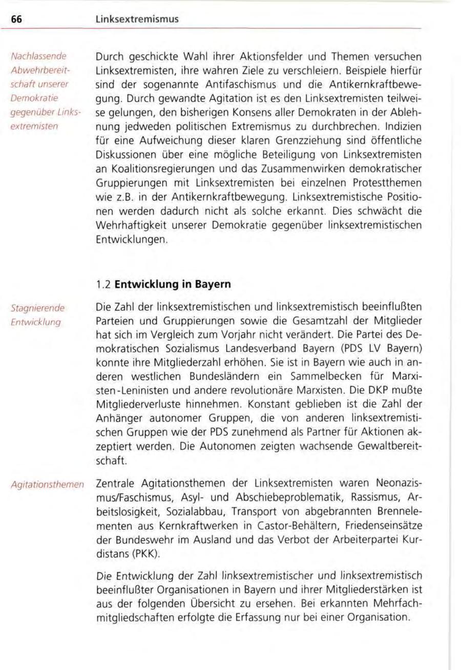 66 Linksextremismus Nachlassende Durch geschickte Wahl ihrer Aktionsfelder und Themen versuchen AbwehrbereitLinksextremisten, ihre wahren Ziele zu verschleiern. Beispiele hierfür schaft unserer sind der sogenannte Antifaschismus und die AntikernkraftbeweDemokratie gung. Durch gewandte Agitation ist es den Linksextremisten teilweigegenüber Linksse gelungen, den bisherigen Konsens aller Demokraten in der Ablehextremisten nung jedweden politischen Extremismus zu durchbrechen. Indizien für eine Aufweichung dieser klaren Grenzziehung sind öffentliche Diskussionen über eine mögliche Beteiligung von Linksextremisten an Koalitionsregierungen und das Zusammenwirken demokratischer Gruppierungen mit Linksextremisten bei einzelnen Protestthemen wie z.B. in der Antikernkraftbewegung. Linksextremistische Positionen werden dadurch nicht als solche erkannt. Dies schwächt die Wehrhaftigkeit unserer Demokratie gegenüber linksextremistischen Entwicklungen. 1.2 Entwicklung in Bayern Stagnierende Die Zahl der linksextremistischen und linksextremistisch beeinflußten Entwicklung Parteien und Gruppierungen sowie die Gesamtzahl der Mitglieder hat sich im Vergleich zum Vorjahr nicht verändert. Die Partei des Demokratischen Sozialismus Landesverband Bayern (PDS LV Bayern) konnte ihre Mitgliederzahl erhöhen. Sie ist in Bayern wie auch in anderen westlichen Bundesländern ein Sammelbecken für Marxisten-Leninisten und andere revolutionäre Marxisten. Die DKP mußte Mitgliederverluste hinnehmen. Konstant geblieben ist die Zahl der Anhänger autonomer Gruppen, die von anderen linksextremistischen Gruppen wie der PDS zunehmend als Partner für Aktionen akzeptiert werden. Die Autonomen zeigten wachsende Gewaltbereitschaft. Agitationsthemen Zentrale Agitationsthemen der Linksextremisten waren Neonazismus/Faschismus, Asylund Abschiebeproblematik, Rassismus, Arbeitslosigkeit, Sozialabbau, Transport von abgebrannten Brennelementen aus Kernkraftwerken in Castor-Behältern, Friedenseinsätze der Bundeswehr im Ausland und das Verbot der Arbeiterpartei Kurdistans (PKK). Die Entwicklung der Zahl linksextremistischer und linksextremistisch beeinflußter Organisationen in Bayern und ihrer Mitgliederstärken ist aus der folgenden Übersicht zu ersehen. Bei erkannten Mehrfachmitgliedschaften erfolgte die Erfassung nur bei einer Organisation.
