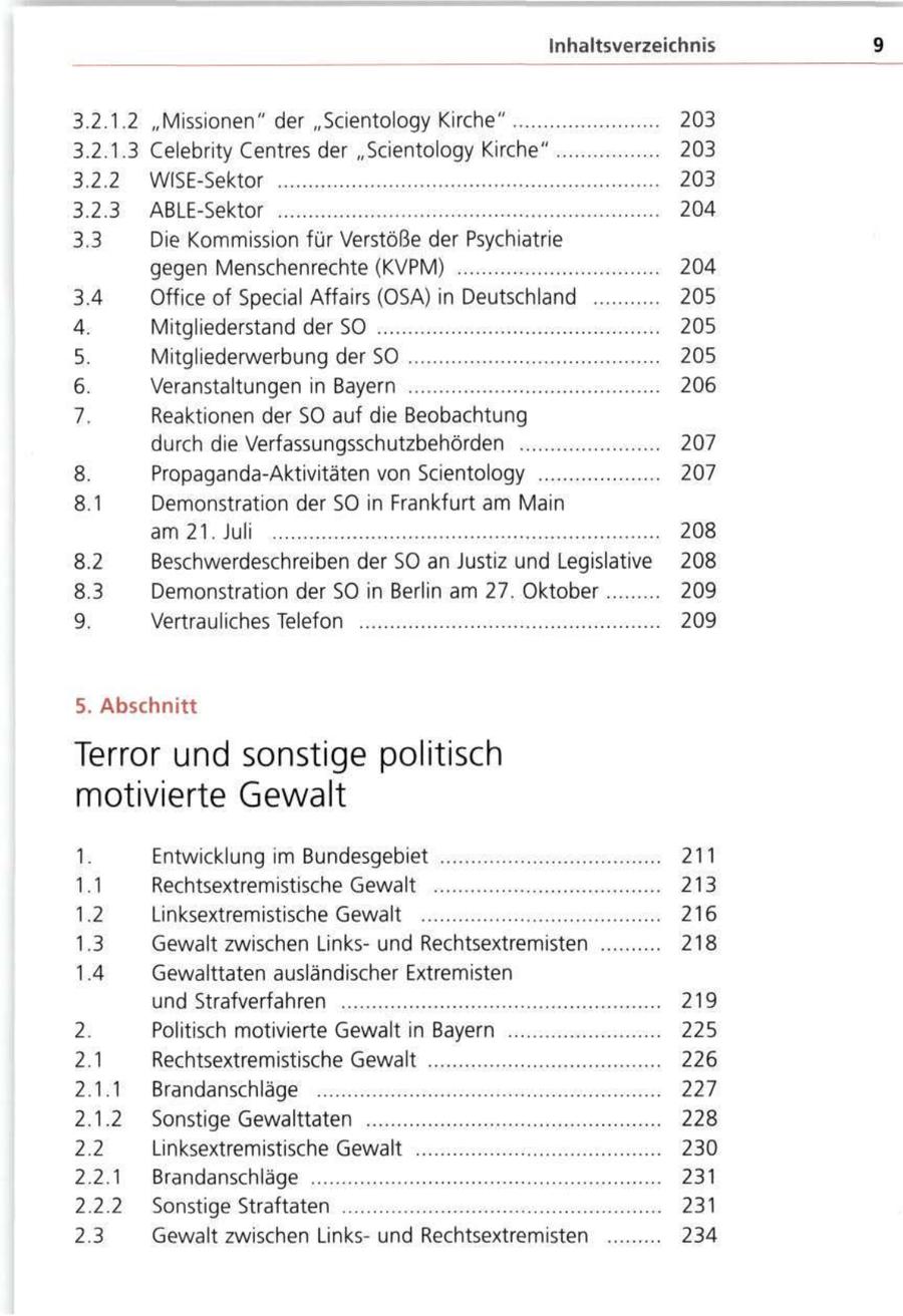 Inhaltsverzeichnis 9 3.2.1.2 "Missionen" der "Scientology Kirche" 203 3.2.1.3 Celebrity Centres der "Scientology Kirche" 203 3.2.2 WISE-Sektor 203 3.2.3 ABLE-Sektor 204 3.3 Die Kommission für Verstöße der Psychiatrie gegen Menschenrechte (KVPM) 204 3.4 Office of Special Affairs (OSA) in Deutschland 205 4. Mitgliederstand der SO 205 5. Mitgliederwerbung der SO 205 6. Veranstaltungen in Bayern 206 7. Reaktionen der SO auf die Beobachtung durch die Verfassungsschutzbehörden 207 8. Propaganda-Aktivitäten von Scientology 207 8.1 Demonstration der SO in Frankfurt am Main am 21. Juli 208 8.2 Beschwerdeschreiben der SO an Justiz und Legislative 208 8.3 Demonstration der SO in Berlin am 27. Oktober 209 9. Vertrauliches Telefon 209 5. Abschnitt Terror und sonstige politisch motivierte Gewalt 1. Entwicklung im Bundesgebiet 211 1.1 Rechtsextremistische Gewalt 213 1.2 Linksextremistische Gewalt 216 1.3 Gewalt zwischen Links-und Rechtsextremisten 218 1.4 Gewalttaten ausländischer Extremisten und Strafverfahren 219 2. Politisch motivierte Gewalt in Bayern 225 2.1 Rechtsextremistische Gewalt 226 2.1.1 Brandanschläge 227 2.1.2 Sonstige Gewalttaten 228 2.2 Linksextremistische Gewalt 230 2.2.1 Brandanschläge 231 2.2.2 Sonstige Straftaten 231 2.3 Gewalt zwischen Links-und Rechtsextremisten 234