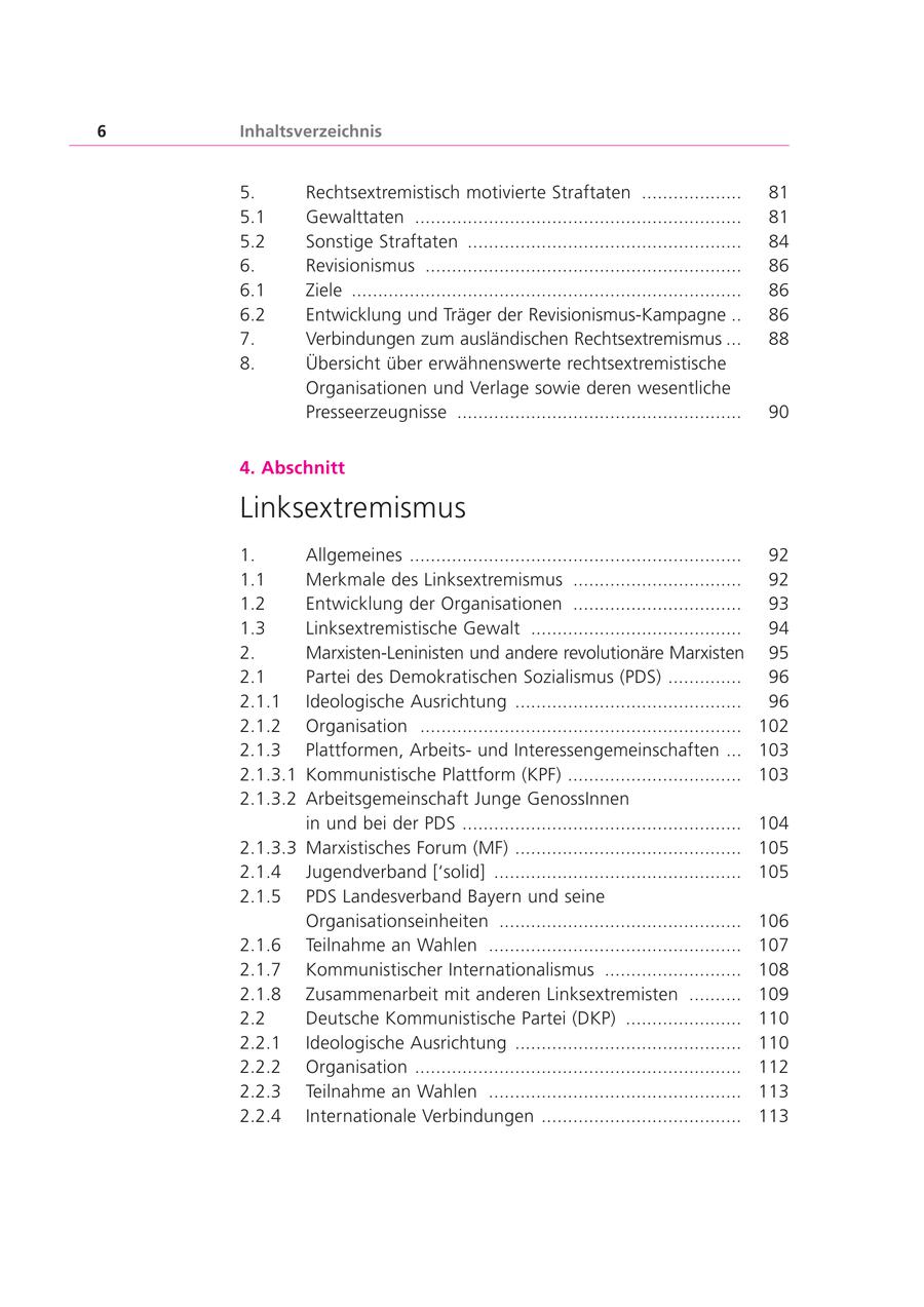 6 Inhaltsverzeichnis 5. Rechtsextremistisch motivierte Straftaten ................... 81 5.1 Gewalttaten .............................................................. 81 5.2 Sonstige Straftaten .................................................... 84 6. Revisionismus ............................................................ 86 6.1 Ziele .......................................................................... 86 6.2 Entwicklung und Träger der Revisionismus-Kampagne .. 86 7. Verbindungen zum ausländischen Rechtsextremismus ... 88 8. Übersicht über erwähnenswerte rechtsextremistische Organisationen und Verlage sowie deren wesentliche Presseerzeugnisse ...................................................... 90 4. Abschnitt Linksextremismus 1. Allgemeines ............................................................... 92 1.1 Merkmale des Linksextremismus ................................ 92 1.2 Entwicklung der Organisationen ................................ 93 1.3 Linksextremistische Gewalt ........................................ 94 2. Marxisten-Leninisten und andere revolutionäre Marxisten 95 2.1 Partei des Demokratischen Sozialismus (PDS) .............. 96 2.1.1 Ideologische Ausrichtung ........................................... 96 2.1.2 Organisation ............................................................. 102 2.1.3 Plattformen, Arbeitsund Interessengemeinschaften ... 103 2.1.3.1 Kommunistische Plattform (KPF) ................................. 103 2.1.3.2 Arbeitsgemeinschaft Junge GenossInnen in und bei der PDS ..................................................... 104 2.1.3.3 Marxistisches Forum (MF) ........................................... 105 2.1.4 Jugendverband ['solid] ............................................... 105 2.1.5 PDS Landesverband Bayern und seine Organisationseinheiten .............................................. 106 2.1.6 Teilnahme an Wahlen ................................................ 107 2.1.7 Kommunistischer Internationalismus .......................... 108 2.1.8 Zusammenarbeit mit anderen Linksextremisten .......... 109 2.2 Deutsche Kommunistische Partei (DKP) ...................... 110 2.2.1 Ideologische Ausrichtung ........................................... 110 2.2.2 Organisation .............................................................. 112 2.2.3 Teilnahme an Wahlen ................................................ 113 2.2.4 Internationale Verbindungen ...................................... 113