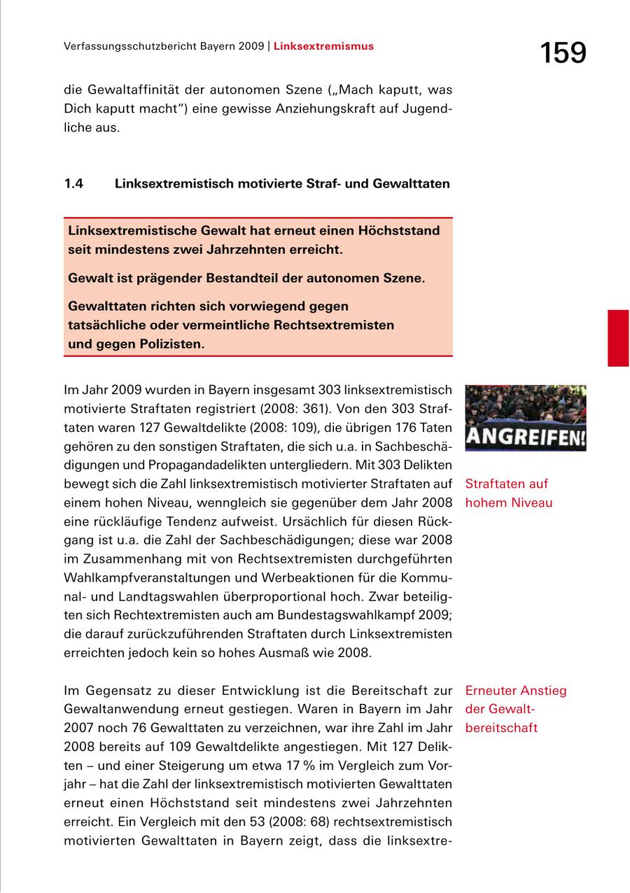 Verfassungsschutzbericht Bayern 2009 | Linksextremismus 159 die Gewaltaffinität der autonomen Szene ("Mach kaputt, was Dich kaputt macht") eine gewisse Anziehungskraft auf Jugend liche aus. 1.4 Linksextremistisch motivierte Strafund Gewalttaten Linksextremistische Gewalt hat erneut einen Höchststand seit mindestens zwei Jahrzehnten erreicht. Gewalt ist prägender Bestandteil der autonomen Szene. Gewalttaten richten sich vorwiegend gegen tatsächliche oder vermeintliche Rechtsextremisten und gegen Polizisten. Im Jahr 2009 wurden in Bayern insgesamt 303 linksextremistisch motivierte Straftaten registriert (2008: 361). Von den 303 Straf taten waren 127 Gewaltdelikte (2008: 109), die übrigen 176 Taten gehören zu den sonstigen Straftaten, die sich u.a. in Sachbeschä digungen und Propagandadelikten untergliedern. Mit 303 Delikten bewegt sich die Zahl linksextremistisch motivierter Straftaten auf Straftaten auf einem hohen Niveau, wenngleich sie gegenüber dem Jahr 2008 hohem Niveau eine rückläufige Tendenz aufweist. Ursächlich für diesen Rück gang ist u.a. die Zahl der Sachbeschädigungen; diese war 2008 im Zusammenhang mit von Rechtsextremisten durchgeführten Wahlkampfveranstaltungen und Werbeaktionen für die Kommu nal und Landtagswahlen überproportional hoch. Zwar beteilig ten sich Rechtextremisten auch am Bundestagswahlkampf 2009; die darauf zurückzuführenden Straftaten durch Linksextremisten erreichten jedoch kein so hohes Ausmaß wie 2008. Im Gegensatz zu dieser Entwicklung ist die Bereitschaft zur Erneuter Anstieg Gewaltanwendung erneut gestiegen. Waren in Bayern im Jahr der Gewalt 2007 noch 76 Gewalttaten zu verzeichnen, war ihre Zahl im Jahr bereitschaft 2008 bereits auf 109 Gewaltdelikte angestiegen. Mit 127 Delik ten - und einer Steigerung um etwa 17 % im Vergleich zum Vor jahr - hat die Zahl der linksextremistisch motivierten Gewalt taten erneut einen Höchststand seit mindestens zwei Jahrzehnten erreicht. Ein Vergleich mit den 53 (2008: 68) rechtsextremistisch motivierten Gewalttaten in Bayern zeigt, dass die linksextre