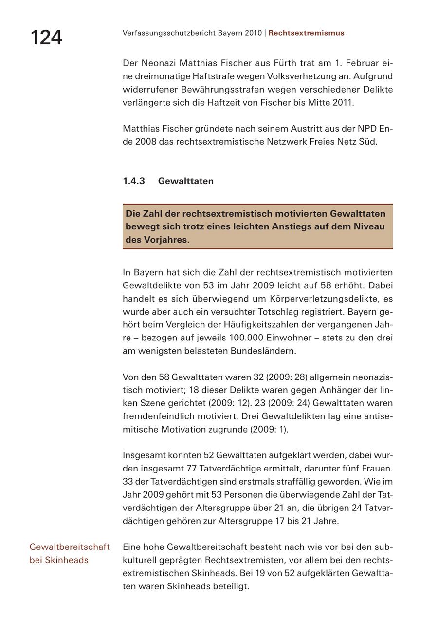 Verfassungsschutzbericht Bayern 2010 | Rechtsextremismus 124 Der Neonazi Matthias Fischer aus Fürth trat am 1. Februar eine dreimonatige Haftstrafe wegen Volksverhetzung an. Aufgrund widerrufener Bewährungsstrafen wegen verschiedener Delikte verlängerte sich die Haftzeit von Fischer bis Mitte 2011. Matthias Fischer gründete nach seinem Austritt aus der NPD Ende 2008 das rechtsextremistische Netzwerk Freies Netz Süd. 1.4.3 Gewalttaten Die Zahl der rechtsextremistisch motivierten Gewalttaten bewegt sich trotz eines leichten Anstiegs auf dem Niveau des Vorjahres. In Bayern hat sich die Zahl der rechtsextremistisch motivierten Gewaltdelikte von 53 im Jahr 2009 leicht auf 58 erhöht. Dabei handelt es sich überwiegend um Körperverletzungsdelikte, es wurde aber auch ein versuchter Totschlag registriert. Bayern gehört beim Vergleich der Häufigkeitszahlen der vergangenen Jahre - bezogen auf jeweils 100.000 Einwohner - stets zu den drei am wenigsten belasteten Bundesländern. Von den 58 Gewalttaten waren 32 (2009: 28) allgemein neonazistisch motiviert; 18 dieser Delikte waren gegen Anhänger der linken Szene gerichtet (2009: 12). 23 (2009: 24) Gewalttaten waren fremdenfeindlich motiviert. Drei Gewaltdelikten lag eine antisemitische Motivation zugrunde (2009: 1). Insgesamt konnten 52 Gewalttaten aufgeklärt werden, dabei wurden insgesamt 77 Tatverdächtige ermittelt, darunter fünf Frauen. 33 der Tatverdächtigen sind erstmals straffällig geworden. Wie im Jahr 2009 gehört mit 53 Personen die überwiegende Zahl der Tatverdächtigen der Altersgruppe über 21 an, die übrigen 24 Tatverdächtigen gehören zur Altersgruppe 17 bis 21 Jahre. Gewaltbereitschaft Eine hohe Gewaltbereitschaft besteht nach wie vor bei den subbei Skinheads kulturell geprägten Rechtsextremisten, vor allem bei den rechtsextremistischen Skinheads. Bei 19 von 52 aufgeklärten Gewalttaten waren Skinheads beteiligt.