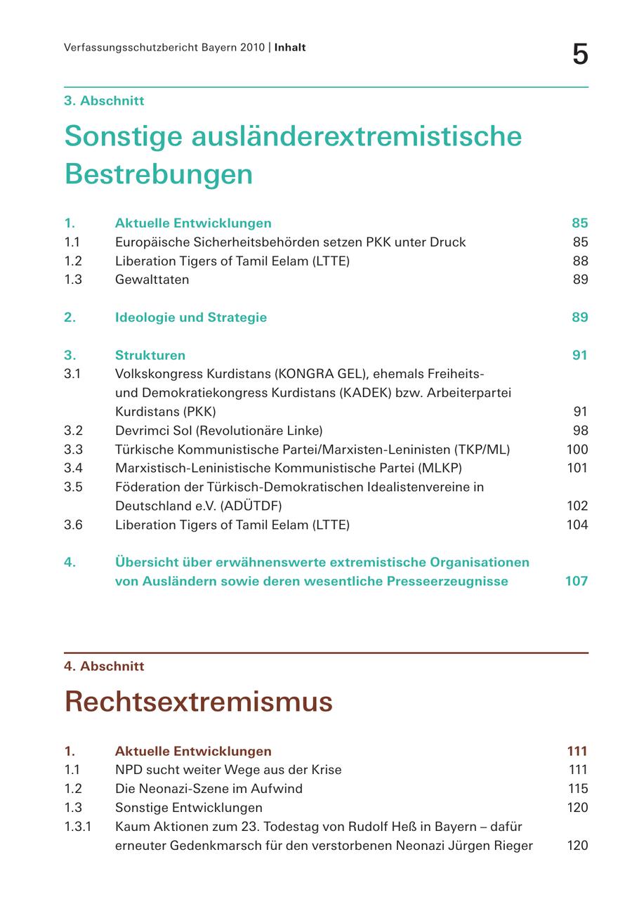 Verfassungsschutzbericht Bayern 2010 | Inhalt 5 3. Abschnitt Sonstige ausländerextremistische Bestrebungen 1. Aktuelle Entwicklungen 85 1.1 Europäische Sicherheitsbehörden setzen PKK unter Druck 85 1.2 Liberation Tigers of Tamil Eelam (LTTE) 88 1.3 Gewalttaten 89 2. Ideologie und Strategie 89 3. Strukturen 91 3.1 Volkskongress Kurdistans (KONGRA GEL), ehemals Freiheitsund Demokratiekongress Kurdistans (KADEK) bzw. Arbeiterpartei Kurdistans (PKK) 91 3.2 Devrimci Sol (Revolutionäre Linke) 98 3.3 Türkische Kommunistische Partei/Marxisten-Leninisten (TKP/ML) 100 3.4 Marxistisch-Leninistische Kommunistische Partei (MLKP) 101 3.5 Föderation der Türkisch-Demokratischen Idealistenvereine in Deutschland e.V. (ADÜTDF) 102 3.6 Liberation Tigers of Tamil Eelam (LTTE) 104 4. Übersicht über erwähnenswerte extremistische Organisationen von Ausländern sowie deren wesentliche Presseerzeugnisse 107 4. Abschnitt Rechtsextremismus 1. Aktuelle Entwicklungen 111 1.1 NPD sucht weiter Wege aus der Krise 111 1.2 Die Neonazi-Szene im Aufwind 115 1.3 Sonstige Entwicklungen 120 1.3.1 Kaum Aktionen zum 23. Todestag von Rudolf Heß in Bayern - dafür erneuter Gedenkmarsch für den verstorbenen Neonazi Jürgen Rieger 120
