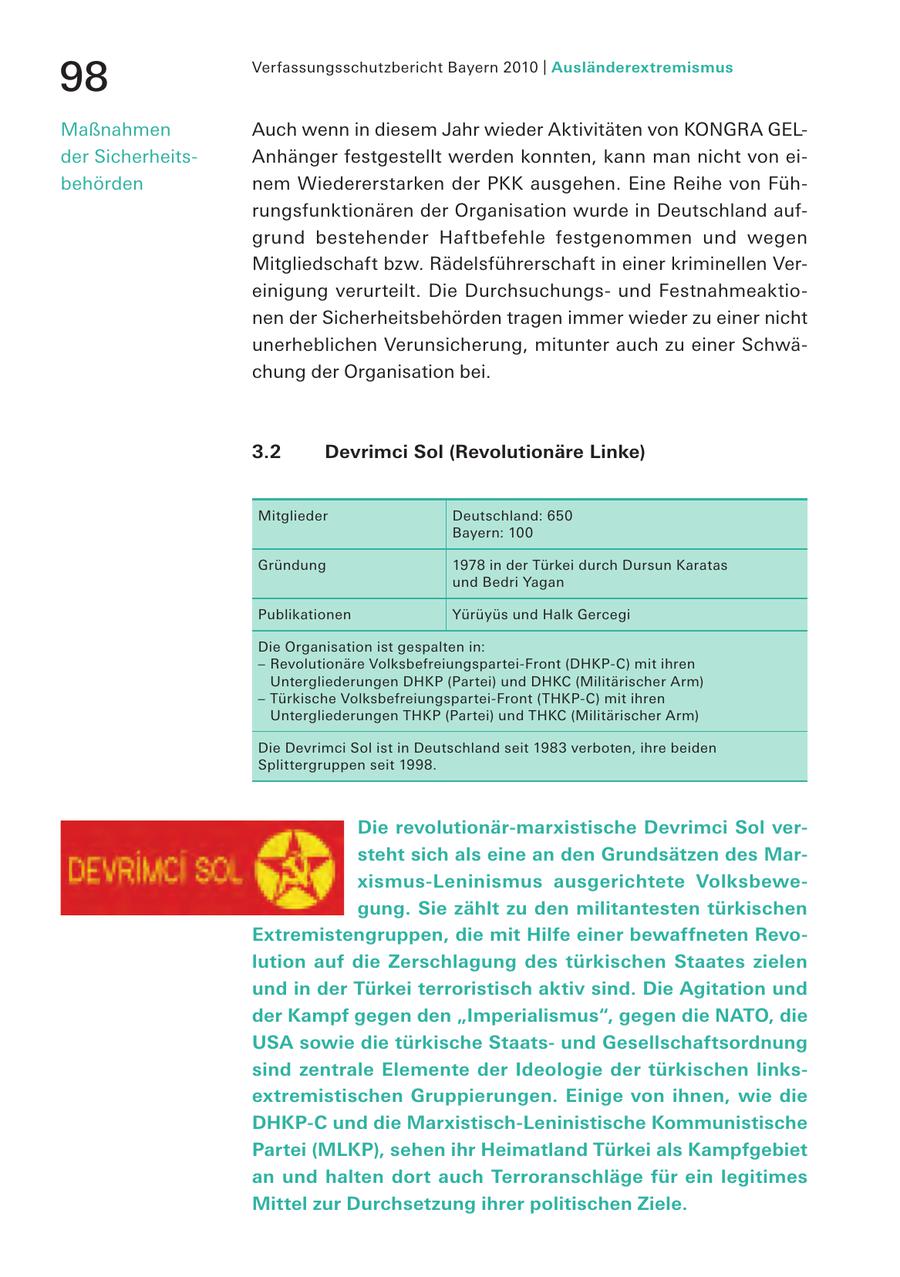 Verfassungsschutzbericht Bayern 2010 | Ausländerextremismus 98 Maßnahmen Auch wenn in diesem Jahr wieder Aktivitäten von KONGRA GELder SicherheitsAnhänger festgestellt werden konnten, kann man nicht von eibehörden nem Wiedererstarken der PKK ausgehen. Eine Reihe von Führungsfunktionären der Organisation wurde in Deutschland aufgrund bestehender Haftbefehle festgenommen und wegen Mitgliedschaft bzw. Rädelsführerschaft in einer kriminellen Vereinigung verurteilt. Die Durchsuchungsund Festnahmeaktionen der Sicherheitsbehörden tragen immer wieder zu einer nicht unerheblichen Verunsicherung, mitunter auch zu einer Schwächung der Organisation bei. 3.2 Devrimci Sol (Revolutionäre Linke) Mitglieder Deutschland: 650 Bayern: 100 Gründung 1978 in der Türkei durch Dursun Karatas und Bedri Yagan Publikationen Yürüyüs und Halk Gercegi Die Organisation ist gespalten in: - Revolutionäre Volksbefreiungspartei-Front (DHKP-C) mit ihren Untergliederungen DHKP (Partei) und DHKC (Militärischer Arm) - Türkische Volksbefreiungspartei-Front (THKP-C) mit ihren Untergliederungen THKP (Partei) und THKC (Militärischer Arm) Die Devrimci Sol ist in Deutschland seit 1983 verboten, ihre beiden Splittergruppen seit 1998. Die revolutionär-marxistische Devrimci Sol versteht sich als eine an den Grundsätzen des Marxismus-Leninismus ausgerichtete Volksbewegung. Sie zählt zu den militantesten türkischen Extremistengruppen, die mit Hilfe einer bewaffneten Revolution auf die Zerschlagung des türkischen Staates zielen und in der Türkei terroristisch aktiv sind. Die Agitation und der Kampf gegen den "Imperialismus", gegen die NATO, die USA sowie die türkische Staatsund Gesellschaftsordnung sind zentrale Elemente der Ideologie der türkischen linksextremistischen Gruppierungen. Einige von ihnen, wie die DHKP-C und die Marxistisch-Leninistische Kommunistische Partei (MLKP), sehen ihr Heimatland Türkei als Kampfgebiet an und halten dort auch Terroranschläge für ein legitimes Mittel zur Durchsetzung ihrer politischen Ziele.