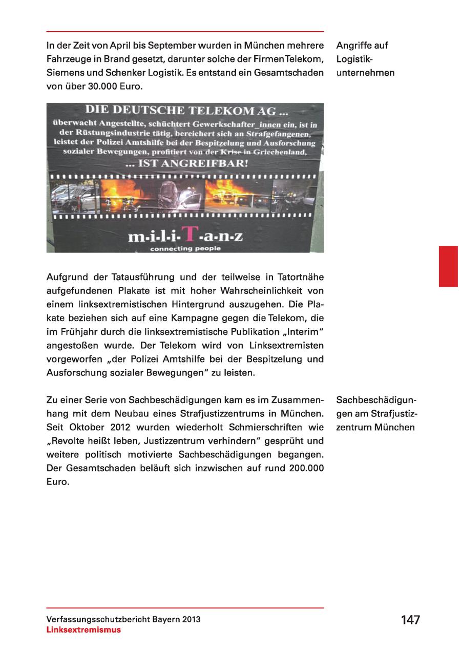 In der Zeit von April bis September wurden in München mehrere Angriffe auf Fahrzeuge in Brand gesetzt, darunter solche der FirmenTelekom, LogistikSiemens und Schenker Logistik. Es entstand ein Gesamtschaden unternehmen von über 30.000 Euro. DIE DEUTSCHE TELEKOM AG ... überwacht Angestellte, schüchtert Gewerkschafter_ innen ein, ist in der Rüstungsindustrie tätig, bereichert sich an Strafgefangenen, leistet der Polizei Amtshilfe bei der Bespitzelung und Ausforschung sozialer Bewegungen, profitiert von der Krise in Griechenland, ü " ISTANGREIFBAR! ic) N az Fu =. Be - Ri .-i-l-1- ' -a-n-Z connecting people Aufgrund der Tatausführung und der teilweise in Tatortnähe aufgefundenen Plakate ist mit hoher Wahrscheinlichkeit von einem linksextremistischen Hintergrund auszugehen. Die Plakate beziehen sich auf eine Kampagne gegen die Telekom, die im Frühjahr durch die linksextremistische Publikation "Interim" angestoßen wurde. Der Telekom wird von Linksextremisten vorgeworfen "der Polizei Amtshilfe bei der Bespitzelung und Ausforschung sozialer Bewegungen" zu leisten. Zu einer Serie von Sachbeschädigungen kam es im ZusammenSachbeschädigunhang mit dem Neubau eines Strafjustizzentrums in München. gen am StrafjustizSeit Oktober 2012 wurden wiederholt Schmierschriften wie zentrum München "Revolte heißt leben, Justizzentrum verhindern" gesprüht und weitere politisch motivierte Sachbeschädigungen begangen. Der Gesamtschaden beläuft sich inzwischen auf rund 200.000 Euro. Verfassungsschutzbericht Bayern 2013 147 Linksextremismus