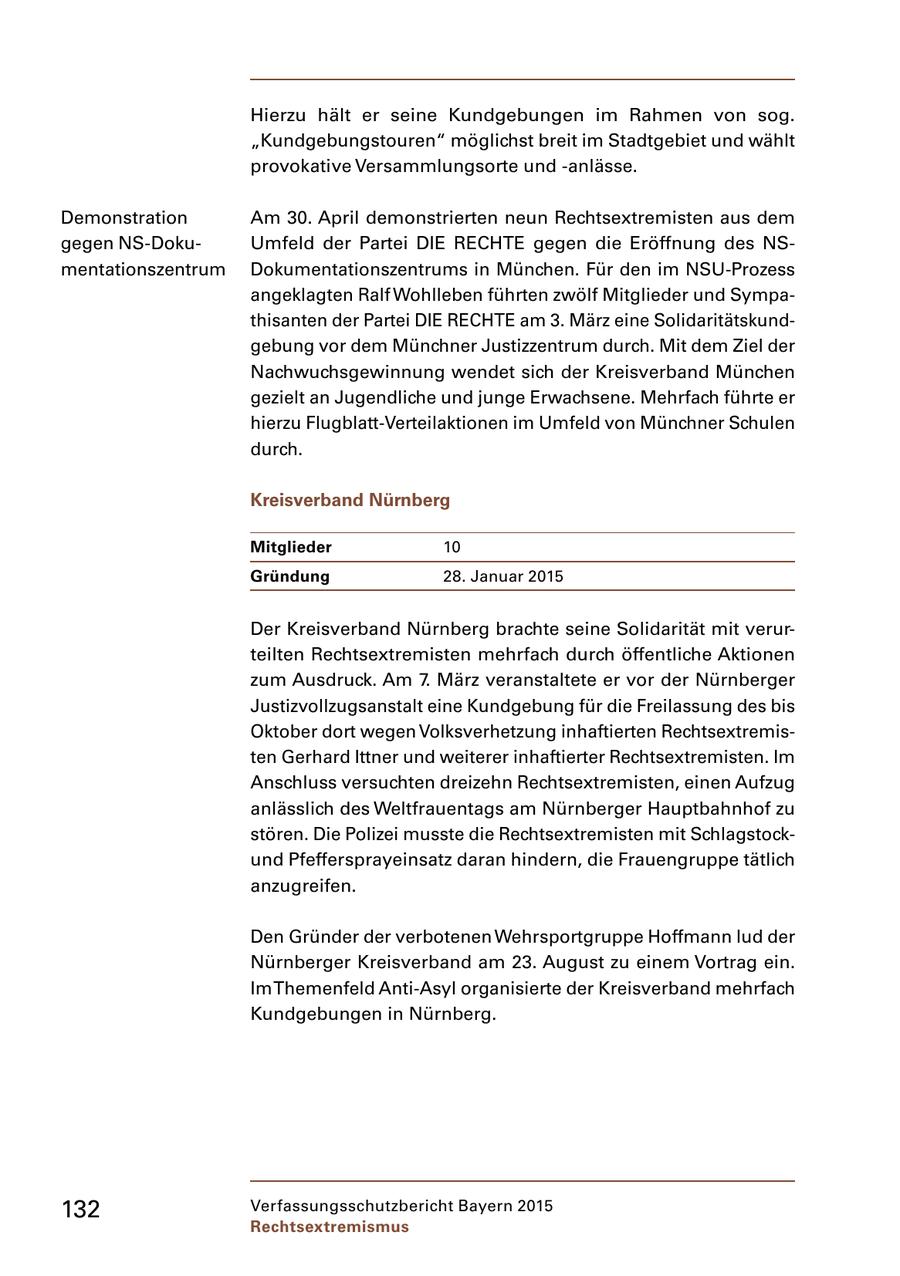 Hierzu hält er seine Kundgebungen im Rahmen von sog. "Kundgebungstouren" möglichst breit im Stadtgebiet und wählt provokative Versammlungsorte und anlässe. Demonstration Am 30. April demonstrierten neun Rechtsextremisten aus dem gegen NSDoku Umfeld der Partei DIE RECHTE gegen die Eröffnung des NS mentationszentrum Dokumentationszentrums in München. Für den im NSUProzess angeklagten Ralf Wohlleben führten zwölf Mitglieder und Sympa thisanten der Partei DIE RECHTE am 3. März eine Solidaritätskund gebung vor dem Münchner Justizzentrum durch. Mit dem Ziel der Nachwuchsgewinnung wendet sich der Kreisverband München gezielt an Jugendliche und junge Erwachsene. Mehrfach führte er hierzu FlugblattVerteilaktionen im Umfeld von Münchner Schulen durch. Kreisverband Nürnberg Mitglieder 10 Gründung 28. Januar 2015 Der Kreisverband Nürnberg brachte seine Solidarität mit verur teilten Rechtsextremisten mehrfach durch öffentliche Aktionen zum Ausdruck. Am 7. März veranstaltete er vor der Nürnberger Justizvollzugsanstalt eine Kundgebung für die Freilassung des bis Oktober dort wegen Volksverhetzung inhaftierten Rechtsextremis ten Gerhard Ittner und weiterer inhaftierter Rechtsextremisten. Im Anschluss versuchten dreizehn Rechtsextremisten, einen Aufzug anlässlich des Weltfrauentags am Nürnberger Hauptbahnhof zu stören. Die Polizei musste die Rechtsextremisten mit Schlagstock und Pfeffersprayeinsatz daran hindern, die Frauengruppe tätlich anzugreifen. Den Gründer der verbotenen Wehrsportgruppe Hoffmann lud der Nürnberger Kreisverband am 23. August zu einem Vortrag ein. Im Themenfeld AntiAsyl organisierte der Kreisverband mehrfach Kundgebungen in Nürnberg. 132 Verfassungsschutzbericht Bayern 2015 Rechtsextremismus