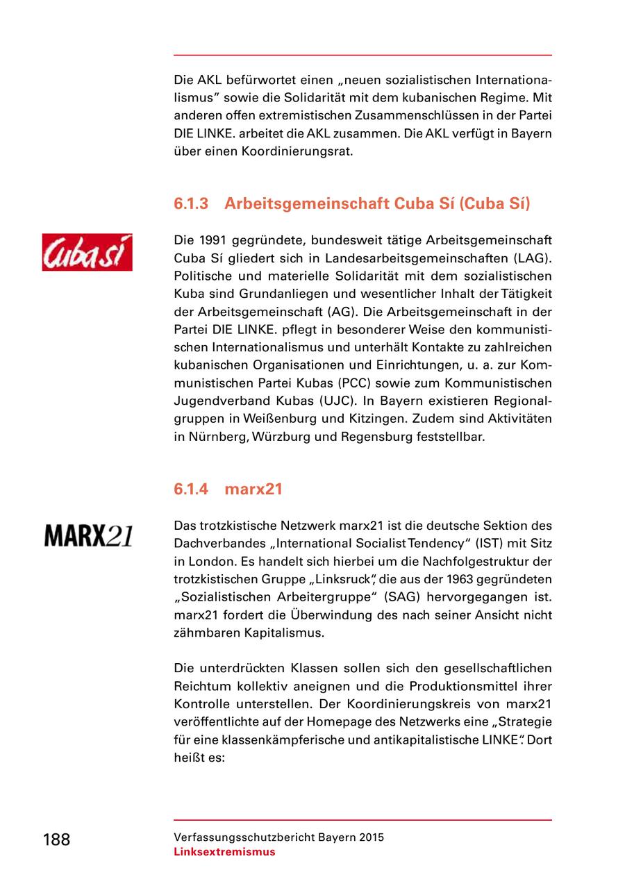 Die AKL befürwortet einen "neuen sozialistischen Internationa lismus" sowie die Solidarität mit dem kubanischen Regime. Mit anderen offen extremistischen Zusammenschlüssen in der Partei DIE LINKE. arbeitet die AKL zusammen. Die AKL verfügt in Bayern über einen Koordinierungsrat. 6.1.3 Arbeitsgemeinschaft Cuba Si (Cuba Si) Die 1991 gegründete, bundesweit tätige Arbeitsgemeinschaft Cuba Si gliedert sich in Landesarbeitsgemeinschaften (LAG). Politische und materielle Solidarität mit dem sozialistischen Kuba sind Grundanliegen und wesentlicher Inhalt der Tätigkeit der Arbeitsgemeinschaft (AG). Die Arbeitsgemeinschaft in der Partei DIE LINKE. pflegt in besonderer Weise den kommunisti schen Internationalismus und unterhält Kontakte zu zahlreichen kubanischen Organisationen und Einrichtungen, u. a. zur Kom munistischen Partei Kubas (PCC) sowie zum Kommunistischen Jugendverband Kubas (UJC). In Bayern existieren Regional gruppen in Weißenburg und Kitzingen. Zudem sind Aktivitäten in Nürnberg, Würzburg und Regensburg feststellbar. 6.1.4 marx21 Das trotzkistische Netzwerk marx21 ist die deutsche Sektion des Dachverbandes "International Socialist Tendency" (IST) mit Sitz in London. Es handelt sich hierbei um die Nachfolgestruktur der trotzkistischen Gruppe "Linksruck", die aus der 1963 gegründeten "Sozialistischen Arbeitergruppe" (SAG) hervorgegangen ist. marx21 fordert die Überwindung des nach seiner Ansicht nicht zähmbaren Kapitalismus. Die unterdrückten Klassen sollen sich den gesellschaftlichen Reichtum kollektiv aneignen und die Produktionsmittel ihrer Kontrolle unterstellen. Der Koordinierungskreis von marx21 veröffentlichte auf der Homepage des Netzwerks eine "Strategie für eine klassenkämpferische und antikapitalistische LINKE". Dort heißt es: 188 Verfassungsschutzbericht Bayern 2015 Linksextremismus