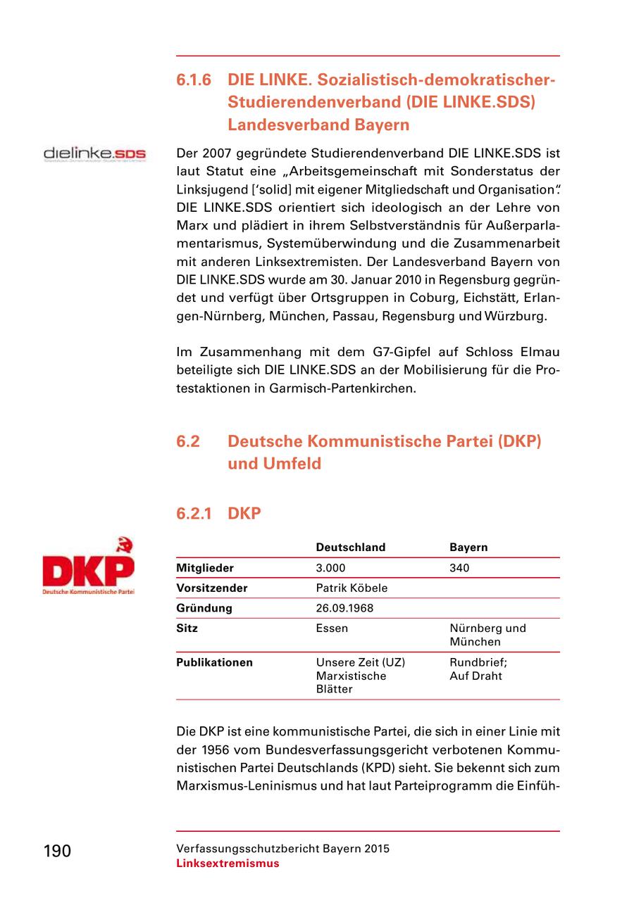 6.1.6 DIE LINKE. Sozialistisch-demokratischerStudierendenverband (DIE LINKE.SDS) Landesverband Bayern Der 2007 gegründete Studierendenverband DIE LINKE.SDS ist laut Statut eine "Arbeitsgemeinschaft mit Sonderstatus der Linksjugend ['solid] mit eigener Mitgliedschaft und Organisation". DIE LINKE.SDS orientiert sich ideologisch an der Lehre von Marx und plädiert in ihrem Selbstverständnis für Außerparla mentarismus, Systemüberwindung und die Zusammenarbeit mit anderen Linksextremisten. Der Landesverband Bayern von DIE LINKE.SDS wurde am 30. Januar 2010 in Regensburg gegrün det und verfügt über Ortsgruppen in Coburg, Eichstätt, Erlan genNürnberg, München, Passau, Regensburg und Würzburg. Im Zusammenhang mit dem G7Gipfel auf Schloss Elmau beteiligte sich DIE LINKE.SDS an der Mobilisierung für die Pro testaktionen in GarmischPartenkirchen. 6.2 Deutsche Kommunistische Partei (DKP) und Umfeld 6.2.1 DKP Deutschland Bayern Mitglieder 3.000 340 Vorsitzender Patrik Köbele Gründung 26.09.1968 Sitz Essen Nürnberg und München Publikationen Unsere Zeit (UZ) Rundbrief; Marxistische Auf Draht Blätter Die DKP ist eine kommunistische Partei, die sich in einer Linie mit der 1956 vom Bundesverfassungsgericht verbotenen Kommu nistischen Partei Deutschlands (KPD) sieht. Sie bekennt sich zum MarxismusLeninismus und hat laut Parteiprogramm die Einfüh 190 Verfassungsschutzbericht Bayern 2015 Linksextremismus