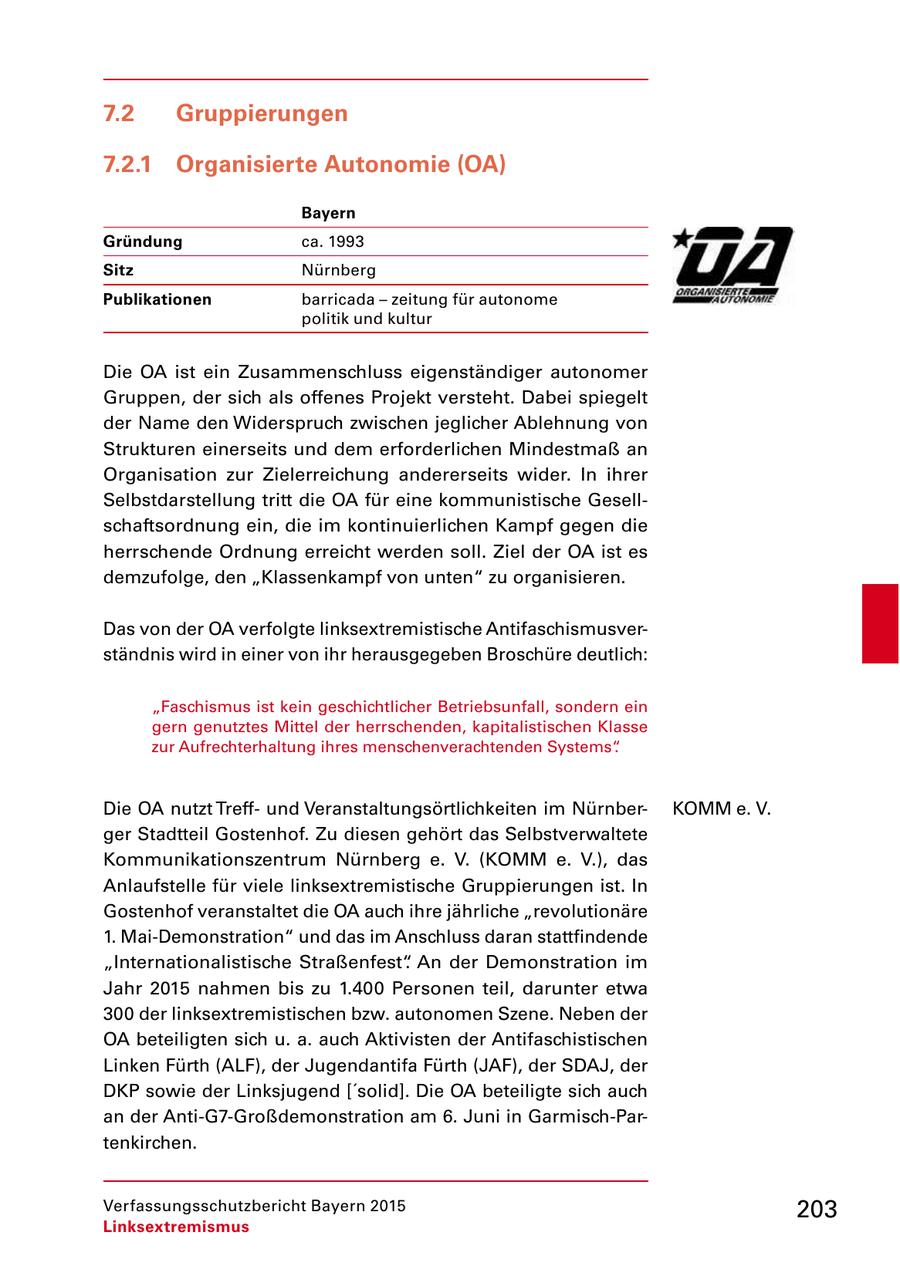 7.2 Gruppierungen 7.2.1 Organisierte Autonomie (OA) Bayern Gründung ca. 1993 Sitz Nürnberg Publikationen barricada - zeitung für autonome politik und kultur Die OA ist ein Zusammenschluss eigenständiger autonomer Gruppen, der sich als offenes Projekt versteht. Dabei spiegelt der Name den Widerspruch zwischen jeglicher Ablehnung von Strukturen einerseits und dem erforderlichen Mindestmaß an Organisation zur Zielerreichung andererseits wider. In ihrer Selbstdarstellung tritt die OA für eine kommunistische Gesell schaftsordnung ein, die im kontinuierlichen Kampf gegen die herrschende Ordnung erreicht werden soll. Ziel der OA ist es demzufolge, den "Klassenkampf von unten" zu organisieren. Das von der OA verfolgte linksextremistische Antifaschismusver ständnis wird in einer von ihr herausgegeben Broschüre deutlich: "Faschismus ist kein geschichtlicher Betriebsunfall, sondern ein gern genutztes Mittel der herrschenden, kapitalistischen Klasse zur Aufrechterhaltung ihres menschenverachtenden Systems". Die OA nutzt Treff und Veranstaltungsörtlichkeiten im Nürnber KOMM e. V. ger Stadtteil Gostenhof. Zu diesen gehört das Selbstverwaltete Kommunikationszentrum Nürnberg e. V. (KOMM e. V.), das Anlaufstelle für viele linksextremistische Gruppierungen ist. In Gostenhof veranstaltet die OA auch ihre jährliche "revolutionäre 1. MaiDemonstration" und das im Anschluss daran stattfindende "Internationalistische Straßenfest". An der Demonstration im Jahr 2015 nahmen bis zu 1.400 Personen teil, darunter etwa 300 der linksextremistischen bzw. autonomen Szene. Neben der OA beteiligten sich u. a. auch Aktivisten der Antifaschistischen Linken Fürth (ALF), der Jugendantifa Fürth (JAF), der SDAJ, der DKP sowie der Linksjugend ['solid]. Die OA beteiligte sich auch an der AntiG7Großdemonstration am 6. Juni in GarmischPar tenkirchen. Verfassungsschutzbericht Bayern 2015 203 Linksextremismus