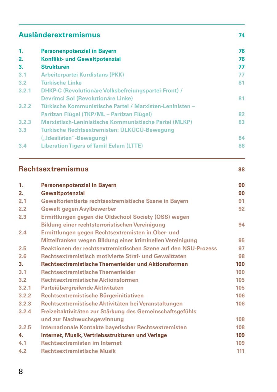 Ausländerextremismus 74 1. Personenpotenzial in Bayern 76 2. Konfliktund Gewaltpotenzial 76 3. Strukturen 77 3.1 Arbeiterpartei Kurdistans (PKK) 77 3.2 Türkische Linke 81 3.2.1 DHKP-C (Revolutionäre Volksbefreiungspartei-Front) / Devrimci Sol (Revolutionäre Linke) 81 3.2.2 Türkische Kommunistische Partei / Marxisten-Leninisten - Partizan Flügel (TKP/ML - Partizan Flügel) 82 3.2.3 Marxistisch-Leninistische Kommunistische Partei (MLKP) 83 3.3 Türkische Rechtsextremisten: ÜLKÜCÜ-Bewegung ("Idealisten"-Bewegung) 84 3.4 Liberation Tigers of Tamil Eelam (LTTE) 86 Rechtsextremismus 88 1. Personenpotenzial in Bayern 90 2. Gewaltpotenzial 90 2.1 Gewaltorientierte rechtsextremistische Szene in Bayern 91 2.2 Gewalt gegen Asylbewerber 92 2.3 Ermittlungen gegen die Oldschool Society (OSS) wegen Bildung einer rechtsterroristischen Vereinigung 94 2.4 Ermittlungen gegen Rechtsextremisten in Oberund Mittelfranken wegen Bildung einer kriminellen Vereinigung 95 2.5 Reaktionen der rechtsextremistischen Szene auf den NSU-Prozess 97 2.6 Rechtsextremistisch motivierte Strafund Gewalttaten 98 3. Rechtsextremistische Themenfelder und Aktionsformen 100 3.1 Rechtsextremistische Themenfelder 100 3.2 Rechtsextremistische Aktionsformen 105 3.2.1 Parteiübergreifende Aktivitäten 105 3.2.2 Rechtsextremistische Bürgerinitiativen 106 3.2.3 Rechtsextremistische Aktivitäten bei Veranstaltungen 106 3.2.4 Freizeitaktivitäten zur Stärkung des Gemeinschaftsgefühls und zur Nachwuchsgewinnung 108 3.2.5 Internationale Kontakte bayerischer Rechtsextremisten 108 4. Internet, Musik, Vertriebsstrukturen und Verlage 109 4.1 Rechtsextremisten im Internet 109 4.2 Rechtsextremistische Musik 111 8