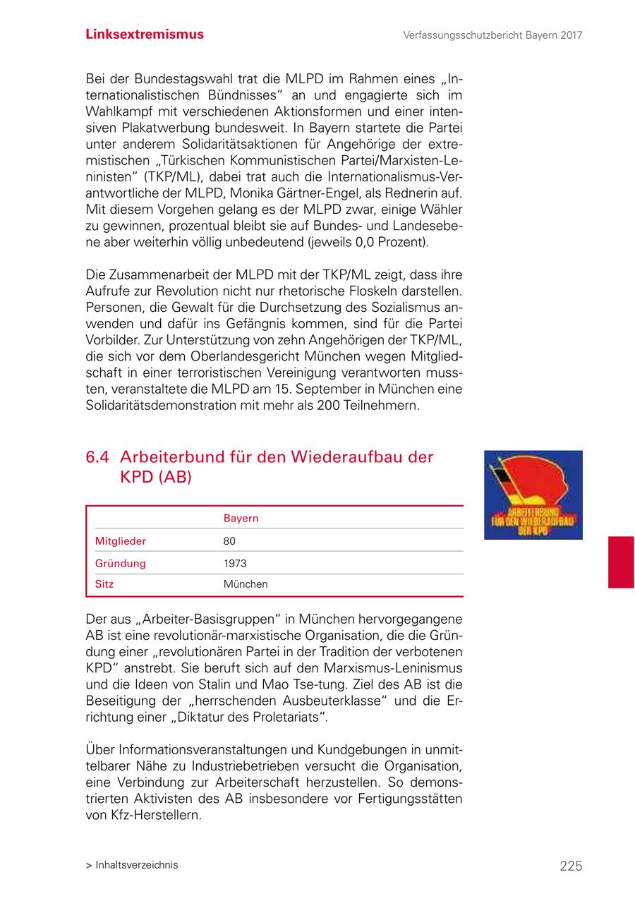 Linksextremismus Verfassungsschutzbericht Bayern 2017 Bei der Bundestagswahl trat die MLPD im Rahmen eines "Internationalistischen Bündnisses" an und engagierte sich im Wahlkampf mit verschiedenen Aktionsformen und einer intensiven Plakatwerbung bundesweit. In Bayern startete die Partei unter anderem Solidaritätsaktionen für Angehörige der extremistischen "Türkischen Kommunistischen Partei/Marxisten-Leninisten" (TKP/ML), dabei trat auch die Internationalismus-Verantwortliche der MLPD, Monika Gärtner-Engel, als Rednerin auf. Mit diesem Vorgehen gelang es der MLPD zwar, einige Wähler zu gewinnen, prozentual bleibt sie auf Bundesund Landesebene aber weiterhin völlig unbedeutend (jeweils 0,0 Prozent). Die Zusammenarbeit der MLPD mit der TKP/ML zeigt, dass ihre Aufrufe zur Revolution nicht nur rhetorische Floskeln darstellen. Personen, die Gewalt für die Durchsetzung des Sozialismus anwenden und dafür ins Gefängnis kommen, sind für die Partei Vorbilder. Zur Unterstützung von zehn Angehörigen der TKP/ML, die sich vor dem Oberlandesgericht München wegen Mitgliedschaft in einer terroristischen Vereinigung verantworten mussten, veranstaltete die MLPD am 15. September in München eine Solidaritätsdemonstration mit mehr als 200 Teilnehmern. 6.4 Arbeiterbund für den Wiederaufbau der KPD (AB) Bayern Mitglieder 80 Gründung 1973 Sitz München Der aus "Arbeiter-Basisgruppen" in München hervorgegangene AB ist eine revolutionär-marxistische Organisation, die die Gründung einer "revolutionären Partei in der Tradition der verbotenen KPD" anstrebt. Sie beruft sich auf den Marxismus-Leninismus und die Ideen von Stalin und Mao Tse-tung. Ziel des AB ist die Beseitigung der "herrschenden Ausbeuterklasse" und die Errichtung einer "Diktatur des Proletariats". Über Informationsveranstaltungen und Kundgebungen in unmittelbarer Nähe zu Industriebetrieben versucht die Organisation, eine Verbindung zur Arbeiterschaft herzustellen. So demonstrierten Aktivisten des AB insbesondere vor Fertigungsstätten von Kfz-Herstellern. > Inhaltsverzeichnis 225