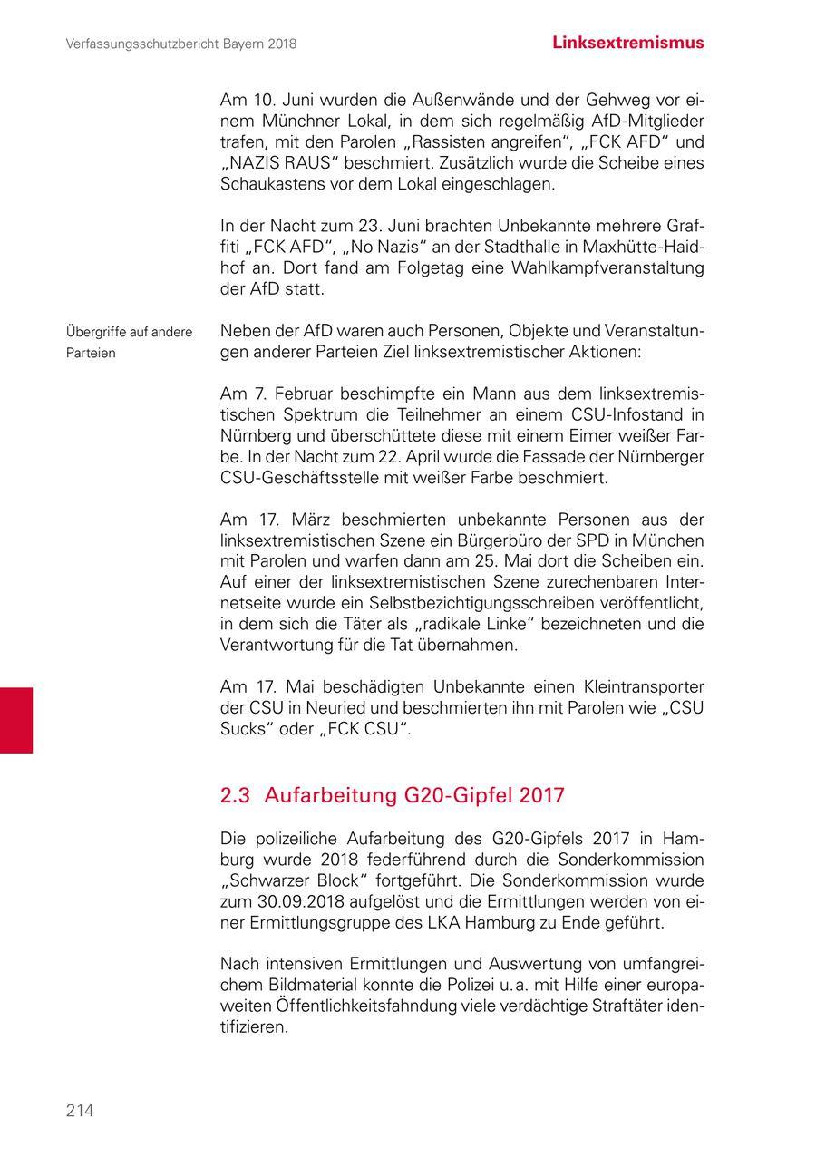 Verfassungsschutzbericht Bayern 2018 Linksextremismus Am 10. Juni wurden die Außenwände und der Gehweg vor einem Münchner Lokal, in dem sich regelmäßig AfD-Mitglieder trafen, mit den Parolen "Rassisten angreifen", "FCK AFD" und "NAZIS RAUS" beschmiert. Zusätzlich wurde die Scheibe eines Schaukastens vor dem Lokal eingeschlagen. In der Nacht zum 23. Juni brachten Unbekannte mehrere Graffiti "FCK AFD", "No Nazis" an der Stadthalle in Maxhütte-Haidhof an. Dort fand am Folgetag eine Wahlkampfveranstaltung der AfD statt. Übergriffe auf andere Neben der AfD waren auch Personen, Objekte und VeranstaltunParteien gen anderer Parteien Ziel linksextremistischer Aktionen: Am 7. Februar beschimpfte ein Mann aus dem linksextremistischen Spektrum die Teilnehmer an einem CSU-Infostand in Nürnberg und überschüttete diese mit einem Eimer weißer Farbe. In der Nacht zum 22. April wurde die Fassade der Nürnberger CSU-Geschäftsstelle mit weißer Farbe beschmiert. Am 17. März beschmierten unbekannte Personen aus der linksextremistischen Szene ein Bürgerbüro der SPD in München mit Parolen und warfen dann am 25. Mai dort die Scheiben ein. Auf einer der linksextremistischen Szene zurechenbaren Internetseite wurde ein Selbstbezichtigungsschreiben veröffentlicht, in dem sich die Täter als "radikale Linke" bezeichneten und die Verantwortung für die Tat übernahmen. Am 17. Mai beschädigten Unbekannte einen Kleintransporter der CSU in Neuried und beschmierten ihn mit Parolen wie "CSU Sucks" oder "FCK CSU". 2.3 Aufarbeitung G20-Gipfel 2017 Die polizeiliche Aufarbeitung des G20-Gipfels 2017 in Hamburg wurde 2018 federführend durch die Sonderkommission "Schwarzer Block" fortgeführt. Die Sonderkommission wurde zum 30.09.2018 aufgelöst und die Ermittlungen werden von einer Ermittlungsgruppe des LKA Hamburg zu Ende geführt. Nach intensiven Ermittlungen und Auswertung von umfangreichem Bildmaterial konnte die Polizei u. a. mit Hilfe einer europaweiten Öffentlichkeitsfahndung viele verdächtige Straftäter identifizieren. 214