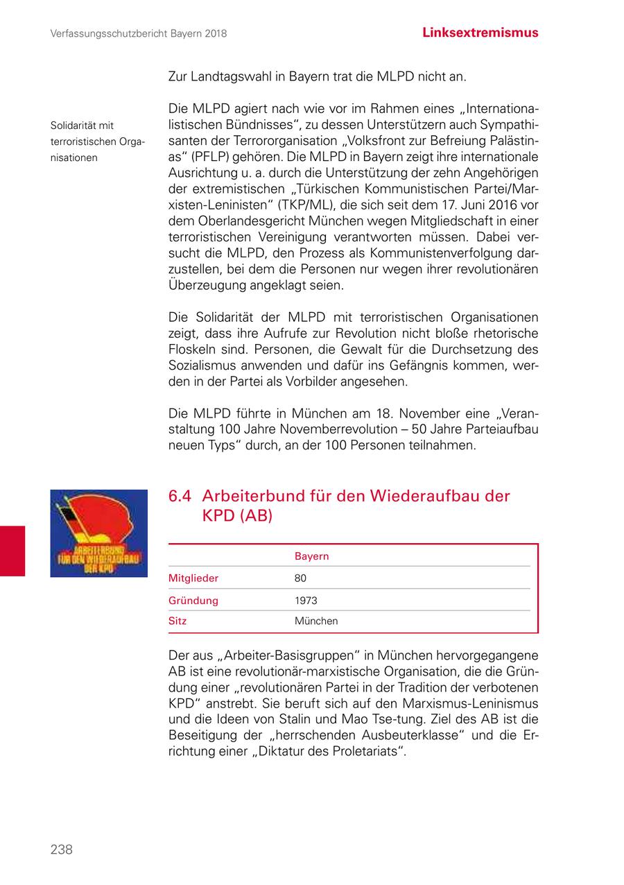 Verfassungsschutzbericht Bayern 2018 Linksextremismus Zur Landtagswahl in Bayern trat die MLPD nicht an. Die MLPD agiert nach wie vor im Rahmen eines "InternationaSolidarität mit listischen Bündnisses", zu dessen Unterstützern auch Sympathiterroristischen Orgasanten der Terrororganisation "Volksfront zur Befreiung Palästinnisationen as" (PFLP) gehören. Die MLPD in Bayern zeigt ihre internationale Ausrichtung u. a. durch die Unterstützung der zehn Angehörigen der extremistischen "Türkischen Kommunistischen Partei/Marxisten-Leninisten" (TKP/ML), die sich seit dem 17. Juni 2016 vor dem Oberlandesgericht München wegen Mitgliedschaft in einer terroristischen Vereinigung verantworten müssen. Dabei versucht die MLPD, den Prozess als Kommunistenverfolgung darzustellen, bei dem die Personen nur wegen ihrer revolutionären Überzeugung angeklagt seien. Die Solidarität der MLPD mit terroristischen Organisationen zeigt, dass ihre Aufrufe zur Revolution nicht bloße rhetorische Floskeln sind. Personen, die Gewalt für die Durchsetzung des Sozialismus anwenden und dafür ins Gefängnis kommen, werden in der Partei als Vorbilder angesehen. Die MLPD führte in München am 18. November eine "Veranstaltung 100 Jahre Novemberrevolution - 50 Jahre Parteiaufbau neuen Typs" durch, an der 100 Personen teilnahmen. 6.4 Arbeiterbund für den Wiederaufbau der KPD (AB) Bayern Mitglieder 80 Gründung 1973 Sitz München Der aus "Arbeiter-Basisgruppen" in München hervorgegangene AB ist eine revolutionär-marxistische Organisation, die die Gründung einer "revolutionären Partei in der Tradition der verbotenen KPD" anstrebt. Sie beruft sich auf den Marxismus-Leninismus und die Ideen von Stalin und Mao Tse-tung. Ziel des AB ist die Beseitigung der "herrschenden Ausbeuterklasse" und die Errichtung einer "Diktatur des Proletariats". 238