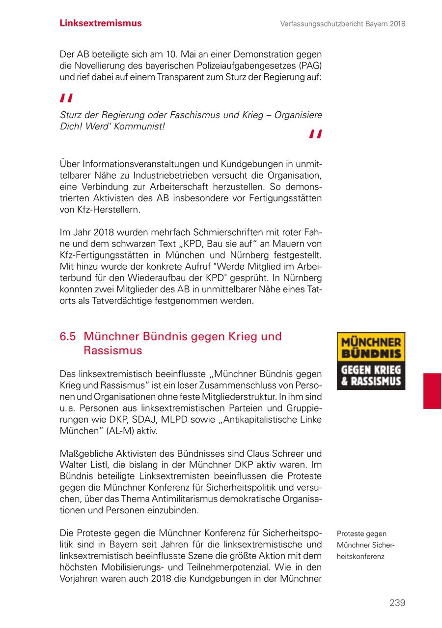 Linksextremismus Verfassungsschutzbericht Bayern 2018 Der AB beteiligte sich am 10. Mai an einer Demonstration gegen die Novellierung des bayerischen Polizeiaufgabengesetzes (PAG) und rief dabei auf einem Transparent zum Sturz der Regierung auf: Sturz der Regierung oder Faschismus und Krieg - Organisiere Dich! Werd' Kommunist! Über Informationsveranstaltungen und Kundgebungen in unmittelbarer Nähe zu Industriebetrieben versucht die Organisation, eine Verbindung zur Arbeiterschaft herzustellen. So demonstrierten Aktivisten des AB insbesondere vor Fertigungsstätten von Kfz-Herstellern. Im Jahr 2018 wurden mehrfach Schmierschriften mit roter Fahne und dem schwarzen Text "KPD, Bau sie auf" an Mauern von Kfz-Fertigungsstätten in München und Nürnberg festgestellt. Mit hinzu wurde der konkrete Aufruf "Werde Mitglied im Arbeiterbund für den Wiederaufbau der KPD" gesprüht. In Nürnberg konnten zwei Mitglieder des AB in unmittelbarer Nähe eines Tatorts als Tatverdächtige festgenommen werden. 6.5 Münchner Bündnis gegen Krieg und Rassismus Das linksextremistisch beeinflusste "Münchner Bündnis gegen Krieg und Rassismus" ist ein loser Zusammenschluss von Personen und Organisationen ohne feste Mitgliederstruktur. In ihm sind u. a. Personen aus linksextremistischen Parteien und Gruppierungen wie DKP, SDAJ, MLPD sowie "Antikapitalistische Linke München" (AL-M) aktiv. Maßgebliche Aktivisten des Bündnisses sind Claus Schreer und Walter Listl, die bislang in der Münchner DKP aktiv waren. Im Bündnis beteiligte Linksextremisten beeinflussen die Proteste gegen die Münchner Konferenz für Sicherheitspolitik und versuchen, über das Thema Antimilitarismus demokratische Organisationen und Personen einzubinden. Die Proteste gegen die Münchner Konferenz für SicherheitspoProteste gegen litik sind in Bayern seit Jahren für die linksextremistische und Münchner Sicherlinksextremistisch beeinflusste Szene die größte Aktion mit dem heitskonferenz höchsten Mobilisierungsund Teilnehmerpotenzial. Wie in den Vorjahren waren auch 2018 die Kundgebungen in der Münchner 239