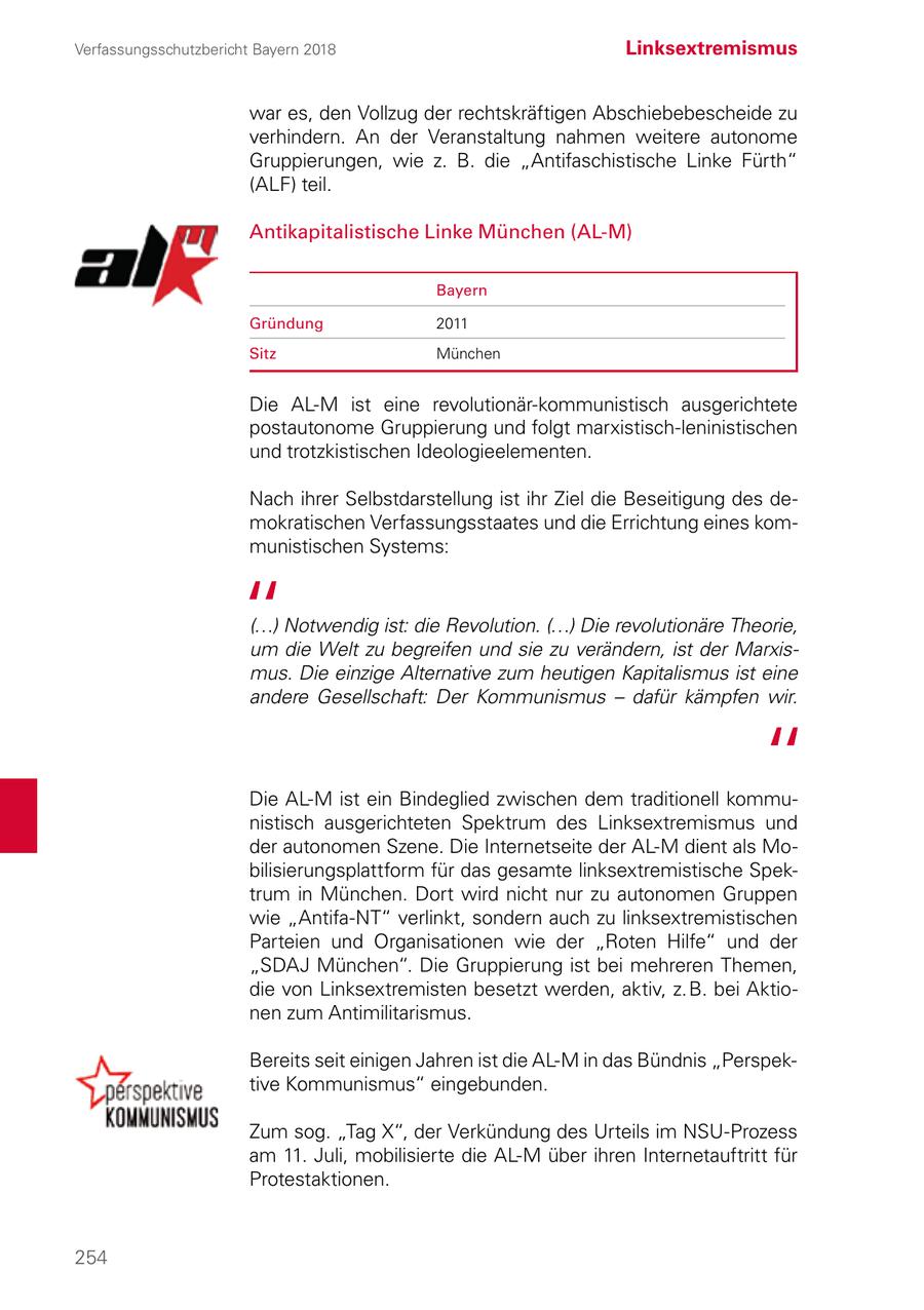 Verfassungsschutzbericht Bayern 2018 Linksextremismus war es, den Vollzug der rechtskräftigen Abschiebebescheide zu verhindern. An der Veranstaltung nahmen weitere autonome Gruppierungen, wie z. B. die "Antifaschistische Linke Fürth" (ALF) teil. Antikapitalistische Linke München (AL-M) Bayern Gründung 2011 Sitz München Die AL-M ist eine revolutionär-kommunistisch ausgerichtete postautonome Gruppierung und folgt marxistisch-leninistischen und trotzkistischen Ideologieelementen. Nach ihrer Selbstdarstellung ist ihr Ziel die Beseitigung des demokratischen Verfassungsstaates und die Errichtung eines kommunistischen Systems: (...) Notwendig ist: die Revolution. (...) Die revolutionäre Theorie, um die Welt zu begreifen und sie zu verändern, ist der Marxismus. Die einzige Alternative zum heutigen Kapitalismus ist eine andere Gesellschaft: Der Kommunismus - dafür kämpfen wir. Die AL-M ist ein Bindeglied zwischen dem traditionell kommunistisch ausgerichteten Spektrum des Linksextremismus und der autonomen Szene. Die Internetseite der AL-M dient als Mobilisierungsplattform für das gesamte linksextremistische Spektrum in München. Dort wird nicht nur zu autonomen Gruppen wie "Antifa-NT" verlinkt, sondern auch zu linksextremistischen Parteien und Organisationen wie der "Roten Hilfe" und der "SDAJ München". Die Gruppierung ist bei mehreren Themen, die von Linksextremisten besetzt werden, aktiv, z. B. bei Aktionen zum Antimilitarismus. Bereits seit einigen Jahren ist die AL-M in das Bündnis "Perspektive Kommunismus" eingebunden. Zum sog. "Tag X", der Verkündung des Urteils im NSU-Prozess am 11. Juli, mobilisierte die AL-M über ihren Internetauftritt für Protestaktionen. 254