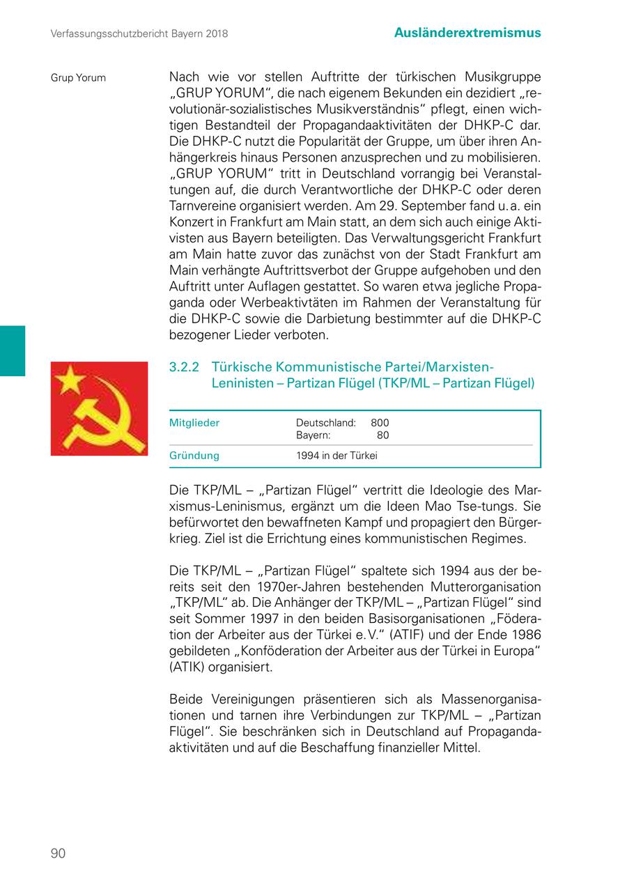Verfassungsschutzbericht Bayern 2018 Ausländerextremismus Grup Yorum Nach wie vor stellen Auftritte der türkischen Musikgruppe "GRUP YORUM", die nach eigenem Bekunden ein dezidiert "revolutionär-sozialistisches Musikverständnis" pflegt, einen wichtigen Bestandteil der Propagandaaktivitäten der DHKP-C dar. Die DHKP-C nutzt die Popularität der Gruppe, um über ihren Anhängerkreis hinaus Personen anzusprechen und zu mobilisieren. "GRUP YORUM" tritt in Deutschland vorrangig bei Veranstaltungen auf, die durch Verantwortliche der DHKP-C oder deren Tarnvereine organisiert werden. Am 29. September fand u. a. ein Konzert in Frankfurt am Main statt, an dem sich auch einige Aktivisten aus Bayern beteiligten. Das Verwaltungsgericht Frankfurt am Main hatte zuvor das zunächst von der Stadt Frankfurt am Main verhängte Auftrittsverbot der Gruppe aufgehoben und den Auftritt unter Auflagen gestattet. So waren etwa jegliche Propaganda oder Werbeaktivtäten im Rahmen der Veranstaltung für die DHKP-C sowie die Darbietung bestimmter auf die DHKP-C bezogener Lieder verboten. 3.2.2 Türkische Kommunistische Partei/MarxistenLeninisten - Partizan Flügel (TKP/ML - Partizan Flügel) Mitglieder Deutschland: 800 Bayern: 80 Gründung 1994 in der Türkei Die TKP/ML - "Partizan Flügel" vertritt die Ideologie des Marxismus-Leninismus, ergänzt um die Ideen Mao Tse-tungs. Sie befürwortet den bewaffneten Kampf und propagiert den Bürgerkrieg. Ziel ist die Errichtung eines kommunistischen Regimes. Die TKP/ML - "Partizan Flügel" spaltete sich 1994 aus der bereits seit den 1970er-Jahren bestehenden Mutterorganisation "TKP/ML" ab. Die Anhänger der TKP/ML - "Partizan Flügel" sind seit Sommer 1997 in den beiden Basisorganisationen "Föderation der Arbeiter aus der Türkei e. V." (ATIF) und der Ende 1986 gebildeten "Konföderation der Arbeiter aus der Türkei in Europa" (ATIK) organisiert. Beide Vereinigungen präsentieren sich als Massenorganisationen und tarnen ihre Verbindungen zur TKP/ML - "Partizan Flügel". Sie beschränken sich in Deutschland auf Propagandaaktivitäten und auf die Beschaffung finanzieller Mittel. 90