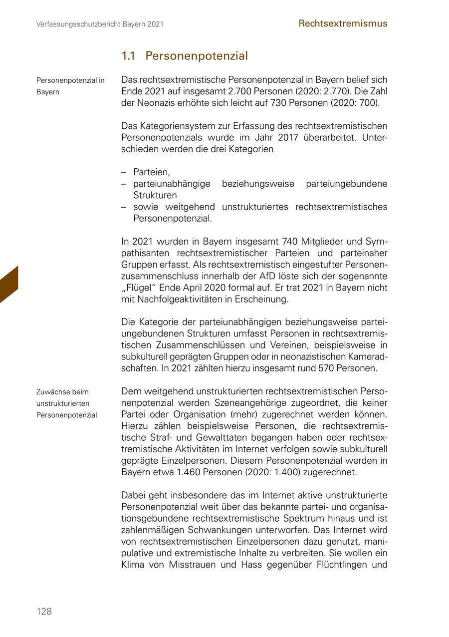 Verfassungsschutzbericht Bayern 2021 Rechtsextremismus 1.1 Personenpotenzial Personenpotenzial in Das rechtsextremistische Personenpotenzial in Bayern belief sich Bayern Ende 2021 auf insgesamt 2.700 Personen (2020: 2.770). Die Zahl der Neonazis erhöhte sich leicht auf 730 Personen (2020: 700). Das Kategoriensystem zur Erfassung des rechtsextremistischen Personenpotenzials wurde im Jahr 2017 überarbeitet. Unter schieden werden die drei Kategorien - Parteien, - parteiunabhängige beziehungsweise parteiungebundene Strukturen - sowie weitgehend unstrukturiertes rechtsextremistisches Personenpotenzial. In 2021 wurden in Bayern insgesamt 740 Mitglieder und Sym pathisanten rechtsextremistischer Parteien und parteinaher Gruppen erfasst. Als rechtsextremistisch eingestufter Personen zusammenschluss innerhalb der AfD löste sich der sogenannte "Flügel" Ende April 2020 formal auf. Er trat 2021 in Bayern nicht mit Nachfolgeaktivitäten in Erscheinung. Die Kategorie der parteiunabhängigen beziehungsweise partei ungebundenen Strukturen umfasst Personen in rechtsextremis tischen Zusammenschlüssen und Vereinen, beispielsweise in subkulturell geprägten Gruppen oder in neonazistischen Kamerad schaften. In 2021 zählten hierzu insgesamt rund 570 Personen. Zuwächse beim Dem weitgehend unstrukturierten rechtsextremistischen Perso unstrukturierten nenpotenzial werden Szeneangehörige zugeordnet, die keiner Personenpotenzial Partei oder Organisation (mehr) zugerechnet werden können. Hierzu zählen beispielsweise Personen, die rechtsextremis tische Straf und Gewalttaten begangen haben oder rechtsex tremistische Aktivitäten im Internet verfolgen sowie subkulturell geprägte Einzelpersonen. Diesem Personenpotenzial werden in Bayern etwa 1.460 Personen (2020: 1.400) zugerechnet. Dabei geht insbesondere das im Internet aktive unstrukturierte Personenpotenzial weit über das bekannte partei und organisa tionsgebundene rechtsextremistische Spektrum hinaus und ist zahlenmäßigen Schwankungen unterworfen. Das Internet wird von rechtsextremistischen Einzelpersonen dazu genutzt, mani pulative und extremistische Inhalte zu verbreiten. Sie wollen ein Klima von Misstrauen und Hass gegenüber Flüchtlingen und 128