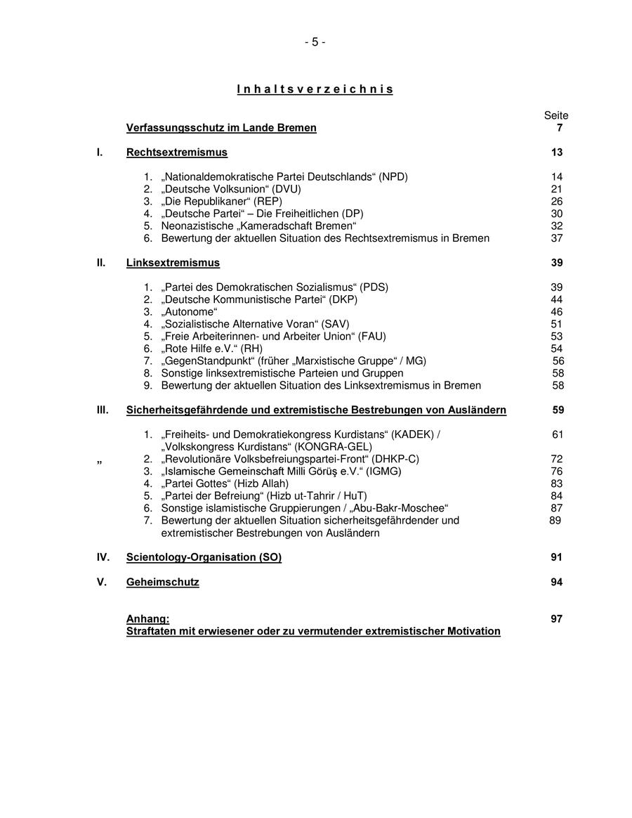 -5Seite 1. "Nationaldemokratische Partei Deutschlands" (NPD) 14 2. "Deutsche Volksunion" (DVU) 21 3. "Die Republikaner" (REP) 26 4. "Deutsche Partei" - Die Freiheitlichen (DP) 30 5. Neonazistische "Kameradschaft Bremen" 32 6. Bewertung der aktuellen Situation des Rechtsextremismus in Bremen 37 1. "Partei des Demokratischen Sozialismus" (PDS) 39 2. "Deutsche Kommunistische Partei" (DKP) 44 3. "Autonome" 46 4. "Sozialistische Alternative Voran" (SAV) 51 5. "Freie Arbeiterinnenund Arbeiter Union" (FAU) 53 6. "Rote Hilfe e.V." (RH) 54 7. "GegenStandpunkt" (früher "Marxistische Gruppe" / MG) 56 8. Sonstige linksextremistische Parteien und Gruppen 58 9. Bewertung der aktuellen Situation des Linksextremismus in Bremen 58 1. "Freiheitsund Demokratiekongress Kurdistans" (KADEK) / 61 "Volkskongress Kurdistans" (KONGRA-GEL) 2. "Revolutionäre Volksbefreiungspartei-Front" (DHKP-C) 72 3. 76 4. "Partei Gottes" (Hizb Allah) 83 5. "Partei der Befreiung" (Hizb ut-Tahrir / HuT) 84 6. Sonstige islamistische Gruppierungen / "Abu-Bakr-Moschee" 87 7. Bewertung der aktuellen Situation sicherheitsgefährdender und 89 extremistischer Bestrebungen von Ausländern