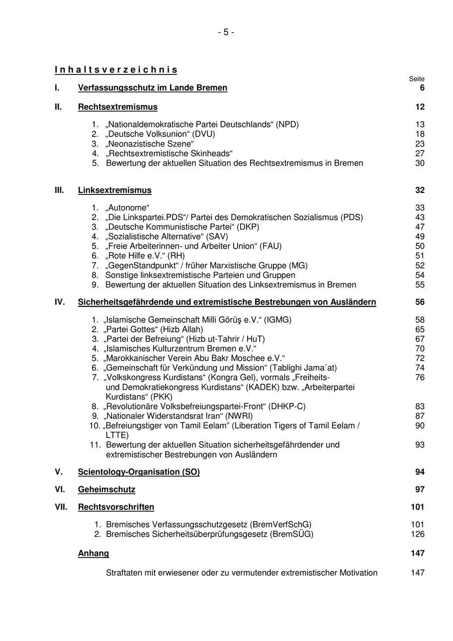-5Inhaltsverzeichnis Seite I. Verfassungsschutz im Lande Bremen 6 II. Rechtsextremismus 12 1. "Nationaldemokratische Partei Deutschlands" (NPD) 13 2. "Deutsche Volksunion" (DVU) 18 3. "Neonazistische Szene" 23 4. "Rechtsextremistische Skinheads" 27 5. Bewertung der aktuellen Situation des Rechtsextremismus in Bremen 30 III. Linksextremismus 32 1. "Autonome" 33 2. "Die Linkspartei.PDS"/ Partei des Demokratischen Sozialismus (PDS) 43 3. "Deutsche Kommunistische Partei" (DKP) 47 4. "Sozialistische Alternative" (SAV) 49 5. "Freie Arbeiterinnenund Arbeiter Union" (FAU) 50 6. "Rote Hilfe e.V." (RH) 51 7. "GegenStandpunkt" / früher Marxistische Gruppe (MG) 52 8. Sonstige linksextremistische Parteien und Gruppen 54 9. Bewertung der aktuellen Situation des Linksextremismus in Bremen 55 IV. Sicherheitsgefährdende und extremistische Bestrebungen von Ausländern 56 1. "Islamische Gemeinschaft Milli Görüs e.V." (IGMG) 58 2. "Partei Gottes" (Hizb Allah) 65 3. "Partei der Befreiung" (Hizb ut-Tahrir / HuT) 67 4. "Islamisches Kulturzentrum Bremen e.V." 70 5. "Marokkanischer Verein Abu Bakr Moschee e.V." 72 6. "Gemeinschaft für Verkündung und Mission" (Tablighi Jama'at) 74 7. "Volkskongress Kurdistans" (Kongra Gel), vormals "Freiheits76 und Demokratiekongress Kurdistans" (KADEK) bzw. "Arbeiterpartei Kurdistans" (PKK) 8. "Revolutionäre Volksbefreiungspartei-Front" (DHKP-C) 83 9. "Nationaler Widerstandsrat Iran" (NWRI) 87 10. "Befreiungstiger von Tamil Eelam" (Liberation Tigers of Tamil Eelam / 90 LTTE) 11. Bewertung der aktuellen Situation sicherheitsgefährdender und 93 extremistischer Bestrebungen von Ausländern V. Scientology-Organisation (SO) 94 VI. Geheimschutz 97 VII. Rechtsvorschriften 101 1. Bremisches Verfassungsschutzgesetz (BremVerfSchG) 101 2. Bremisches Sicherheitsüberprüfungsgesetz (BremSÜG) 126 Anhang 147 Straftaten mit erwiesener oder zu vermutender extremistischer Motivation 147