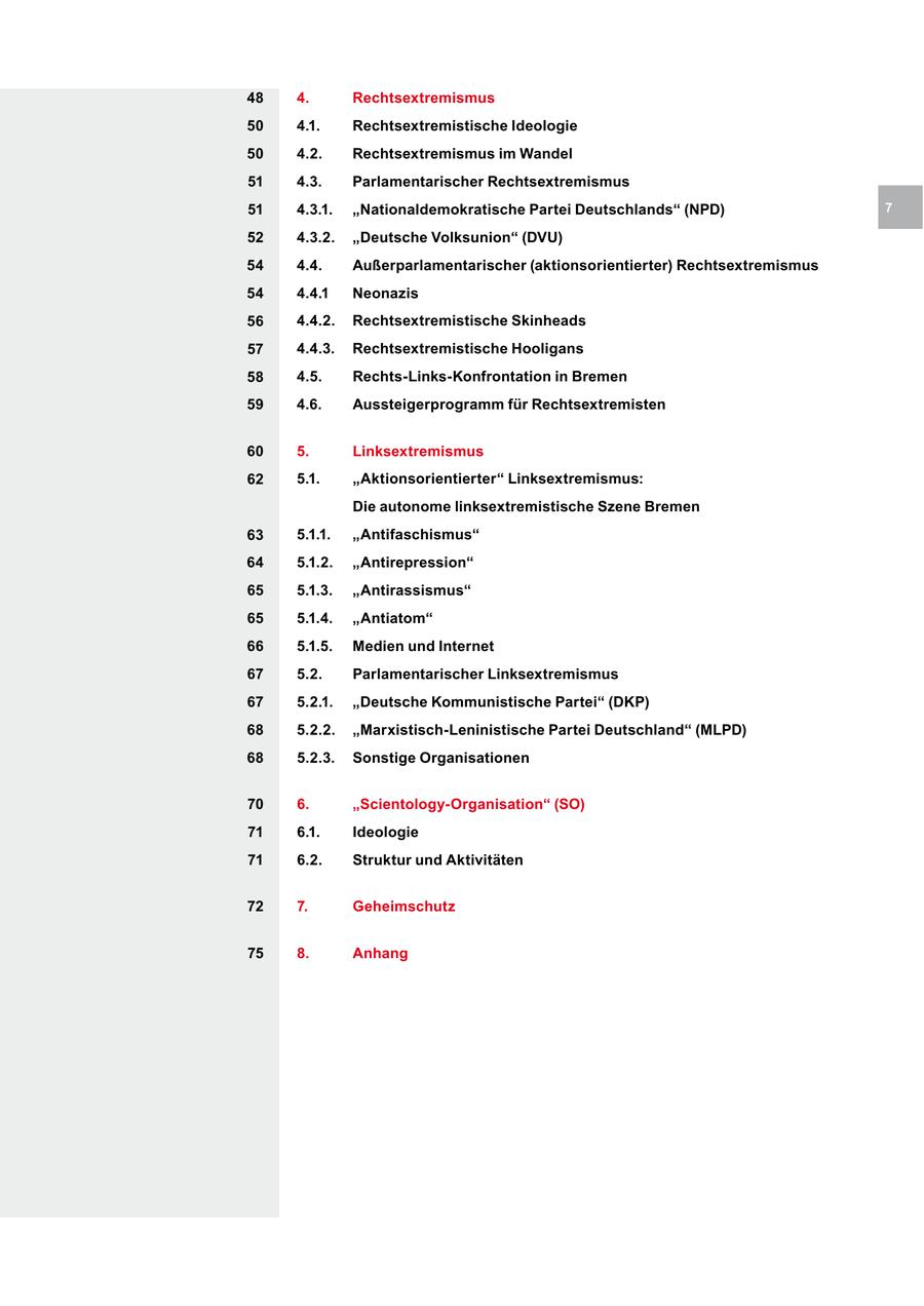 48 4. Rechtsextremismus 50 4.1. Rechtsextremistische Ideologie 50 4.2. Rechtsextremismus im Wandel 51 4.3. Parlamentarischer Rechtsextremismus 51 4.3.1. "Nationaldemokratische Partei Deutschlands" (NPD) 7 52 4.3.2. "Deutsche Volksunion" (DVU) 54 4.4. Außerparlamentarischer (aktionsorientierter) Rechtsextremismus 54 4.4.1 Neonazis 56 4.4.2. Rechtsextremistische Skinheads 57 4.4.3. Rechtsextremistische Hooligans 58 4.5. Rechts-Links-Konfrontation in Bremen 59 4.6. Aussteigerprogramm für Rechtsextremisten 60 5. Linksextremismus 62 5.1. "Aktionsorientierter" Linksextremismus: Die autonome linksextremistische Szene Bremen 63 5.1.1. "Antifaschismus" 64 5.1.2. "Antirepression" 65 5.1.3. "Antirassismus" 65 5.1.4. "Antiatom" 66 5.1.5. Medien und Internet 67 5.2. Parlamentarischer Linksextremismus 67 5.2.1. "Deutsche Kommunistische Partei" (DKP) 68 5.2.2. "Marxistisch-Leninistische Partei Deutschland" (MLPD) 68 5.2.3. Sonstige Organisationen 70 6. "Scientology-Organisation" (SO) 71 6.1. Ideologie 71 6.2. Struktur und Aktivitäten 72 7. Geheimschutz 75 8. Anhang