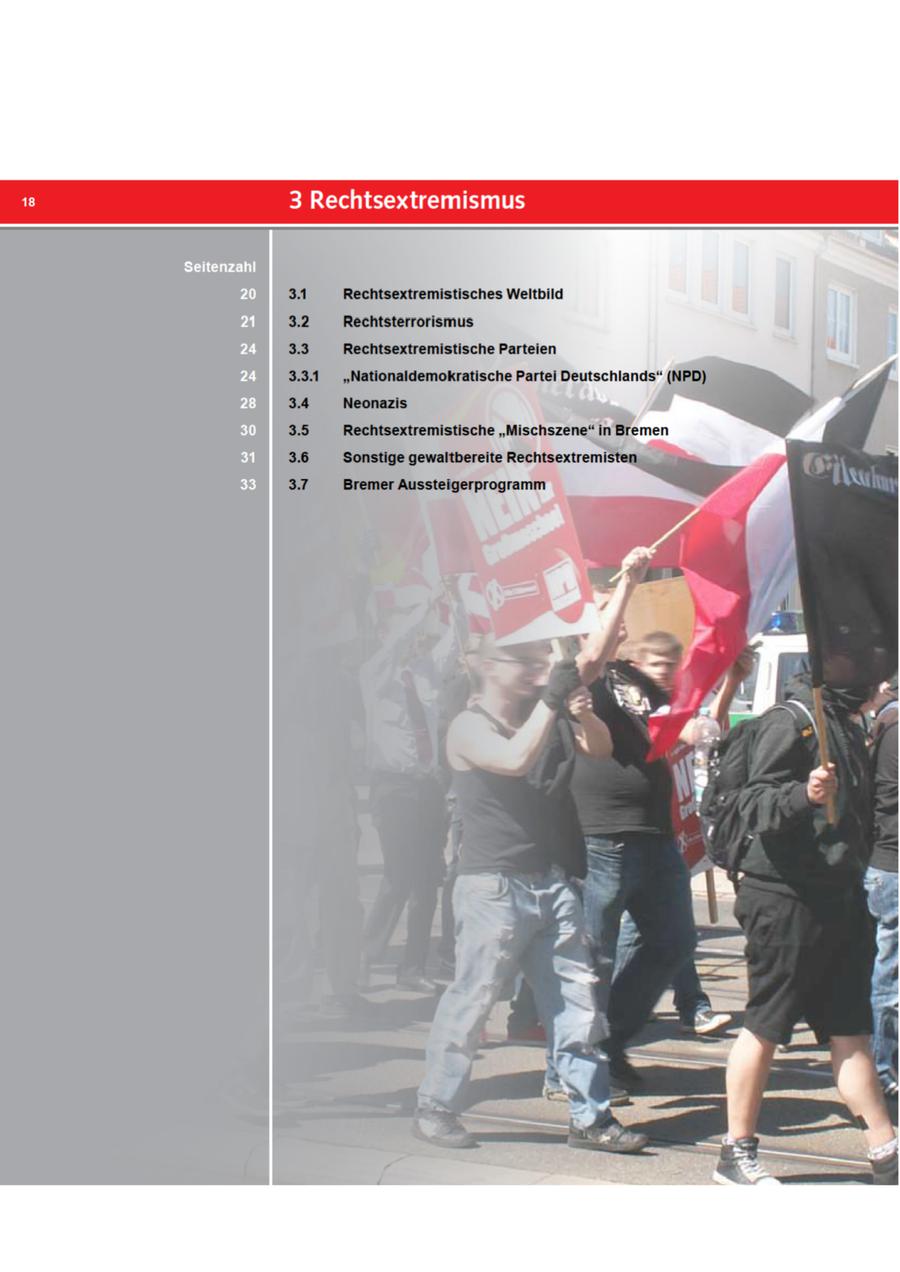 ui} 3 Rechtsextremismus 31 Rechtsextremistisches Weltbild 3.2 Rechtsterrorismus 3.3 Rechtsextremistische Parteien 3.3.1 "Nationaldemokratische Partei Deutschlands" (NPD) 3.4 Neonazis 3.5 Rechtsextremistische "Mischszene" in Bremen 3.6 Sonstige gewaltbereite Rechtsextremisten. 2 37 Bremer Aussteigerprogramm