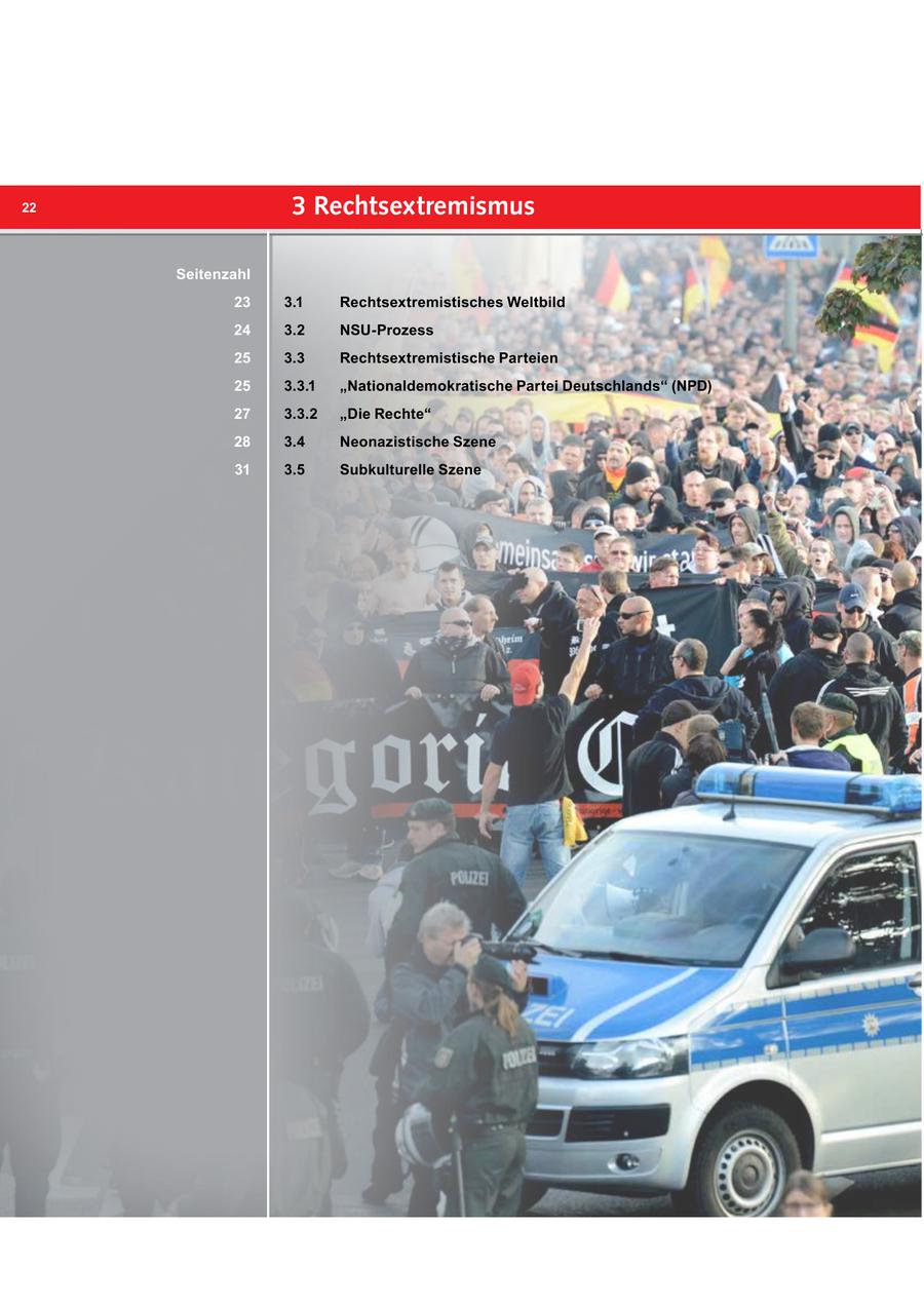 22 3 Rechtsextremismus Seitenzahl 23 3.1 Rechtsextremistisches Weltbild 24 3.2 NSU-Prozess 25 3.3 Rechtsextremistische Parteien 25 3.3.1 "Nationaldemokratische Partei Deutschlands" (NPD) 27 3.3.2 "Die Rechte" 28 3.4 Neonazistische Szene 31 3.5 Subkulturelle Szene
