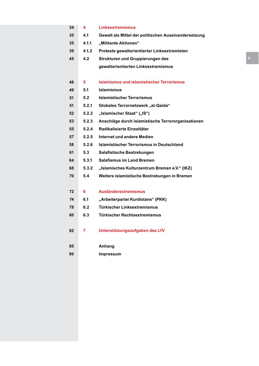 34 4 Linksextremismus 35 4.1 Gewalt als Mittel der politischen Auseinandersetzung 35 4.1.1 "Militante Aktionen" 39 4.1.2 Proteste gewaltorientierter Linksextremisten 45 4.2 Strukturen und Gruppierungen des 9 gewaltorientierten Linksextremismus 48 5 Islamismus und islamistischer Terrorismus 49 5.1 Islamismus 51 5.2 Islamistischer Terrorismus 51 5.2.1 Globales Terrornetzwerk "al-Qaida" 52 5.2.2 "Islamischer Staat" ("IS") 53 5.2.3 Anschläge durch islamistische Terrororganisationen 55 5.2.4 Radikalisierte Einzeltäter 57 5.2.5 Internet und andere Medien 58 5.2.6 Islamistischer Terrorismus in Deutschland 61 5.3 Salafistische Bestrebungen 64 5.3.1 Salafismus im Land Bremen 68 5.3.2 "Islamisches Kulturzentrum Bremen e.V." (IKZ) 70 5.4 Weitere islamistische Bestrebungen in Bremen 72 6 Ausländerextremismus 74 6.1 "Arbeiterpartei Kurdistans" (PKK) 78 6.2 Türkischer Linksextremismus 80 6.3 Türkischer Rechtsextremismus 82 7 Unterstützungsaufgaben des LfV 85 Anhang 90 Impressum