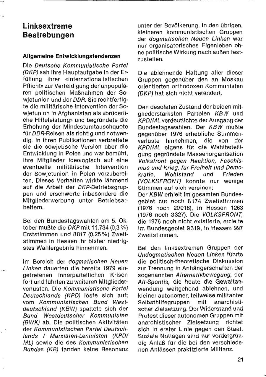 Linksextreme unter der Bevölkerung. In den übrigen, kleineren kommunistischen Gruppen Bestrebungen der dogmatischen Neuen Linken war nur organisatorisches Eigenleben ohne politische Wirkung nach außen festAllgemeine Entwicklungstendenzen zustellen. Die Deutsche Kommunistische Partei (DKP) sah ihre Hauptaufgabe in der ErDie ablehnende Haltung aller dieser fülung ihrer "internationalistischen Gruppen gegenüber den an Moskau Pflicht" zur Verteidigung der unpopuläorientierten orthodoxen Kommunisten ren politischen Maßnahmen der So{DKP} hat sich nicht verändert, wjetunion und der DDR.Sie rechtfertigte die militärische Intervention der SoDen desolaten Zustand der beiden mitwietunion in Afghanistan als "brüderligliederstärksten Parteien KBW und che Hilfeleistung" und begründete die KPD/ML verdeutlichte der Ausgang der Erhöhung der Mindestumtauschquote Bundestagswahlen. Der KBW mußte für DDR-Reisen als richtig und notwengegenüber 1976 erhebliche Stimmendig. In ihren Publikationen verbreitete verluste hinnehmen, die von der sie die sowjetische Version über die KPD/ML eigens für die WahlbeteiliEntwicklung in Polen und war bemüht, gung gegründete Massenorganisation ihre Mitglieder ideologisch auf eine Volksfront gegen Reaktion, Faschiseventuelle militärische Intervention mus und Krieg, für Freiheit und Demoder Sowjetunion in Polen vorzubereikrati, Wohlstand und Frieden ten. Dieses Verhalten wirkte lähmend {VOLKSFRONT) konnte nur wenige auf die Arbeit der DKP-BetriebsgrupStimmen auf sich vereinen: pen und erschwerte inbesondere die Der KBW erhielt im gesamten BundesMitgliederwerbung unter Betriebsargebiet nur noch 8174 Zweitstimmen beitern. (1976 noch 20018), in Hessen 1263 (1976 noch 3327). Die VOLKSFRONT, Bei den Bundestagswahlen am 5. Okdie 1976 noch nicht existierte, erzielte tober mußte die DKP mit 11.734 (0,3%) im Bundesgebiet 9319, in Hessen 997 Erststimmen und 8817 (0,25%) ZweitZweitstimmen. stimmen in Hessen hr bisher niedrigstes Wahlergebnis hinnehmen. Bei den linksextremen Gruppen der Undogmatischen Neuen Linken führte im Bereich der dogmatischen Neuen die politisch-theoretische Diskussion Linken dauerten die bereits 1979 einzur Trennung in Anhängerschaften der getretenen innerparteilichen Krisen sogenannten Alternativbewegung, der fort und führten zu weiteren MitgliederAlt-Spontis, die heute die Gewaltanverlusten. Die Kommunistische Partei wendung weitgehend ablehnen, und Deutschlands (KPD) löste sich auf; kleiner autonomer, teilweise militanter vom Kommunistischen Bund WestSelbsthilfegruppen mit anarchistideutschland (KBW) spaltete sich der scher Zielsetzung. Der Widerstand und Bund Westdeutscher Kommunisten Protest dieser autonomen Gruppen mit (BWK) ab. Die politischen Aktivitäten anarchistischer Zielsetzung richtet der Kommunistischen Partei Deutschsich in erster Linie gegen den Staat. lands / Marxisten-Leninisten (KPD/ Soziale Notlagen sind nur vordergrünML) sowie die des Kommunistischen dig Anlaß für die bei den verschledeBundes (KB} fanden keine Resonanz nen Anlässen praktizierte Militanz. 21