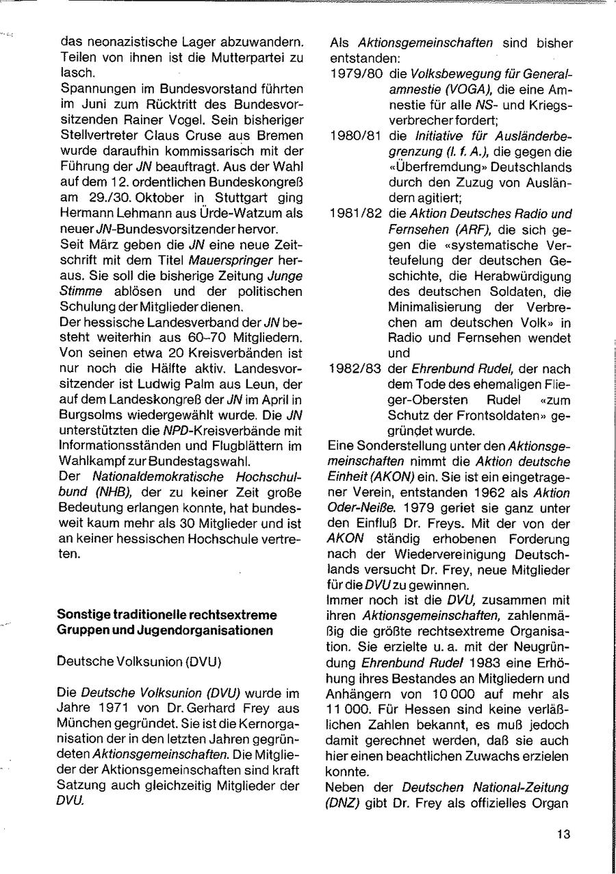 das neonazistische Lager abzuwandern. Als Aktionsgemeinschaften sind bisher Teilen von ihnen ist die Mutterpartei zu entstanden: lasch. 1979/80 die Volksbewegung für GeneralSpannungen im Bundesvorstand führten amnestie (VOGA), die eine Amim Juni zum Rücktritt des Bundesvornestie für alle NSund Kriegssitzenden Rainer Vogel. Sein bisheriger verbrecher fordert; Stellvertreter Claus Cruse aus Bremen 1980/81 die Initiative für Ausländerbewurde daraufhin kommissarisch mit der grenzung(I. f. A.), die gegen die Führung der JN beauftragt. Aus der Wahl "UÜberfremdung" Deutschlands auf dem 12. ordentlichen Bundeskongreß durch den Zuzug von Auslänam 29./30. Oktober in Stuttgart ging dernagitiert; Hermann Lehmann aus Urde-Watzum als 1981/82 die Aktion Deutsches Radio und neuer JN-Bundesvorsitzender hervor. Fernsehen (ARF), die sch geSeit März geben die JN eine neue Zeitgen die "systematische Verschrift mit dem Titel Mauerspringer herteufelung der deutschen Geaus. Sie soll die bisherige Zeitung Junge schichte, die Herabwürdigung Stimme ablösen und der politischen des deutschen Soldaten, die Schulung der Mitglieder dienen. Minimalisierung der VerbreDer hessische Landesverband der JN bechen am deutschen Volk" in steht weiterhin aus 60-70 Mitgliedern. Radio und Fernsehen wendet Von seinen etwa 20 Kreisverbänden ist und nur noch die Hälfte aktiv. Landesvor1982/83 der Ehrenbund Rudel, der nach sitzender ist Ludwig Palm aus Leun, der dem Tode des ehemaligen Flieauf dem Landeskongreß der JN im April in ger-Obersten Rudel "zum Burgsolms wiedergewählt wurde. Die JN Schutz der Frontsoldaten" geunterstützten die NPD-Kreisverbände mit gründet wurde. Informationsständen und Flugblättern im Eine Sonderstellung unter den AktionsgeWahlkampf zur Bundestagswahl. meinschaften nimmt die Aktion deutsche Der Nationaldemokratische HochschulEinheit (AKON)ein. Sie ist ein eingetragebund (NHB), der zu keiner Zeit große ner Verein, entstanden 1962 als Aktion Bedeutung erlangen konnte, hat bundesOder-Neiße. 1979 geriet sie ganz unter weit kaum mehr als 30 Mitglieder und ist den Einfluß Dr. Freys. Mit der von der an keiner hessischen Hochschule vertreAKON ständig erhobenen Forderung ten. nach der Wiedervereinigung Deutschlands versucht Dr. Frey, neue Mitglieder für die DVU zu gewinnen. Immer noch ist die DVU, zusammen mit Sonstige traditionelle rechtsextreme ihren Aktionsgemeinschaften, zahlenmäGruppen und Jugendorganisationen Big die größte rechtsextreme Organisation. Sie erzielte u.a. mit der NeugrünDeutsche Volksunion (DVU} dung Ehrenbund Rudel 1983 eine Erhöhung ihres Bestandes an Mitgliedern und Die Deutsche Volksunion (DVU) wurde m Anhängern von 30000 auf mehr als Jahre 1971 von Dr.Gerhard Frey aus 11.000. Für Hessen sind keine verläßMünchen gegründet. Se ist die Kernorgalichen Zahlen bekannt, es muß jedoch nisation der in den letzten Jahren gegründamit gerechnet werden, daß sie auch deten Aktionsgemeinschaften. Die Mitgliehier einen beachtlichen Zuwachs erzielen der der Aktionsgemeinschaften sind kraft konnte. Satzung auch gleichzeitig Mitglieder der Neben der Deutschen National-Zeitung DVU. (DNZ) gibt Dr. Frey als offizielles Organ 13
