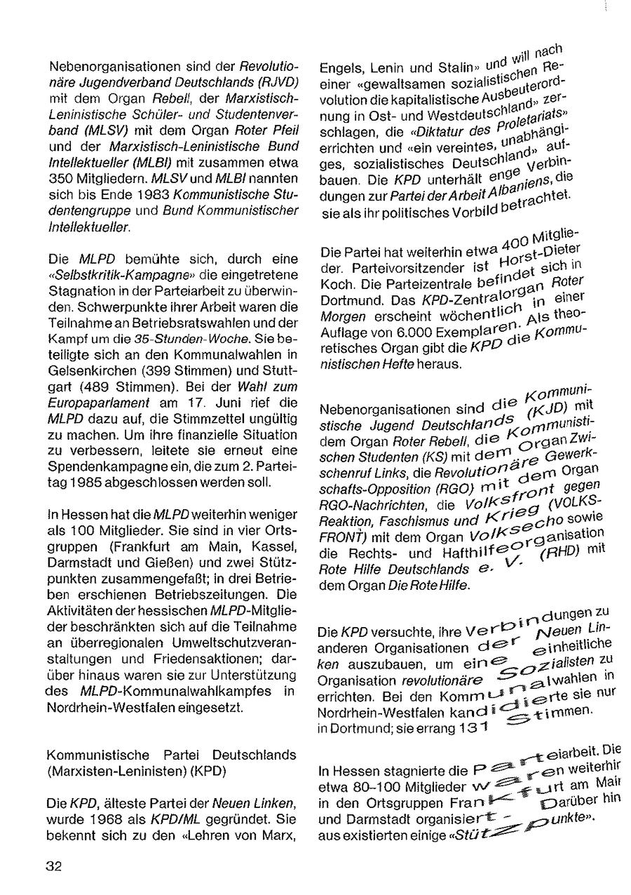 " nach Nebenorganisationen sind der RevolutioEngels, Lenin und Stalin" und wi penäre Jugendverband Deutschlands (RJVD) einer "gewaltsamen sozialisti(r) mit dem Organ Rebell, der Marxistischvolution die kapitalistische AUS" d Leninistische Schülerund Studentenvernung in Ostund Westdeutschl@N"riats" band (MLSV) mit dem Organ Roter Pfeil schlagen, die "Diktatur des Pf pnänglund der Marxistisch-Leninistische Bund errichten und "ein vereintes, U" ,, aufIntellektueller (MLBl) mit zusammen etwa ges, sozialistisches Deutsch Verbin 350 Mitgliedern. MLSV und MLBi nannten bauen Die KPD unterhält end(r) jens, Ne sich bis Ende 1983 Kommunistische StudungenzurPartei derArbeitAl trachteldentengruppe und Bund Kommunistischer sie als ihr politisches Vorbild D(r) Intellektueller. MitglieDie MLPD bemühte sich, durch eine Die Partei hat weiterhin etwa #0 Dieter der Parteivorsitzender ist gich n "Selbstkritik-Kampagne" die eingetretene Koch. Die Parteizentrale befiN" Roter Stagnation in der Parterarbeit zu uberwinden. Schwerpunkte ihrer Arbeit waren die Dortmund, Das KPD-Zentralo"@;, einer Morgen erscheint wöchentli@" "js tneoTeilnahme an Betriebsratswahlen und der Kampf um die 35-Stunden-Woche. Se beAuflage von 6.000 Exemplar@";, Kommuretisches Organ gibt die KPD teiligte sich an den Kommunalwahlen in nistischen Hefte heraus. Gelsenkirchen (399 Stimmen) und Stuttgart (489 Stimmen). Bei der Wahl zum Europaparlament am 17 Juni rief die .. KommuniNebenorganisationen sind di(r) KJD) mit MLPD dazu auf, die Stimmzettel ungültig stische Jugend Deutschland(r), mmunistzu machen. Um ihre finanzielle Situation rgan Zw dem Organ Roter Rebell, die zu verbessern, leitete sie erneut eine schen Studenten (KS) mt de", GewerkSpendenkampagne ein, die zum 2. Parteischenruf Links, die Revolutio"? em Organ tag 1985 abgeschlossen werden soll. schafts-Opposition {RGO} mM" "ont gegen RGO-Nachrichten, die VoIKSf"T, (VOLKSIn Hessen hat die MLPD weiterhin weniger cho sowie Reaktion, Faschismus und als 100 Mitglieder. Sie sind n vier OrtsFRONT) mit dem Organ Vo/K > anisation gruppen {Frankfurt am Main, Kassel, die Rechtsund Hatthilfe (HD) mit Darmstadt und Gießen) und zwei StützRote Hilfe Deutschlands e- " punkten zusammengefaßt; in drei Betriedem Organ Die Rote Hilfe. ben erschienen Betriebszeitungen. Die Aktivitäten der hessischen MLPD-Mitglie- , dungen zu der beschränkten sich auf die Teilnahme m Die KPD versuchte,ihre verP euen Linan überregionalen Umweltschutzverananderen Organisationen IS" inheitliche staltungen und Friedensaktionen; darum ein(r) zialisten zu: ken auszubauen, über hinaus waren sie zur Unterstützung Organisation revolutionäre zalwahlen in des MLPD-Kommunalwahlkampfes in errichten. Bei den Komm I orte sie nur Nordrhein-Westfalen eingesetzt. Nordrhein-Westfalen kand ! > timmen- n Dortmund; sie errang 187 Kommunistische Partei Deutschlands eiarbeit. Die (Marxisten-Leninisten) (KPD) In Hessen stagnierte die PP a von weiterhir etwa 80-100 Mitglieder vs "rt am Mait Die KPD, älteste Partei der Neuen Linken, in den Ortsgruppen Fran Darüber hin wurde 1968 als KPD/ML gegründet. Sie und Darmstadt organisier(r) -- gzankte. bekennt sich zu den "Lehren von Marx, aus existierten einige "Sti/?32