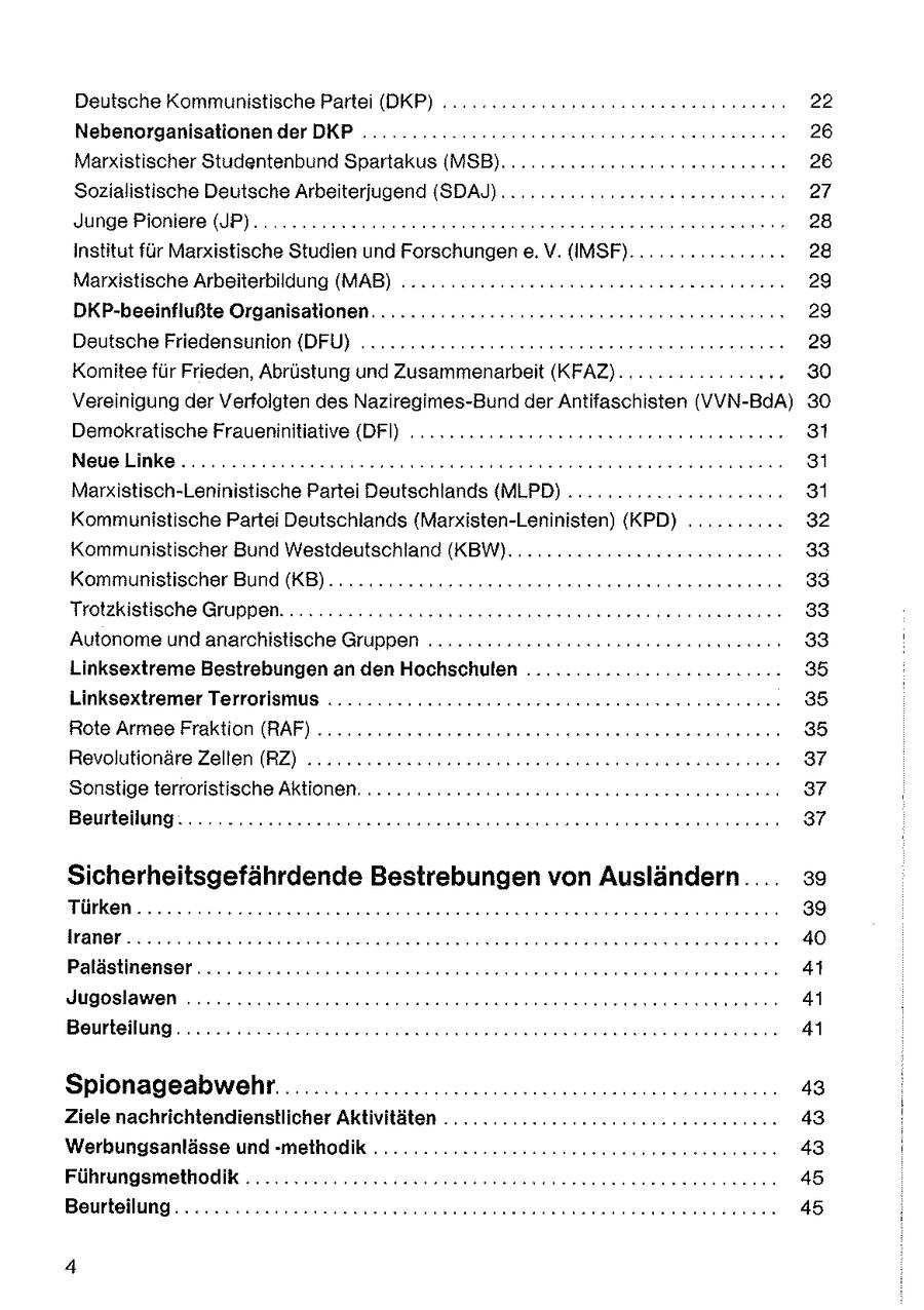 Deutsche Kommunistische Parte (DKP) ......2. 22 22eee essen ern nenenn 22 Nebenorganisationen der DKP ...........:222crseeeereneneren nennen nen 26 Marxistischer Studentenbund Spartakus (MSB). ............:22crcnsennen nn 26 Sozialistische Deutsche Arbeiterjugend (SDAJ)...........22ucneeeneeeen en: 27 Junge Pioniere (UP). . nu nsuneeesseeeneeeeenesrenes nee eeneer ser ssnenenren 28 Institut für Marxistische Studien und Forschungen e. V. (IMSF)... 28 Marxistische Arbeiterbildung (MAB) .........2222ecsesseereen seen 29 DKP-beeinflußte Organisationen. ..............:.:-2n@2sereenenenn nennen 29 Deutsche Friedensunion (DFUJ .... 2.22 2ccenseeeenseneenner 29 Komitee für Frieden, Abrüstung und Zusammenarbeit (KFAZ)........:.2:..200. 30 Vereinigung der Verfolgten des Naziregimes-Bund der Antifaschisten (VVN-BdA) 30 Demokratische Fraueninitiative (DFI) ...... 2222 seeeeeeeeeneeeeen nennen nenn 31 NeueLinke.........2.2222nceseeneneereeeeneeenenereeeenernerer een nsnn 31 Marxistisch-Leninistische Partei Deutschlands (MLPD) ..............c..c.c.. 31 Kommunistische Partei Deutschlands (Marxisten-Leninisten) (KPD) .......... 32 Kommunistischer Bund Westdeutschland (KBW). .......... 22. 22eereneern cn: 33 Kommunistischer Bund (KB). ......:2cscseeseeseeeeeeseeenesnn nern nenne 33 Trotzkistische Gruppen. .........cc@cneneeeseesesseeenenerereeneenesee nee 33 Autonome und anarchistische Gruppen .........2cucseaeeeseeneeesnnnenenn 33 Linksextreme Bestrebungen an den Hochschulen .. 35 Linksextremer Terrorismus ......... 2422220 reeeeeeenene nennen nenne 35 Rote Armee Fraktion (RAF) .. 2.2.02 ceneeneesseneeeeneeeeeneseeenene nennen 35 Revolutionäre Zelten (RZ) .. 37 Sonstige terroristische Aktionen. ...........22.22esessseeseeeeeensneeseernn 37 Beurteilung. ..........2c22cssesseenaeeenenen sense essen nenn nennen 37 Sicherheitsgefährdende Bestrebungen von Ausländern.... 39 Türken .....2222cceeeessereeneeneenenenenerersersnneererenenn nennen 39 1] EUR) 157 Ze 40 Palästinenser...........2cccecscseeesuneeseeneseeenesenesensenreenenenee 4 Jugoslawen ........n2ccoeeseeeeeneeneneneeneereernenennernessnnseneeren 41 Beurteilung. ..... 2.2. 4-ueeeeseeeeneneneneeeeer ernennen nenennnerenenen 41 Spionageabwehr......... 48 Ziele nachrichtendienstlicher Aktivitäten... ..........240c2seeneeenenen nenn 43 Werbungsanlässe und -methodik . ......: 222242222 cseeeeeeeneeeersee nenn 43 Führungsmethodik .............45 Beurteilung. ......22222c2oseesseseneesenerenenenenenenen nenn eeseeneen 45 4
