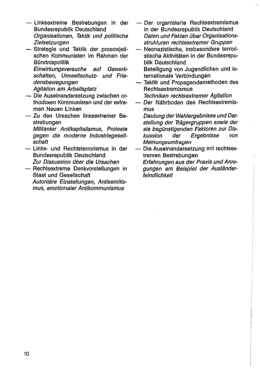 -- Linksextreme Bestrebungen in der --Der organisierte Rechisextremismus Bundesrepubiik Deutschland in der Bundesrepubiik Deutschland Organisationen, Taktik und politische Daten und Fakten über OrganisationsZielsetzungen strukturen rechtsextremer Gruppen -- Strategie und Taktik der prosowjeti--Neonazistische, insbesondere terrorischen Kommunisten im Rahmen der stische Aktivitäten in der BundesrepuBündnispolitik blik Deutschland Einwirkungsversuche auf GewerkBeteiligung von Jugendlichen und inschaften, Umwellschutzund Frieternationale Verbindungen densbewegungen -- Taktik und Propagandamethoden des Agitation am Arbeitsplatz Rechtsextremismus -- Die Auseinandersetzung zwischen orTechniken rechtsextremerAgitation thodoxen Kommunisten und der extre--Der Nährboden des Rechtsextremismen Neuen Linken mus -- Zu den Ursachen linksextremer BeDeutung der Wahlergebnisse und Darstrebungen stellung der Trägergruppen sowie der Militanter Antikapitallsmus, Proteste sie begünstigenden Faktoren zur Disgegen die moderne Industriegesellkussiin der Ergebnisse von schaft Meinungsumfragen -- Linksund Rechisterrorismus in der -- Die Auseinandersetzung mit rechtsexBundesrepublik Deutschland tremen Bestrebungen Zur Diskussion Über die Ursachen Erfahrungen aus der Praxis und Anre-- Rochtsextreme Denkvorstellungen in gungen am Beispiel der AusländerStaat und Gesellschaft teindlichkeit Autoritäre Einstellungen, Antisemitismus, emotionaler Antikommunismus 10