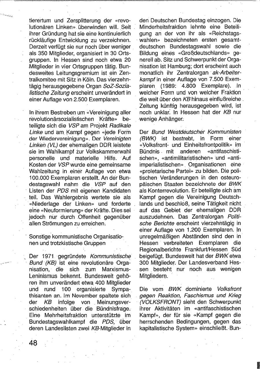tierertum und Zersplitterung der "revoden Deutschen Bundestag einzogen. Die lutionären Linken" überwinden will. Seit Minderheitsfraktion lehnte eine Beteiliihrer Gründung hat sie eine kontinuierlich gung an der von ihr als "Reichstagsrückläufige Entwicklung zu verzeichnen. wahlen" bezeichneten ersten gesamtDerzeit verfügt sie nur noch über weniger deutschen Bundestagswahl sowie die als 350 Mitglieder, organisiert in 30 OrtsBildung eines "Großdeutschlands" gegruppen. In Hessen sind noch etwa 20 nerell ab. Sitz und Schwerpunkt der OrgaMitglieder in vier Ortsgruppen tätig. Bunnisation ist Hamburg; dort erscheint auch desweites Leitungsgremium ist ein Zenmonatlich ihr Zentralorgan ak-Arbeitertralkomitee mit Sitz n Köln. Das vierzehnkampf in einer Auflage von 7.500 Exemtägig herausgegebene Organ SoZ-Soziaplaren (1989: 4.800 Exemplare). In listische Zeitung erscheint unverändert in welcher Form und von welcher Fraktion einer Auflage von 2.500 Exemplaren. die weit über den KB'hinaus einflußreiche Zeitung künftig herausgegeben wird, ist In ihrem Bestreben um "Vereinigung aller noch unklar. In Hessen hat der KB nur revolutionärsozialisiischen Kräfte" bewenige Anhänger. teiligte sich die VSP am Projekt Radikale Linke und am Kampf gegen "jede Form Der Bund Westdeutscher Kommunisten der Wiedervereinigung". Der Vereinigten (BWK) ist bestrebt, in Form einer Linken (VL) der ehemaligen DDR leistete "Volksfrontund Einheitsfrontpolitik" im sie im Wahlkampf zur Volkskammerwahl Bündnis mit anderen "antifaschistipersonelle und materielle Hilfe. Auf schen", "antimilitaristischen" und "anliKosten der VSP wurde eine gemeinsame imperialistischen" Organisationen eine Wahlzeitung in einer Auflage von eiwa "proletarische Partei" zu bilden. Die poli100.000 Exemplaren erstellt. An der Buntischen Veränderungen in den osteurodestagswahl nahm die VSP auf den päischen Staaten bezeichnete der BWK Listen der PDS mit eigenen Kandidaten als Konterrevolution. Er beteiligte sich am teil. Das Wahlergebnis wertete sie als Kampf gegen die Vereinigung Deutsch"Niederlage der Linken" und forderte lands und beschloß, seine Tätigkeit nicht eine "Neuformierung" der Kräfte. Dies sei auf das Gebiet der ehemaligen DDR jedoch nur durch Offenheit gegenüber auszudehnen. Das Zentralorgan Peolitiallen Strömungen zu erreichen. sche Berichte erscheint vierzehntägig in einer Auflage von 1.200 Exemplaren. In Sonstige kommunistische Organisatiounregelmäßigen Abständen sind den in nen und trotzkistische Gruppen Hessen verbreiteten Exemplaren die Regionalberichte Frankfur/Hessen Süd , Der 1971 gegründete Kommunistische beigefügt. Bundesweit hat der BWK etwa Bund (KB) ist eine revolutionäre Orga300 Mitglieder. Der Landesverband Hesnisation, die sich zum Marxismussen besteht nur noch aus wenigen Leninismus bekennt. Bundesweit gehöMitgliedern. ren ihm unverändert etwa 400 Mitglieder und rund 100 organisierte SympaDie vom BWK dominierte Volksfront thisanten an. Im November spaltete sich gegen Reaktion, Faschismus und Krieg der KB infolge von Meinungsver(VOLKSFRONT) sieht den Schwerpunkt schiedenheiten über die Bündnisfrage. ihrer Aktivitäten im "antifaschistischen Eine Mehrheitsfraktion unterstützte im Kampf", der für sie "Kampf gegen die Bundestagswahlkampf die PDS, über herrschenden Bedingungen, gegen das deren Landeslisten zwei KB-Mitglieder in kapitalistische System" einschließt. Bun48