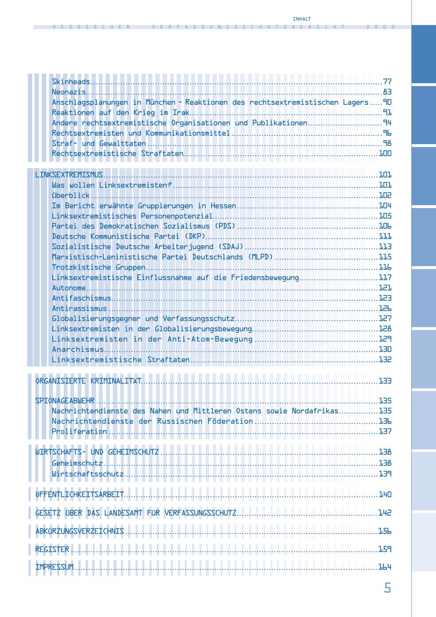 INHALT H E S S I S C H E R V E R F A S S U N G S S C H U T Z B E R I C H T 2 0 0 3 Skinheads. . . . . . . . . . . . . . . . . . . . . . . . . . . . . . . . . . . . . . . . . . . . . . . . . . . . . . . . . . . . . . . . . . . . . . . . . . . . . . . . . . . . . . . . . . . . . . . . . . . . . . . . . . . . . . . . . . . . . . 77 Neonazis. . . . . . . . . . . . . . . . . . . . . . . . . . . . . . . . . . . . . . . . . . . . . . . . . . . . . . . . . . . . . . . . . . . . . . . . . . . . . . . . . . . . . . . . . . . . . . . . . . . . . . . . . . . . . . . . . . . . . . . . 83 Anschlagsplanungen in München - Reaktionen des rechtsextremistischen Lagers . . . . . 90 Reaktionen auf den Krieg im Irak. . . . . . . . . . . . . . . . . . . . . . . . . . . . . . . . . . . . . . . . . . . . . . . . . . . . . . . . . . . . . . . . . . . . . . . . . . . . . . 91 Andere rechtsextremistische Organisationen und Publikationen. . . . . . . . . . . . . . . . . . . . . . . . . . . . . . 94 Rechtsextremisten und Kommunikationsmittel . . . . . . . . . . . . . . . . . . . . . . . . . . . . . . . . . . . . . . . . . . . . . . . . . . . . . . . . . . . . . 96 Strafund Gewalttaten . . . . . . . . . . . . . . . . . . . . . . . . . . . . . . . . . . . . . . . . . . . . . . . . . . . . . . . . . . . . . . . . . . . . . . . . . . . . . . . . . . . . . . . . . . . . . . . 98 Rechtsextremistische Straftaten. . . . . . . . . . . . . . . . . . . . . . . . . . . . . . . . . . . . . . . . . . . . . . . . . . . . . . . . . . . . . . . . . . . . . . . . . . . . . . . 100 LINKSEXTREMISMUS. . . . . . . . . . . . . . . . . . . . . . . . . . . . . . . . . . . . . . . . . . . . . . . . . . . . . . . . . . . . . . . . . . . . . . . . . . . . . . . . . . . . . . . . . . . . . . . . . . . . . . . . . . . . . . . 101 Was wollen Linksextremisten? . . . . . . . . . . . . . . . . . . . . . . . . . . . . . . . . . . . . . . . . . . . . . . . . . . . . . . . . . . . . . . . . . . . . . . . . . . . . . . . . . . . 101 Überblick . . . . . . . . . . . . . . . . . . . . . . . . . . . . . . . . . . . . . . . . . . . . . . . . . . . . . . . . . . . . . . . . . . . . . . . . . . . . . . . . . . . . . . . . . . . . . . . . . . . . . . . . . . . . . . . . . . . . 102 Im Bericht erwähnte Gruppierungen in Hessen . . . . . . . . . . . . . . . . . . . . . . . . . . . . . . . . . . . . . . . . . . . . . . . . . . . . . . . . . 104 Linksextremistisches Personenpotenzial. . . . . . . . . . . . . . . . . . . . . . . . . . . . . . . . . . . . . . . . . . . . . . . . . . . . . . . . . . . . . . . . . . . 105 Partei des Demokratischen Sozialismus (PDS) . . . . . . . . . . . . . . . . . . . . . . . . . . . . . . . . . . . . . . . . . . . . . . . . . . . . . . . . . 106 Deutsche Kommunistische Partei (DKP). . . . . . . . . . . . . . . . . . . . . . . . . . . . . . . . . . . . . . . . . . . . . . . . . . . . . . . . . . . . . . . . . . . . . . 111 Sozialistische Deutsche Arbeiterjugend (SDAJ) . . . . . . . . . . . . . . . . . . . . . . . . . . . . . . . . . . . . . . . . . . . . . . . . . . . . . . 113 Marxistisch-Leninistische Partei Deutschlands (MLPD) . . . . . . . . . . . . . . . . . . . . . . . . . . . . . . . . . . . . . . . . . . 115 Trotzkistische Gruppen. . . . . . . . . . . . . . . . . . . . . . . . . . . . . . . . . . . . . . . . . . . . . . . . . . . . . . . . . . . . . . . . . . . . . . . . . . . . . . . . . . . . . . . . . . . . . . 116 Linksextremistische Einflussnahme auf die Friedensbewegung. . . . . . . . . . . . . . . . . . . . . . . . . . . . . . . . 117 Autonome. . . . . . . . . . . . . . . . . . . . . . . . . . . . . . . . . . . . . . . . . . . . . . . . . . . . . . . . . . . . . . . . . . . . . . . . . . . . . . . . . . . . . . . . . . . . . . . . . . . . . . . . . . . . . . . . . . . . . . 121 Antifaschismus. . . . . . . . . . . . . . . . . . . . . . . . . . . . . . . . . . . . . . . . . . . . . . . . . . . . . . . . . . . . . . . . . . . . . . . . . . . . . . . . . . . . . . . . . . . . . . . . . . . . . . . . . . . . 123 Antirassismus . . . . . . . . . . . . . . . . . . . . . . . . . . . . . . . . . . . . . . . . . . . . . . . . . . . . . . . . . . . . . . . . . . . . . . . . . . . . . . . . . . . . . . . . . . . . . . . . . . . . . . . . . . . . . 126 Globalisierungsgegner und Verfassungsschutz. . . . . . . . . . . . . . . . . . . . . . . . . . . . . . . . . . . . . . . . . . . . . . . . . . . . . . . . . . 127 Linksextremisten in der Globalisierungsbewegung. . . . . . . . . . . . . . . . . . . . . . . . . . . . . . . . . . . . . . . . . . . . . . . . . . . 128 Linksextremisten in der Anti-Atom-Bewegung . . . . . . . . . . . . . . . . . . . . . . . . . . . . . . . . . . . . . . . . . . . . . . . . . . 129 Anarchismus. . . . . . . . . . . . . . . . . . . . . . . . . . . . . . . . . . . . . . . . . . . . . . . . . . . . . . . . . . . . . . . . . . . . . . . . . . . . . . . . . . . . . . . . . . . . . . . . . . . . . . . . . . . . . . . 130 Linksextremistische Straftaten. . . . . . . . . . . . . . . . . . . . . . . . . . . . . . . . . . . . . . . . . . . . . . . . . . . . . . . . . . . . . . . . . . . . . . . . . . . . 132 ORGANISIERTE KRIMINALITÄT. . . . . . . . . . . . . . . . . . . . . . . . . . . . . . . . . . . . . . . . . . . . . . . . . . . . . . . . . . . . . . . . . . . . . . . . . . . . . . . . . . . . . . . . . . . . . . . . 133 SPIONAGEABWEHR . . . . . . . . . . . . . . . . . . . . . . . . . . . . . . . . . . . . . . . . . . . . . . . . . . . . . . . . . . . . . . . . . . . . . . . . . . . . . . . . . . . . . . . . . . . . . . . . . . . . . . . . . . . . . . . . . . 135 Nachrichtendienste des Nahen und Mittleren Ostens sowie Nordafrikas. . . . . . . . . . . . . . . . 135 Nachrichtendienste der Russischen Föderation . . . . . . . . . . . . . . . . . . . . . . . . . . . . . . . . . . . . . . . . . . . . . . . . . . 136 Proliferation . . . . . . . . . . . . . . . . . . . . . . . . . . . . . . . . . . . . . . . . . . . . . . . . . . . . . . . . . . . . . . . . . . . . . . . . . . . . . . . . . . . . . . . . . . . . . . . . . . . . . . . . . . . . . 137 WIRTSCHAFTSUND GEHEIMSCHUTZ . . . . . . . . . . . . . . . . . . . . . . . . . . . . . . . . . . . . . . . . . . . . . . . . . . . . . . . . . . . . . . . . . . . . . . . . . . . . . . . . . . . . . . . . 138 Geheimschutz. . . . . . . . . . . . . . . . . . . . . . . . . . . . . . . . . . . . . . . . . . . . . . . . . . . . . . . . . . . . . . . . . . . . . . . . . . . . . . . . . . . . . . . . . . . . . . . . . . . . . . . . . . . . . . . 138 Wirtschaftsschutz. . . . . . . . . . . . . . . . . . . . . . . . . . . . . . . . . . . . . . . . . . . . . . . . . . . . . . . . . . . . . . . . . . . . . . . . . . . . . . . . . . . . . . . . . . . . . . . . . . . . . . . 139 ÖFFENTLICHKEITSARBEIT. . . . . . . . . . . . . . . . . . . . . . . . . . . . . . . . . . . . . . . . . . . . . . . . . . . . . . . . . . . . . . . . . . . . . . . . . . . . . . . . . . . . . . . . . . . . . . . . . . . . . . . 140 GESETZ ÜBER DAS LANDESAMT FÜR VERFASSUNGSSCHUTZ. . . . . . . . . . . . . . . . . . . . . . . . . . . . . . . . . . . . . . . . . . . . . . . . . . . . . . . . . 142 ABKÜRZUNGSVERZEICHNIS . . . . . . . . . . . . . . . . . . . . . . . . . . . . . . . . . . . . . . . . . . . . . . . . . . . . . . . . . . . . . . . . . . . . . . . . . . . . . . . . . . . . . . . . . . . . . . . . . . . . . . 156 REGISTER . . . . . . . . . . . . . . . . . . . . . . . . . . . . . . . . . . . . . . . . . . . . . . . . . . . . . . . . . . . . . . . . . . . . . . . . . . . . . . . . . . . . . . . . . . . . . . . . . . . . . . . . . . . . . . . . . . . . . . . . . . . . 159 IMPRESSUM. . . . . . . . . . . . . . . . . . . . . . . . . . . . . . . . . . . . . . . . . . . . . . . . . . . . . . . . . . . . . . . . . . . . . . . . . . . . . . . . . . . . . . . . . . . . . . . . . . . . . . . . . . . . . . . . . . . . . . . . . . . 164 5