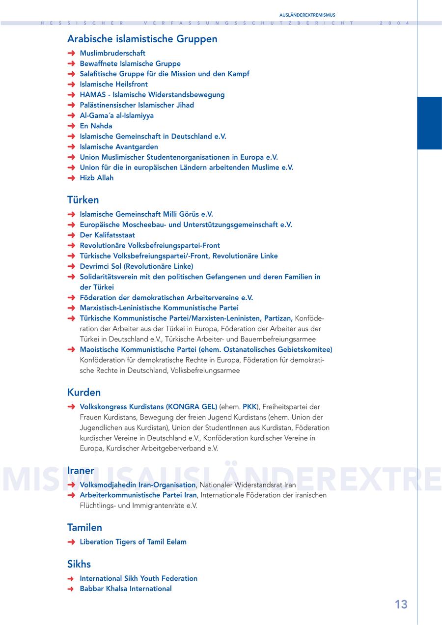 AUSLÄNDEREXTREMISMUS H E S S I S C H E R V E R F A S S U N G S S C H U T Z B E R I C H T 2 0 0 4 Arabische islamistische Gruppen Muslimbruderschaft Bewaffnete Islamische Gruppe Salafitische Gruppe für die Mission und den Kampf Islamische Heilsfront HAMAS - Islamische Widerstandsbewegung Palästinensischer Islamischer Jihad Al-Gama'a al-Islamiyya En Nahda Islamische Gemeinschaft in Deutschland e.V. Islamische Avantgarden Union Muslimischer Studentenorganisationen in Europa e.V. Union für die in europäischen Ländern arbeitenden Muslime e.V. Hizb Allah Türken Islamische Gemeinschaft Milli Görüs e.V. Europäische Moscheebauund Unterstützungsgemeinschaft e.V. Der Kalifatsstaat Revolutionäre Volksbefreiungspartei-Front Türkische Volksbefreiungspartei/-Front, Revolutionäre Linke Devrimci Sol (Revolutionäre Linke) Solidaritätsverein mit den politischen Gefangenen und deren Familien in der Türkei Föderation der demokratischen Arbeitervereine e.V. Marxistisch-Leninistische Kommunistische Partei Türkische Kommunistische Partei/Marxisten-Leninisten, Partizan, Konföderation der Arbeiter aus der Türkei in Europa, Föderation der Arbeiter aus der Türkei in Deutschland e.V., Türkische Arbeiterund Bauernbefreiungsarmee Maoistische Kommunistische Partei (ehem. Ostanatolisches Gebietskomitee) Konföderation für demokratische Rechte in Europa, Föderation für demokratische Rechte in Deutschland, Volksbefreiungsarmee Kurden Volkskongress Kurdistans (KONGRA GEL) (ehem. PKK), Freiheitspartei der Frauen Kurdistans, Bewegung der freien Jugend Kurdistans (ehem. Union der Jugendlichen aus Kurdistan), Union der StudentInnen aus Kurdistan, Föderation kurdischer Vereine in Deutschland e.V., Konföderation kurdischer Vereine in Europa, Kurdischer Arbeitgeberverband e.V. MISMUSAUSLÄNDEREXTRE Iraner Volksmodjahedin Iran-Organisation, Nationaler Widerstandsrat Iran Arbeiterkommunistische Partei Iran, Internationale Föderation der iranischen Flüchtlingsund Immigrantenräte e.V. Tamilen Liberation Tigers of Tamil Eelam Sikhs International Sikh Youth Federation Babbar Khalsa International 13