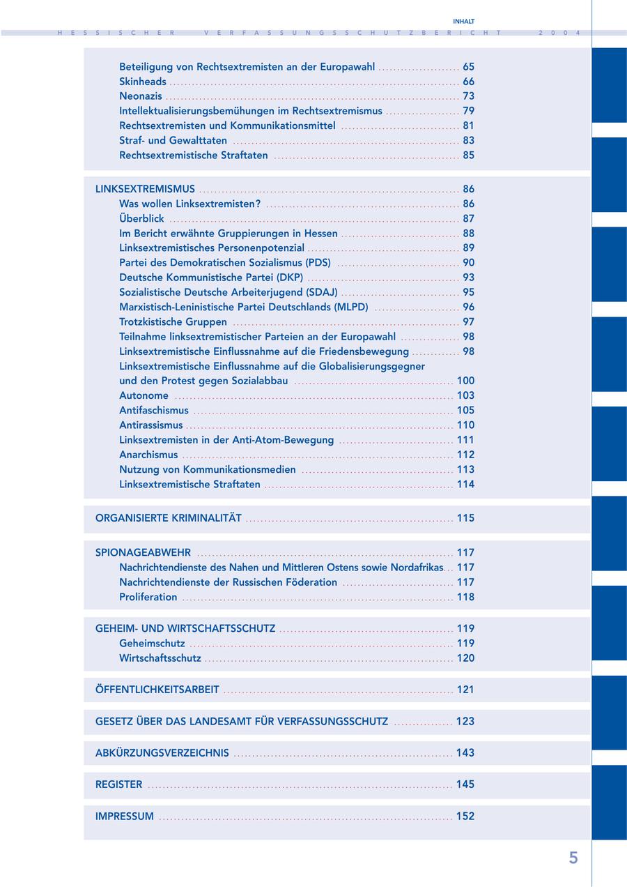 INHALT H E S S I S C H E R V E R F A S S U N G S S C H U T Z B E R I C H T 2 0 0 4 Beteiligung von Rechtsextremisten an der Europawahl . . . . . . . . . . . . . . . . . . . . . . 65 Skinheads . . . . . . . . . . . . . . . . . . . . . . . . . . . . . . . . . . . . . . . . . . . . . . . . . . . . . . . . . . . . . . . . . . . . . . . . . . . . . . 66 Neonazis . . . . . . . . . . . . . . . . . . . . . . . . . . . . . . . . . . . . . . . . . . . . . . . . . . . . . . . . . . . . . . . . . . . . . . . . . . . . . . . 73 Intellektualisierungsbemühungen im Rechtsextremismus . . . . . . . . . . . . . . . . . . . . 79 Rechtsextremisten und Kommunikationsmittel . . . . . . . . . . . . . . . . . . . . . . . . . . . . . . . . 81 Strafund Gewalttaten . . . . . . . . . . . . . . . . . . . . . . . . . . . . . . . . . . . . . . . . . . . . . . . . . . . . . . . . . . . . . 83 Rechtsextremistische Straftaten . . . . . . . . . . . . . . . . . . . . . . . . . . . . . . . . . . . . . . . . . . . . . . . . . . 85 LINKSEXTREMISMUS . . . . . . . . . . . . . . . . . . . . . . . . . . . . . . . . . . . . . . . . . . . . . . . . . . . . . . . . . . . . . . . . . . . . . . 86 Was wollen Linksextremisten? . . . . . . . . . . . . . . . . . . . . . . . . . . . . . . . . . . . . . . . . . . . . . . . . . . . . 86 Überblick . . . . . . . . . . . . . . . . . . . . . . . . . . . . . . . . . . . . . . . . . . . . . . . . . . . . . . . . . . . . . . . . . . . . . . . . . . . . . . 87 Im Bericht erwähnte Gruppierungen in Hessen . . . . . . . . . . . . . . . . . . . . . . . . . . . . . . . . 88 Linksextremistisches Personenpotenzial . . . . . . . . . . . . . . . . . . . . . . . . . . . . . . . . . . . . . . . . . 89 Partei des Demokratischen Sozialismus (PDS) . . . . . . . . . . . . . . . . . . . . . . . . . . . . . . . . . 90 Deutsche Kommunistische Partei (DKP) . . . . . . . . . . . . . . . . . . . . . . . . . . . . . . . . . . . . . . . . . 93 Sozialistische Deutsche Arbeiterjugend (SDAJ) . . . . . . . . . . . . . . . . . . . . . . . . . . . . . . . . 95 Marxistisch-Leninistische Partei Deutschlands (MLPD) . . . . . . . . . . . . . . . . . . . . . . . 96 Trotzkistische Gruppen . . . . . . . . . . . . . . . . . . . . . . . . . . . . . . . . . . . . . . . . . . . . . . . . . . . . . . . . . . . . . 97 Teilnahme linksextremistischer Parteien an der Europawahl . . . . . . . . . . . . . . . . 98 Linksextremistische Einflussnahme auf die Friedensbewegung . . . . . . . . . . . . . 98 Linksextremistische Einflussnahme auf die Globalisierungsgegner und den Protest gegen Sozialabbau . . . . . . . . . . . . . . . . . . . . . . . . . . . . . . . . . . . . . . . . . . . 100 Autonome . . . . . . . . . . . . . . . . . . . . . . . . . . . . . . . . . . . . . . . . . . . . . . . . . . . . . . . . . . . . . . . . . . . . . . . . . . . 103 Antifaschismus . . . . . . . . . . . . . . . . . . . . . . . . . . . . . . . . . . . . . . . . . . . . . . . . . . . . . . . . . . . . . . . . . . . . . . 105 Antirassismus . . . . . . . . . . . . . . . . . . . . . . . . . . . . . . . . . . . . . . . . . . . . . . . . . . . . . . . . . . . . . . . . . . . . . . . . 110 Linksextremisten in der Anti-Atom-Bewegung . . . . . . . . . . . . . . . . . . . . . . . . . . . . . . . 111 Anarchismus . . . . . . . . . . . . . . . . . . . . . . . . . . . . . . . . . . . . . . . . . . . . . . . . . . . . . . . . . . . . . . . . . . . . . . . . . 112 Nutzung von Kommunikationsmedien . . . . . . . . . . . . . . . . . . . . . . . . . . . . . . . . . . . . . . . . . 113 Linksextremistische Straftaten . . . . . . . . . . . . . . . . . . . . . . . . . . . . . . . . . . . . . . . . . . . . . . . . . . . 114 ORGANISIERTE KRIMINALITÄT ........................................................ 115 SPIONAGEABWEHR . . . . . . . . . . . . . . . . . . . . . . . . . . . . . . . . . . . . . . . . . . . . . . . . . . . . . . . . . . . . . . . . . . . . . 117 Nachrichtendienste des Nahen und Mittleren Ostens sowie Nordafrikas . . . 117 Nachrichtendienste der Russischen Föderation . . . . . . . . . . . . . . . . . . . . . . . . . . . . . . 117 Proliferation . . . . . . . . . . . . . . . . . . . . . . . . . . . . . . . . . . . . . . . . . . . . . . . . . . . . . . . . . . . . . . . . . . . . . . . . . 118 GEHEIMUND WIRTSCHAFTSSCHUTZ . . . . . . . . . . . . . . . . . . . . . . . . . . . . . . . . . . . . . . . . . . . . . . . 119 Geheimschutz . . . . . . . . . . . . . . . . . . . . . . . . . . . . . . . . . . . . . . . . . . . . . . . . . . . . . . . . . . . . . . . . . . . . . . . 119 Wirtschaftsschutz . . . . . . . . . . . . . . . . . . . . . . . . . . . . . . . . . . . . . . . . . . . . . . . . . . . . . . . . . . . . . . . . . . . 120 ÖFFENTLICHKEITSARBEIT .............................................................. 121 GESETZ ÜBER DAS LANDESAMT FÜR VERFASSUNGSSCHUTZ ................ 123 ABKÜRZUNGSVERZEICHNIS ........................................................... 143 REGISTER .................................................................................. 145 IMPRESSUM ............................................................................... 152 5