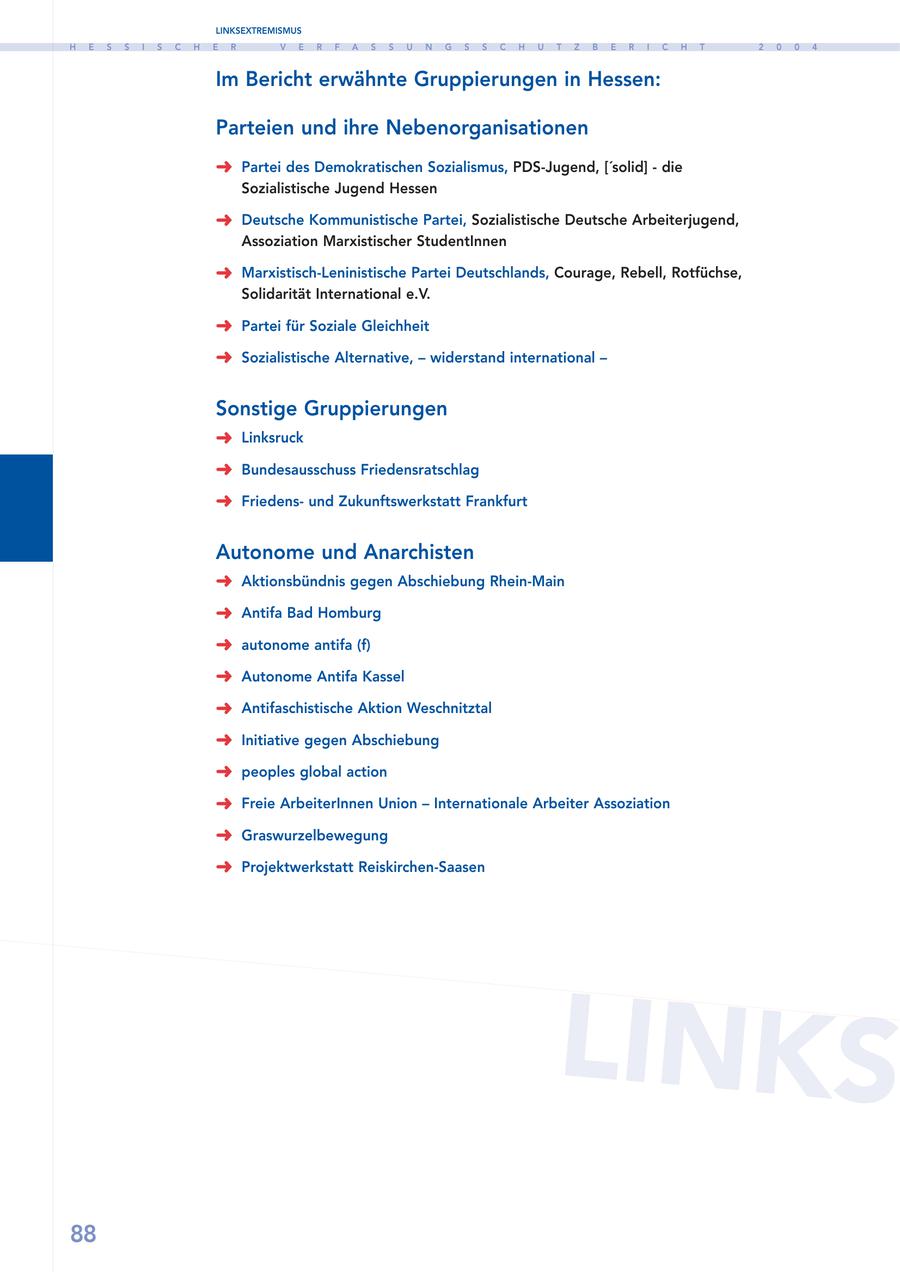 LINKSEXTREMISMUS H E S S I S C H E R V E R F A S S U N G S S C H U T Z B E R I C H T 2 0 0 4 Im Bericht erwähnte Gruppierungen in Hessen: Parteien und ihre Nebenorganisationen Partei des Demokratischen Sozialismus, PDS-Jugend, ['solid] - die Sozialistische Jugend Hessen Deutsche Kommunistische Partei, Sozialistische Deutsche Arbeiterjugend, Assoziation Marxistischer StudentInnen Marxistisch-Leninistische Partei Deutschlands, Courage, Rebell, Rotfüchse, Solidarität International e.V. Partei für Soziale Gleichheit Sozialistische Alternative, - widerstand international - Sonstige Gruppierungen Linksruck Bundesausschuss Friedensratschlag Friedensund Zukunftswerkstatt Frankfurt Autonome und Anarchisten Aktionsbündnis gegen Abschiebung Rhein-Main Antifa Bad Homburg autonome antifa (f) Autonome Antifa Kassel Antifaschistische Aktion Weschnitztal Initiative gegen Abschiebung peoples global action Freie ArbeiterInnen Union - Internationale Arbeiter Assoziation Graswurzelbewegung Projektwerkstatt Reiskirchen-Saasen LINKS 88