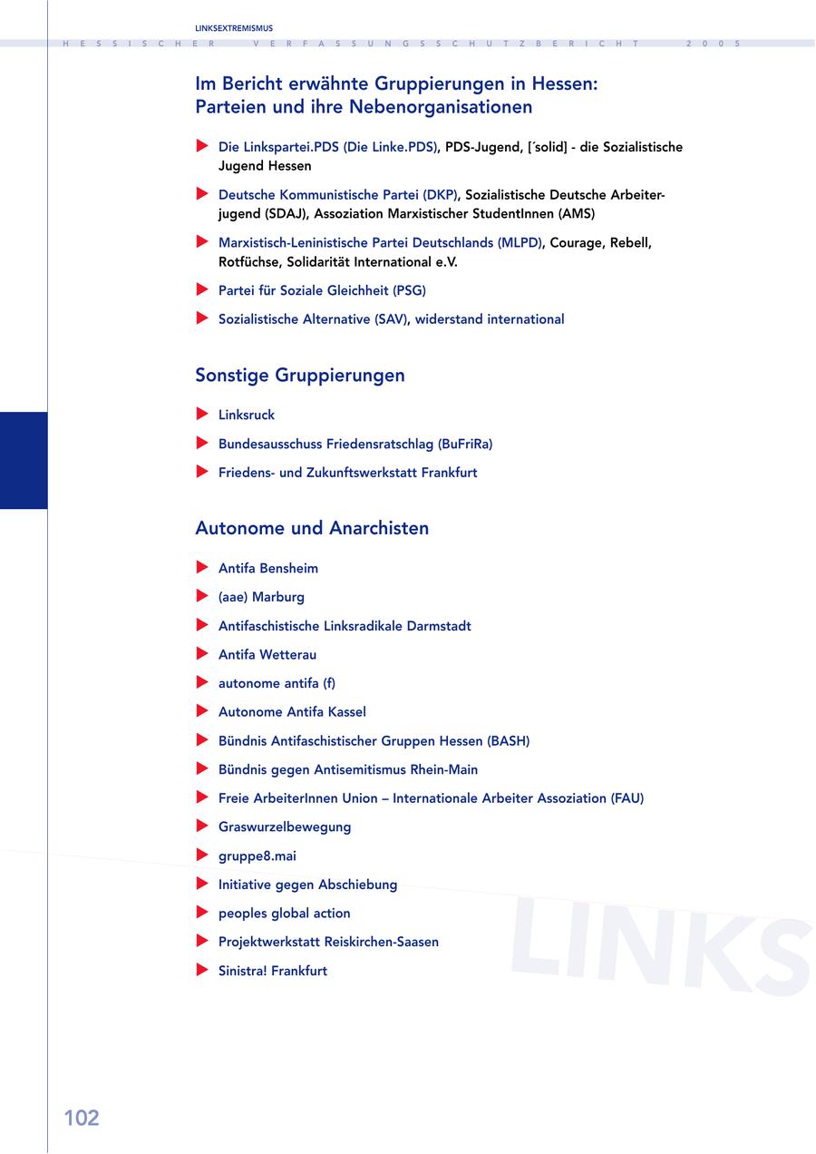 LINKSEXTREMISMUS H E S S I S C H E R V E R F A S S U N G S S C H U T Z B E R I C H T 2 0 0 5 Im Bericht erwähnte Gruppierungen in Hessen: Parteien und ihre Nebenorganisationen Die Linkspartei.PDS (Die Linke.PDS), PDS-Jugend, ['solid] - die Sozialistische Jugend Hessen Deutsche Kommunistische Partei (DKP), Sozialistische Deutsche Arbeiterjugend (SDAJ), Assoziation Marxistischer StudentInnen (AMS) Marxistisch-Leninistische Partei Deutschlands (MLPD), Courage, Rebell, Rotfüchse, Solidarität International e.V. Partei für Soziale Gleichheit (PSG) Sozialistische Alternative (SAV), widerstand international Sonstige Gruppierungen Linksruck Bundesausschuss Friedensratschlag (BuFriRa) Friedensund Zukunftswerkstatt Frankfurt Autonome und Anarchisten Antifa Bensheim (aae) Marburg Antifaschistische Linksradikale Darmstadt Antifa Wetterau autonome antifa (f) Autonome Antifa Kassel Bündnis Antifaschistischer Gruppen Hessen (BASH) Bündnis gegen Antisemitismus Rhein-Main Freie ArbeiterInnen Union - Internationale Arbeiter Assoziation (FAU) Graswurzelbewegung gruppe8.mai LINKS Initiative gegen Abschiebung peoples global action Projektwerkstatt Reiskirchen-Saasen Sinistra! Frankfurt 102