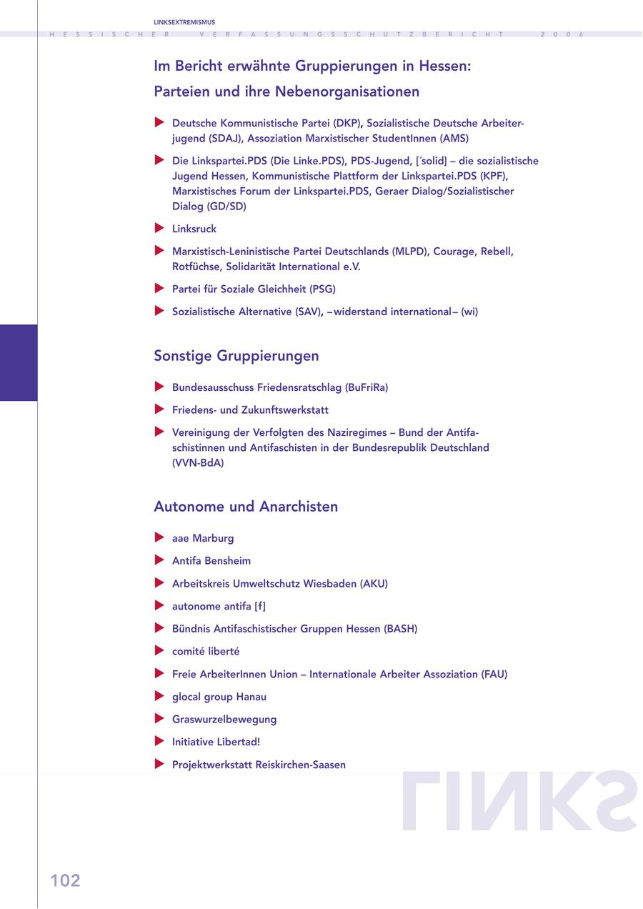LINKSEXTREMISMUS H E S S I S C H E R V E R F A S S U N G S S C H U T Z B E R I C H T 2 0 0 6 Im Bericht erwähnte Gruppierungen in Hessen: Parteien und ihre Nebenorganisationen Deutsche Kommunistische Partei (DKP), Sozialistische Deutsche Arbeiterjugend (SDAJ), Assoziation Marxistischer StudentInnen (AMS) Die Linkspartei.PDS (Die Linke.PDS), PDS-Jugend, ['solid] - die sozialistische Jugend Hessen, Kommunistische Plattform der Linkspartei.PDS (KPF), Marxistisches Forum der Linkspartei.PDS, Geraer Dialog/Sozialistischer Dialog (GD/SD) Linksruck Marxistisch-Leninistische Partei Deutschlands (MLPD), Courage, Rebell, Rotfüchse, Solidarität International e.V. Partei für Soziale Gleichheit (PSG) Sozialistische Alternative (SAV), - widerstand international - (wi) Sonstige Gruppierungen Bundesausschuss Friedensratschlag (BuFriRa) Friedensund Zukunftswerkstatt Vereinigung der Verfolgten des Naziregimes - Bund der Antifaschistinnen und Antifaschisten in der Bundesrepublik Deutschland (VVN-BdA) Autonome und Anarchisten aae Marburg Antifa Bensheim Arbeitskreis Umweltschutz Wiesbaden (AKU) autonome antifa [f] Bündnis Antifaschistischer Gruppen Hessen (BASH) comite liberte Freie ArbeiterInnen Union - Internationale Arbeiter Assoziation (FAU) glocal group Hanau LINKS Graswurzelbewegung Initiative Libertad! Projektwerkstatt Reiskirchen-Saasen 102