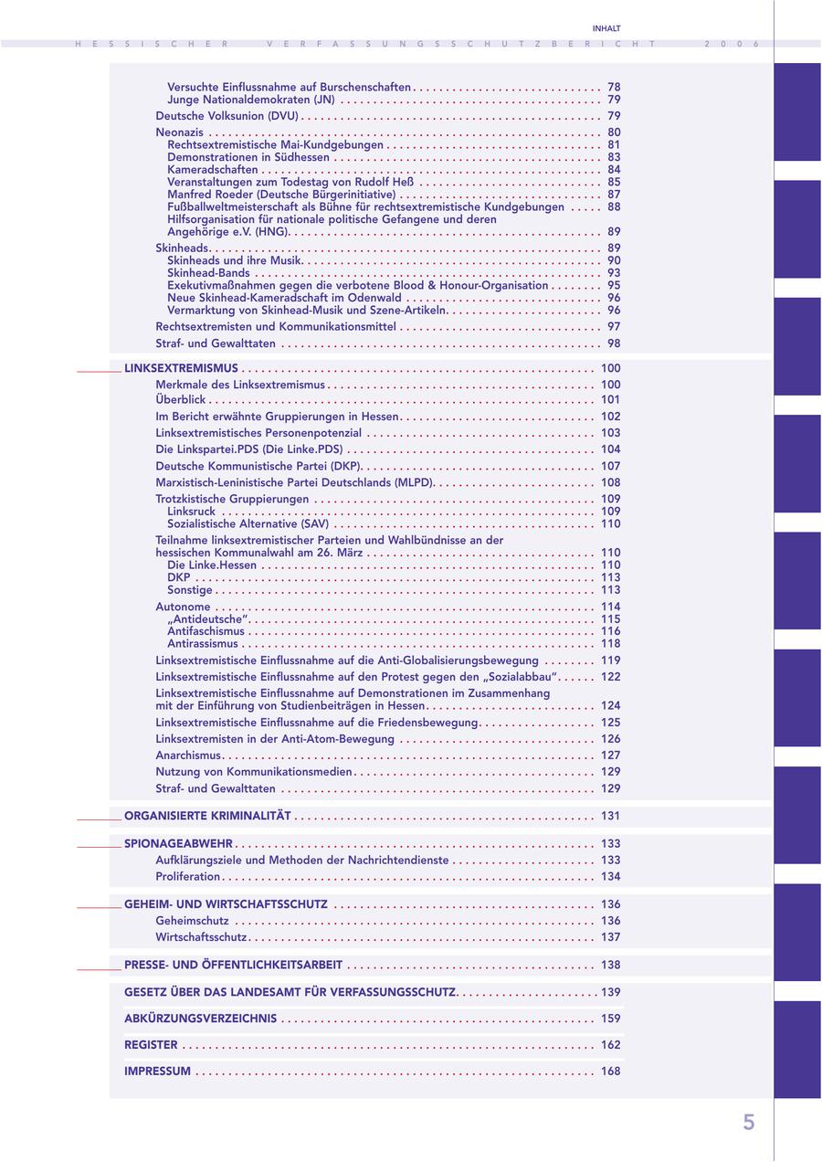 INHALT H E S S I S C H E R V E R F A S S U N G S S C H U T Z B E R I C H T 2 0 0 6 Versuchte Einflussnahme auf Burschenschaften . . . . . . . . . . . . . . . . . . . . . . . . . . . . . 78 Junge Nationaldemokraten (JN) . . . . . . . . . . . . . . . . . . . . . . . . . . . . . . . . . . . . . . . . 79 Deutsche Volksunion (DVU) . . . . . . . . . . . . . . . . . . . . . . . . . . . . . . . . . . . . . . . . . . . . . . 79 Neonazis . . . . . . . . . . . . . . . . . . . . . . . . . . . . . . . . . . . . . . . . . . . . . . . . . . . . . . . . . . . . 80 Rechtsextremistische Mai-Kundgebungen . . . . . . . . . . . . . . . . . . . . . . . . . . . . . . . . . 81 Demonstrationen in Südhessen . . . . . . . . . . . . . . . . . . . . . . . . . . . . . . . . . . . . . . . . . 83 Kameradschaften . . . . . . . . . . . . . . . . . . . . . . . . . . . . . . . . . . . . . . . . . . . . . . . . . . . . 84 Veranstaltungen zum Todestag von Rudolf Heß . . . . . . . . . . . . . . . . . . . . . . . . . . . . 85 Manfred Roeder (Deutsche Bürgerinitiative) . . . . . . . . . . . . . . . . . . . . . . . . . . . . . . . 87 Fußballweltmeisterschaft als Bühne für rechtsextremistische Kundgebungen . . . . . 88 Hilfsorganisation für nationale politische Gefangene und deren Angehörige e.V. (HNG). . . . . . . . . . . . . . . . . . . . . . . . . . . . . . . . . . . . . . . . . . . . . . . . 89 Skinheads. . . . . . . . . . . . . . . . . . . . . . . . . . . . . . . . . . . . . . . . . . . . . . . . . . . . . . . . . . . . 89 Skinheads und ihre Musik. . . . . . . . . . . . . . . . . . . . . . . . . . . . . . . . . . . . . . . . . . . . . . 90 Skinhead-Bands . . . . . . . . . . . . . . . . . . . . . . . . . . . . . . . . . . . . . . . . . . . . . . . . . . . . . 93 Exekutivmaßnahmen gegen die verbotene Blood & Honour-Organisation . . . . . . . . 95 Neue Skinhead-Kameradschaft im Odenwald . . . . . . . . . . . . . . . . . . . . . . . . . . . . . . 96 Vermarktung von Skinhead-Musik und Szene-Artikeln. . . . . . . . . . . . . . . . . . . . . . . . 96 Rechtsextremisten und Kommunikationsmittel . . . . . . . . . . . . . . . . . . . . . . . . . . . . . . . 97 Strafund Gewalttaten . . . . . . . . . . . . . . . . . . . . . . . . . . . . . . . . . . . . . . . . . . . . . . . . . 98 LINKSEXTREMISMUS . . . . . . . . . . . . . . . . . . . . . . . . . . . . . . . . . . . . . . . . . . . . . . . . . . . . . . 100 Merkmale des Linksextremismus . . . . . . . . . . . . . . . . . . . . . . . . . . . . . . . . . . . . . . . . . 100 Überblick . . . . . . . . . . . . . . . . . . . . . . . . . . . . . . . . . . . . . . . . . . . . . . . . . . . . . . . . . . . 101 Im Bericht erwähnte Gruppierungen in Hessen. . . . . . . . . . . . . . . . . . . . . . . . . . . . . . 102 Linksextremistisches Personenpotenzial . . . . . . . . . . . . . . . . . . . . . . . . . . . . . . . . . . . 103 Die Linkspartei.PDS (Die Linke.PDS) . . . . . . . . . . . . . . . . . . . . . . . . . . . . . . . . . . . . . . 104 Deutsche Kommunistische Partei (DKP). . . . . . . . . . . . . . . . . . . . . . . . . . . . . . . . . . . . 107 Marxistisch-Leninistische Partei Deutschlands (MLPD). . . . . . . . . . . . . . . . . . . . . . . . . 108 Trotzkistische Gruppierungen . . . . . . . . . . . . . . . . . . . . . . . . . . . . . . . . . . . . . . . . . . . 109 Linksruck . . . . . . . . . . . . . . . . . . . . . . . . . . . . . . . . . . . . . . . . . . . . . . . . . . . . . . . . . 109 Sozialistische Alternative (SAV) . . . . . . . . . . . . . . . . . . . . . . . . . . . . . . . . . . . . . . . . 110 Teilnahme linksextremistischer Parteien und Wahlbündnisse an der hessischen Kommunalwahl am 26. März . . . . . . . . . . . . . . . . . . . . . . . . . . . . . . . . . . . 110 Die Linke.Hessen . . . . . . . . . . . . . . . . . . . . . . . . . . . . . . . . . . . . . . . . . . . . . . . . . . . 110 DKP . . . . . . . . . . . . . . . . . . . . . . . . . . . . . . . . . . . . . . . . . . . . . . . . . . . . . . . . . . . . . 113 Sonstige . . . . . . . . . . . . . . . . . . . . . . . . . . . . . . . . . . . . . . . . . . . . . . . . . . . . . . . . . . 113 Autonome . . . . . . . . . . . . . . . . . . . . . . . . . . . . . . . . . . . . . . . . . . . . . . . . . . . . . . . . . . 114 "Antideutsche". . . . . . . . . . . . . . . . . . . . . . . . . . . . . . . . . . . . . . . . . . . . . . . . . . . . . 115 Antifaschismus . . . . . . . . . . . . . . . . . . . . . . . . . . . . . . . . . . . . . . . . . . . . . . . . . . . . . 116 Antirassismus . . . . . . . . . . . . . . . . . . . . . . . . . . . . . . . . . . . . . . . . . . . . . . . . . . . . . . 118 Linksextremistische Einflussnahme auf die Anti-Globalisierungsbewegung . . . . . . . . 119 Linksextremistische Einflussnahme auf den Protest gegen den "Sozialabbau". . . . . . 122 Linksextremistische Einflussnahme auf Demonstrationen im Zusammenhang mit der Einführung von Studienbeiträgen in Hessen. . . . . . . . . . . . . . . . . . . . . . . . . . 124 Linksextremistische Einflussnahme auf die Friedensbewegung. . . . . . . . . . . . . . . . . . 125 Linksextremisten in der Anti-Atom-Bewegung . . . . . . . . . . . . . . . . . . . . . . . . . . . . . . 126 Anarchismus. . . . . . . . . . . . . . . . . . . . . . . . . . . . . . . . . . . . . . . . . . . . . . . . . . . . . . . . . 127 Nutzung von Kommunikationsmedien . . . . . . . . . . . . . . . . . . . . . . . . . . . . . . . . . . . . . 129 Strafund Gewalttaten . . . . . . . . . . . . . . . . . . . . . . . . . . . . . . . . . . . . . . . . . . . . . . . . 129 ORGANISIERTE KRIMINALITÄT . . . . . . . . . . . . . . . . . . . . . . . . . . . . . . . . . . . . . . . . . . . . . . 131 SPIONAGEABWEHR . . . . . . . . . . . . . . . . . . . . . . . . . . . . . . . . . . . . . . . . . . . . . . . . . . . . . . . 133 Aufklärungsziele und Methoden der Nachrichtendienste . . . . . . . . . . . . . . . . . . . . . . 133 Proliferation . . . . . . . . . . . . . . . . . . . . . . . . . . . . . . . . . . . . . . . . . . . . . . . . . . . . . . . . . 134 GEHEIMUND WIRTSCHAFTSSCHUTZ . . . . . . . . . . . . . . . . . . . . . . . . . . . . . . . . . . . . . . . . 136 Geheimschutz . . . . . . . . . . . . . . . . . . . . . . . . . . . . . . . . . . . . . . . . . . . . . . . . . . . . . . . 136 Wirtschaftsschutz . . . . . . . . . . . . . . . . . . . . . . . . . . . . . . . . . . . . . . . . . . . . . . . . . . . . . 137 PRESSEUND ÖFFENTLICHKEITSARBEIT . . . . . . . . . . . . . . . . . . . . . . . . . . . . . . . . . . . . . . 138 GESETZ ÜBER DAS LANDESAMT FÜR VERFASSUNGSSCHUTZ. . . . . . . . . . . . . . . . . . . . . . 139 ABKÜRZUNGSVERZEICHNIS . . . . . . . . . . . . . . . . . . . . . . . . . . . . . . . . . . . . . . . . . . . . . . . . 159 REGISTER . . . . . . . . . . . . . . . . . . . . . . . . . . . . . . . . . . . . . . . . . . . . . . . . . . . . . . . . . . . . . . . 162 IMPRESSUM . . . . . . . . . . . . . . . . . . . . . . . . . . . . . . . . . . . . . . . . . . . . . . . . . . . . . . . . . . . . . 168 5