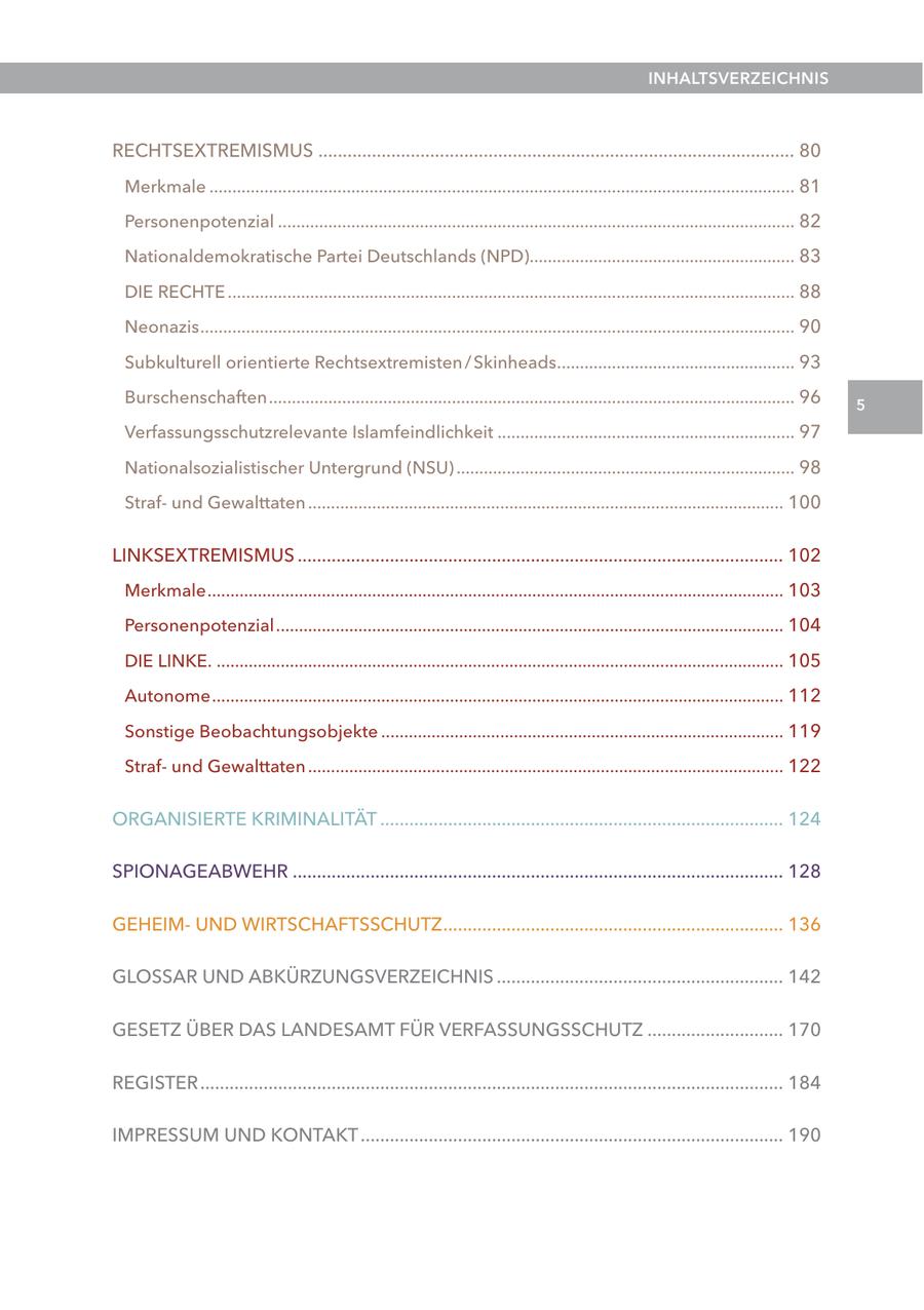 INHALTSVERZEICHNIS RECHTSEXTREMISMUS .................................................................................................. 80 Merkmale ................................................................................................................................ 81 Personenpotenzial ................................................................................................................. 82 Nationaldemokratische Partei Deutschlands (NPD).......................................................... 83 DIE RECHTE ............................................................................................................................ 88 Neonazis.................................................................................................................................. 90 Subkulturell orientierte Rechtsextremisten / Skinheads.................................................... 93 Burschenschaften................................................................................................................... 96 5 Verfassungsschutzrelevante Islamfeindlichkeit ................................................................. 97 Nationalsozialistischer Untergrund (NSU) .......................................................................... 98 Strafund Gewalttaten ........................................................................................................ 100 LINKSEXTREMISMUS .................................................................................................... 102 Merkmale.............................................................................................................................. 103 Personenpotenzial............................................................................................................... 104 DIE LINKE. ............................................................................................................................ 105 Autonome............................................................................................................................. 112 Sonstige Beobachtungsobjekte ........................................................................................ 119 Strafund Gewalttaten ........................................................................................................ 122 ORGANISIERTE KRIMINALITÄT ................................................................................... 124 SPIONAGEABWEHR ..................................................................................................... 128 GEHEIMUND WIRTSCHAFTSSCHUTZ...................................................................... 136 GLOSSAR UND ABKÜRZUNGSVERZEICHNIS ........................................................... 142 GESETZ ÜBER DAS LANDESAMT FÜR VERFASSUNGSSCHUTZ ............................ 170 REGISTER ........................................................................................................................ 184 IMPRESSUM UND KONTAKT ....................................................................................... 190
