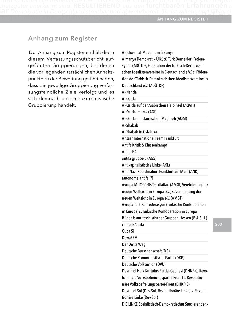 chutzgüter anerkannt sind. reSUltIerenD aus den furchtbaren Erfahrungen m ar Demokratie in Deutschland streitbar und abwehrbereit. Sie ist willens und fähig, sic chtige Funktion eines "Frühwarnsystems" inne. Glossar Der Islam anHang als zUM regISter Religio anhang zum register Der Anhang zum Register enthält die in Al-Ichwan al-Muslimum fi Suriya diesem Verfassungsschutzbericht aufAlmanya Demokratik Ülkücü Türk Dernekleri Federageführten Gruppierungen, bei denen syonu (ADÜTDF, Föderation der Türkisch-Demokratidie vorliegenden tatsächlichen Anhaltsschen Idealistenvereine in Deutschland e.V.) s. Föderapunkte zu der Bewertung geführt haben, tion der Türkisch-Demokratischen Idealistenvereine in dass die jeweilige Gruppierung verfasDeutschland e.V. (ADÜTDF) sungsfeindliche Ziele verfolgt und es Al-Nahda sich demnach um eine extremistische Al-Qaida Gruppierung handelt. Al-Qaida auf der Arabischen Halbinsel (AQAH) Al-Qaida im Irak (AQI) Al-Qaida im islamischen Maghreb (AQM) Al-Shabab Al-Shabab in Ostafrika Ansaar International Team Frankfurt Antifa Kritik & Klassenkampf Antifa R4 antifa gruppe 5 (AG5) Antikapitalistische Linke (AKL) Anti-Nazi-Koordination Frankfurt am Main (ANK) autonome.antifa [f] Avrupa Milli Görüs Teskilatlari (AMGT, Vereinigung der neuen Weltsicht in Europa e.V.) s. Vereinigung der neuen Weltsicht in Europa e.V. (AMGT) Avrupa Türk Konfederasyon (Türkische Konföderation in Europa) s. Türkische Konföderation in Europa Bündnis antifaschistischer Gruppen Hessen (B.A.S.H.) campusAntifa 203 Cuba Si DawaFFM Der Dritte Weg Deutsche Burschenschaft (DB) Deutsche Kommunistische Partei (DKP) Deutsche Volksunion (DVU) Devrimci Halk Kurtulus Partisi-Cephesi (DHKP-C, Revolutionäre Volksbefreiungspartei-Front) s. Revolutionäre Volksbefreiungspartei-Front (DHKP-C) Devrimci Sol (Dev Sol, Revolutionäre Linke) s. Revolutionäre Linke (Dev Sol) DIE LINKE.Sozialistisch-Demokratischer Studierenden-