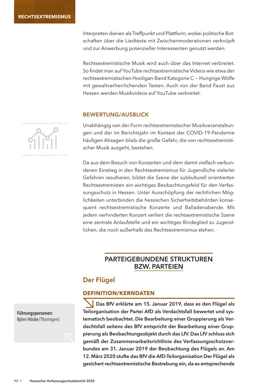 RECHTSEXTREMISMUS Interpreten dienen als Treffpunkt und Plattform, wobei politische Botschaften über die Liedtexte mit Zwischenmoderationen verknüpft und zur Anwerbung potenzieller Interessenten genutzt werden. Rechtsextremistische Musik wird auch über das Internet verbreitet. So findet man auf YouTube rechtsextremistische Videos wie etwa der rechtsextremistischen Hooligan-Band Kategorie C - Hungrige Wölfe mit gewaltverherrlichenden Texten. Auch von der Band Faust aus Hessen werden Musikvideos auf YouTube verbreitet. BEWERTUNG/AUSBLICK Unabhängig von der Form rechtsextremistischer Musikveranstaltungen und der im Berichtsjahr im Kontext der COVID-19-Pandemie häufigen Absagen blieb die große Gefahr, die von rechtsextremistischer Musik ausgeht, bestehen. Da aus dem Besuch von Konzerten und dem damit vielfach verbundenen Einstieg in den Rechtsextremismus für Jugendliche vielerlei Gefahren resultieren, bildet die Szene der subkulturell orientierten Rechtsextremisten ein wichtiges Beobachtungsfeld für den Verfassungsschutz in Hessen. Unter Ausschöpfung der rechtlichen Möglichkeiten unterbinden die hessischen Sicherheitsbehörden konsequent rechtsextremistische Konzerte und Balladenabende. Mit jedem verhinderten Konzert verliert die rechtsextremistische Szene eine zentrale Anlaufstelle und ein wichtiges Bindeglied zu Jugendlichen, die noch außerhalb des Rechtsextremismus stehen. PARTEIGEBUNDENE STRUKTUREN BZW. PARTEIEN Der Flügel DEFINITION/KERNDATEN Das BfV erklärte am 15. Januar 2019, dass es den Flügel als Führungspersonen: Teilorganisation der Partei AfD als Verdachtsfall bewertet und sysBjörn Höcke (Thüringen) tematisch beobachtet. Die Bearbeitung einer Gruppierung als Verdachtsfall seitens des BfV entspricht der Bearbeitung einer Grup- \ pierung als Beobachtungsobjekt durch das LfV. Das LfV schloss sich gemäß der Zusammenarbeitsrichtlinie des Verfassungsschutzverbundes am 31. Januar 2019 der Beobachtung des Flügels an. Am 12. März 2020 stufte das BfV die AfD-Teilorganisation Der Flügel als gesichert rechtsextremistische Bestrebung ein, da es entsprechende 90 - Hessischer Verfassungsschutzbericht 2020