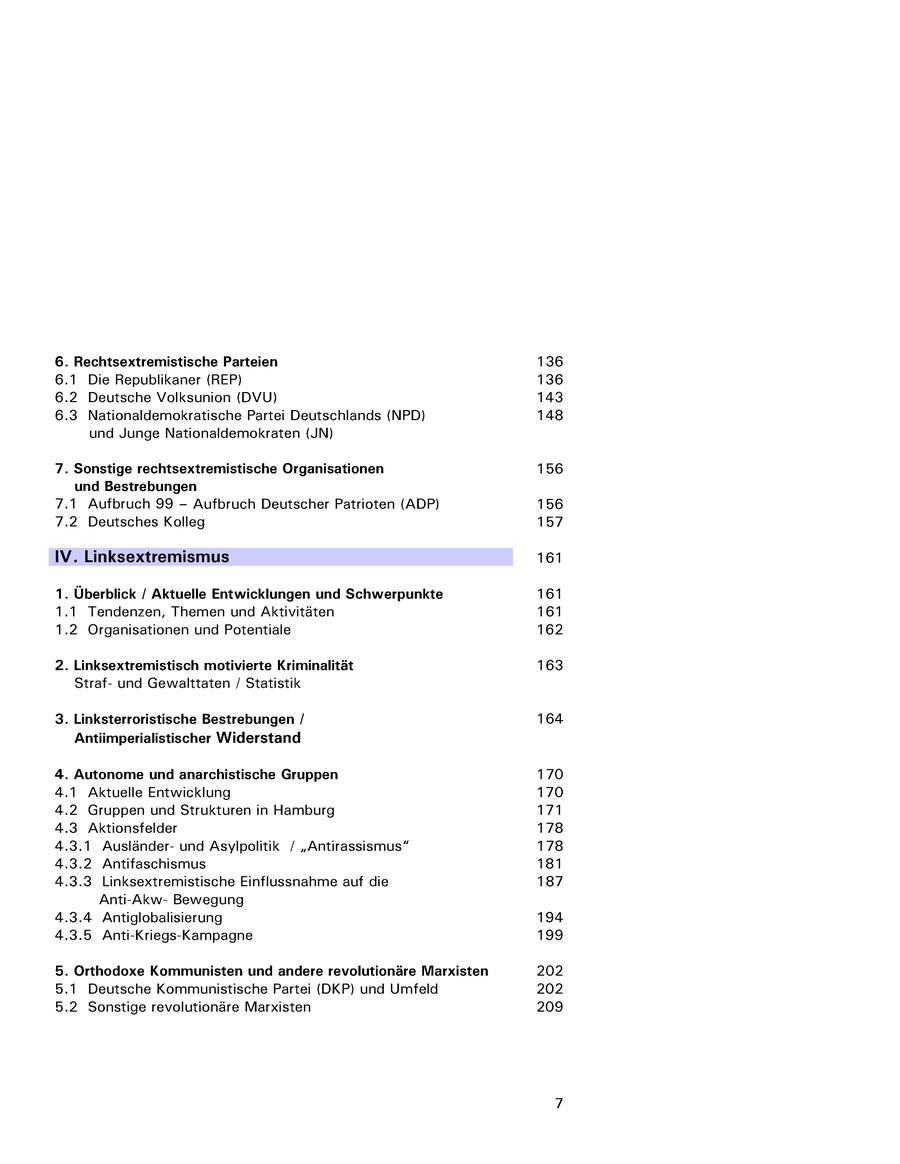 6. Rechtsextremistische Parteien 136 6.1 Die Republikaner (REP) 136 6.2 Deutsche Volksunion (DVU) 143 6.3 Nationaldemokratische Partei Deutschlands (NPD) 148 und Junge Nationaldemokraten (JN) 7. Sonstige rechtsextremistische Organisationen 156 und Bestrebungen 7.1 Aufbruch 99 - Aufbruch Deutscher Patrioten (ADP) 156 7.2 Deutsches Kolleg 157 IV. Linksextremismus 161 1. Überblick / Aktuelle Entwicklungen und Schwerpunkte 161 1.1 Tendenzen, Themen und Aktivitäten 161 1.2 Organisationen und Potentiale 162 2. Linksextremistisch motivierte Kriminalität 163 Strafund Gewalttaten / Statistik 3. Linksterroristische Bestrebungen / 164 Antiimperialistischer Widerstand 4. Autonome und anarchistische Gruppen 170 4.1 Aktuelle Entwicklung 170 4.2 Gruppen und Strukturen in Hamburg 171 4.3 Aktionsfelder 178 4.3.1 Ausländerund Asylpolitik / "Antirassismus" 178 4.3.2 Antifaschismus 181 4.3.3 Linksextremistische Einflussnahme auf die 187 Anti-AkwBewegung 4.3.4 Antiglobalisierung 194 4.3.5 Anti-Kriegs-Kampagne 199 5. Orthodoxe Kommunisten und andere revolutionäre Marxisten 202 5.1 Deutsche Kommunistische Partei (DKP) und Umfeld 202 5.2 Sonstige revolutionäre Marxisten 209